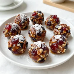 - 1 cup dried cherries, finely chopped - 1 cup graham cracker crumbs - 1 cup powdered sugar, plus extra for dusting - 1/2 cup pecans, toasted and finely chopped - 1/4 cup light corn syrup - 1 teaspoon pure vanilla extract - 1/4 cup unsweetened cherry juice - A pinch of sea salt - Mixing bowl - Spatula or wooden spoon - Baking sheet - Parchment paper When I make Cherry Bourbon Balls, I love the mix of sweet and nutty flavors. The dried cherries add a chewy bite and a burst of fruitiness. Graham cracker crumbs give the balls a great texture, making them easy to roll. The powdered sugar is key for sweetness and dusting, making the balls look nice. Toasted pecans add a rich, crunchy flavor that pairs well with the cherries. For the additional ingredients, light corn syrup helps bind everything together. Pure vanilla extract adds a warm, comforting taste that everyone loves. Cherry juice enhances the cherry flavor and makes the mixture moist. A pinch of sea salt balances the sweetness and elevates the overall flavor. In terms of tools, you will need a mixing bowl for combining all the ingredients. A spatula or wooden spoon works best to mix the dough. A baking sheet lined with parchment paper helps with easy cleanup and prevents sticking. These simple ingredients and tools come together to create a festive treat for the holidays. {{ingredient_image_2}} To start, get a large mixing bowl. In this bowl, add: - 1 cup dried cherries, finely chopped - 1 cup graham cracker crumbs - 1 cup powdered sugar Stir these dry ingredients well with a spatula. Make sure they mix evenly. Next, it's time to add the wet ingredients. Gently fold in: - 1/2 cup pecans, toasted and finely chopped - 1/4 cup light corn syrup - 1 teaspoon pure vanilla extract - 1/4 cup unsweetened cherry juice - A pinch of sea salt Mix until you see a moist dough form. This dough should stick together nicely. Now, with clean hands, scoop out small portions of the mixture. Roll them into balls that are about 1 inch in size. Place each ball on a parchment-lined baking sheet. This step helps to keep them from sticking. Once all the balls are shaped, cover the baking sheet tightly with plastic wrap. Refrigerate them for at least 2 hours. This chilling time is key. It helps the balls firm up and makes them easier to handle later. After they chill, take them out and roll each one in more powdered sugar for a sweet finish. Enjoy these treats chilled or at room temperature! To make cherry bourbon balls, the right consistency is key. You want the mixture to be moist but not too sticky. If it feels too dry, add a bit more cherry juice or corn syrup. If it's too wet, add more graham cracker crumbs. Rolling the balls smoothly can be tricky. Use clean hands and wet them slightly to help shape the mixture. This way, the dough won&rsquo;t stick to your fingers. Aim for balls that are about one inch wide. You can add extra flavors to your cherry bourbon balls. Consider mixing in a splash of almond extract for a nutty twist. A bit of orange zest can bring a fresh note. If you want them sweeter, add more powdered sugar when rolling. Adjusting sweetness is simple. If you prefer less sugar, cut back on the powdered sugar you roll them in. Just remember, the sugar adds a nice touch to the outer layer. Presentation can make your cherry bourbon balls look even more appealing. Dust them lightly with powdered sugar right before serving. This adds a snowy look that&rsquo;s festive. For garnishing, try placing whole pecans on top of each ball. You can also add a sprig of mint for a pop of color. Arrange them on a decorative platter for a beautiful display at your holiday table. Pro Tips Chill for Firmness: Ensure the bourbon balls chill for at least 2 hours to achieve the perfect firmness. This prevents them from falling apart when you roll them. Choose Quality Ingredients: Use high-quality dried cherries and pure vanilla extract to enhance the flavor of your bourbon balls significantly. Experiment with Nuts: Feel free to substitute pecans with walnuts or almonds for a different texture and flavor profile in your cherry bourbon balls. Storage Tips: Store any leftover bourbon balls in an airtight container in the refrigerator to keep them fresh and flavorful for up to a week. {{image_4}} You can change some ingredients in your cherry bourbon balls. If you want different nuts, use almonds or walnuts. Both add a nice crunch and flavor. If you need a sweetener swap, consider honey or maple syrup. These options give a richer taste without losing sweetness. Feel free to get creative with flavors! You can switch out bourbon for rum or brandy. Each spirit brings its unique twist to the dish. Adding spices like cinnamon or nutmeg can also enhance the taste. A few drops of almond or orange extract will give it a fresh spin! Cherry bourbon balls are great for any season. For the holidays, add festive spices like ginger or cloves. You can even roll them in colored sugar to match the season. For events like birthdays, try using fun sprinkles instead of powdered sugar. These small changes make them perfect for any celebration! Store your cherry bourbon balls in the fridge. This keeps them fresh and tasty. Place them in an airtight container. This helps maintain their texture and flavor. If you don&rsquo;t have a container, wrap them tightly in plastic wrap. These treats stay fresh for about two weeks in the fridge. If they look dry or have an off smell, it&rsquo;s time to toss them. Freshness is key for the best taste. To freeze your bourbon balls, first, let them cool. Then, place them on a baking sheet in a single layer. Freeze them for about one hour. Once firm, transfer the balls to an airtight container or freezer bag. They can last up to three months in the freezer. When you&rsquo;re ready to enjoy them, take them out and let them thaw in the fridge. This helps keep their flavor intact and makes them easy to eat. Cherry bourbon balls are sweet, no-bake treats. They blend dried cherries, graham crackers, and bourbon. This dessert is a festive favorite. It likely originated in the Southern U.S., where bourbon is popular. Each bite offers a mix of sweetness and nutty flavor. They are perfect for holiday gatherings or as gifts. Yes, you can make these balls ahead. They stay fresh in the fridge for up to two weeks. Make them a few days before your event to save time. Once formed, just refrigerate them until you're ready to serve. This makes party prep easier and stress-free. Yes, you can easily make gluten-free cherry bourbon balls. Swap graham cracker crumbs for gluten-free alternatives. Look for gluten-free cookies or crumbs in stores. Ensure your other ingredients, like nuts and bourbon, are also gluten-free. This way, everyone can enjoy these treats. You can serve cherry bourbon balls in various ways. Place them on a decorative platter for a nice display. Dust them with extra powdered sugar for a sweet touch. Adding whole pecans or mint leaves can enhance their look. They can be served chilled or at room temperature. Enjoy them during festive gatherings or casual get-togethers. Cherry bourbon balls mix tasty ingredients and fun steps. You learned about key ingredients, tools, and methods. I shared tips to enhance flavor and make your treats look great. You can try variations for holidays or special events. Remember to store them right to enjoy their best taste. These treats are not just tasty; they are memorable. Enjoy making and sharing them with friends and family!