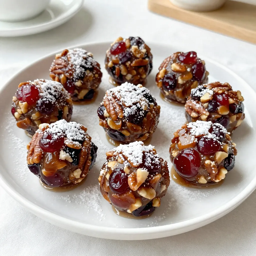 - 1 cup dried cherries, finely chopped - 1 cup graham cracker crumbs - 1 cup powdered sugar, plus extra for dusting - 1/2 cup pecans, toasted and finely chopped - 1/4 cup light corn syrup - 1 teaspoon pure vanilla extract - 1/4 cup unsweetened cherry juice - A pinch of sea salt - Mixing bowl - Spatula or wooden spoon - Baking sheet - Parchment paper When I make Cherry Bourbon Balls, I love the mix of sweet and nutty flavors. The dried cherries add a chewy bite and a burst of fruitiness. Graham cracker crumbs give the balls a great texture, making them easy to roll. The powdered sugar is key for sweetness and dusting, making the balls look nice. Toasted pecans add a rich, crunchy flavor that pairs well with the cherries. For the additional ingredients, light corn syrup helps bind everything together. Pure vanilla extract adds a warm, comforting taste that everyone loves. Cherry juice enhances the cherry flavor and makes the mixture moist. A pinch of sea salt balances the sweetness and elevates the overall flavor. In terms of tools, you will need a mixing bowl for combining all the ingredients. A spatula or wooden spoon works best to mix the dough. A baking sheet lined with parchment paper helps with easy cleanup and prevents sticking. These simple ingredients and tools come together to create a festive treat for the holidays. {{ingredient_image_2}} To start, get a large mixing bowl. In this bowl, add: - 1 cup dried cherries, finely chopped - 1 cup graham cracker crumbs - 1 cup powdered sugar Stir these dry ingredients well with a spatula. Make sure they mix evenly. Next, it's time to add the wet ingredients. Gently fold in: - 1/2 cup pecans, toasted and finely chopped - 1/4 cup light corn syrup - 1 teaspoon pure vanilla extract - 1/4 cup unsweetened cherry juice - A pinch of sea salt Mix until you see a moist dough form. This dough should stick together nicely. Now, with clean hands, scoop out small portions of the mixture. Roll them into balls that are about 1 inch in size. Place each ball on a parchment-lined baking sheet. This step helps to keep them from sticking. Once all the balls are shaped, cover the baking sheet tightly with plastic wrap. Refrigerate them for at least 2 hours. This chilling time is key. It helps the balls firm up and makes them easier to handle later. After they chill, take them out and roll each one in more powdered sugar for a sweet finish. Enjoy these treats chilled or at room temperature! To make cherry bourbon balls, the right consistency is key. You want the mixture to be moist but not too sticky. If it feels too dry, add a bit more cherry juice or corn syrup. If it's too wet, add more graham cracker crumbs. Rolling the balls smoothly can be tricky. Use clean hands and wet them slightly to help shape the mixture. This way, the dough won’t stick to your fingers. Aim for balls that are about one inch wide. You can add extra flavors to your cherry bourbon balls. Consider mixing in a splash of almond extract for a nutty twist. A bit of orange zest can bring a fresh note. If you want them sweeter, add more powdered sugar when rolling. Adjusting sweetness is simple. If you prefer less sugar, cut back on the powdered sugar you roll them in. Just remember, the sugar adds a nice touch to the outer layer. Presentation can make your cherry bourbon balls look even more appealing. Dust them lightly with powdered sugar right before serving. This adds a snowy look that’s festive. For garnishing, try placing whole pecans on top of each ball. You can also add a sprig of mint for a pop of color. Arrange them on a decorative platter for a beautiful display at your holiday table. Pro Tips Chill for Firmness: Ensure the bourbon balls chill for at least 2 hours to achieve the perfect firmness. This prevents them from falling apart when you roll them. Choose Quality Ingredients: Use high-quality dried cherries and pure vanilla extract to enhance the flavor of your bourbon balls significantly. Experiment with Nuts: Feel free to substitute pecans with walnuts or almonds for a different texture and flavor profile in your cherry bourbon balls. Storage Tips: Store any leftover bourbon balls in an airtight container in the refrigerator to keep them fresh and flavorful for up to a week. {{image_4}} You can change some ingredients in your cherry bourbon balls. If you want different nuts, use almonds or walnuts. Both add a nice crunch and flavor. If you need a sweetener swap, consider honey or maple syrup. These options give a richer taste without losing sweetness. Feel free to get creative with flavors! You can switch out bourbon for rum or brandy. Each spirit brings its unique twist to the dish. Adding spices like cinnamon or nutmeg can also enhance the taste. A few drops of almond or orange extract will give it a fresh spin! Cherry bourbon balls are great for any season. For the holidays, add festive spices like ginger or cloves. You can even roll them in colored sugar to match the season. For events like birthdays, try using fun sprinkles instead of powdered sugar. These small changes make them perfect for any celebration! Store your cherry bourbon balls in the fridge. This keeps them fresh and tasty. Place them in an airtight container. This helps maintain their texture and flavor. If you don’t have a container, wrap them tightly in plastic wrap. These treats stay fresh for about two weeks in the fridge. If they look dry or have an off smell, it’s time to toss them. Freshness is key for the best taste. To freeze your bourbon balls, first, let them cool. Then, place them on a baking sheet in a single layer. Freeze them for about one hour. Once firm, transfer the balls to an airtight container or freezer bag. They can last up to three months in the freezer. When you’re ready to enjoy them, take them out and let them thaw in the fridge. This helps keep their flavor intact and makes them easy to eat. Cherry bourbon balls are sweet, no-bake treats. They blend dried cherries, graham crackers, and bourbon. This dessert is a festive favorite. It likely originated in the Southern U.S., where bourbon is popular. Each bite offers a mix of sweetness and nutty flavor. They are perfect for holiday gatherings or as gifts. Yes, you can make these balls ahead. They stay fresh in the fridge for up to two weeks. Make them a few days before your event to save time. Once formed, just refrigerate them until you're ready to serve. This makes party prep easier and stress-free. Yes, you can easily make gluten-free cherry bourbon balls. Swap graham cracker crumbs for gluten-free alternatives. Look for gluten-free cookies or crumbs in stores. Ensure your other ingredients, like nuts and bourbon, are also gluten-free. This way, everyone can enjoy these treats. You can serve cherry bourbon balls in various ways. Place them on a decorative platter for a nice display. Dust them with extra powdered sugar for a sweet touch. Adding whole pecans or mint leaves can enhance their look. They can be served chilled or at room temperature. Enjoy them during festive gatherings or casual get-togethers. Cherry bourbon balls mix tasty ingredients and fun steps. You learned about key ingredients, tools, and methods. I shared tips to enhance flavor and make your treats look great. You can try variations for holidays or special events. Remember to store them right to enjoy their best taste. These treats are not just tasty; they are memorable. Enjoy making and sharing them with friends and family!