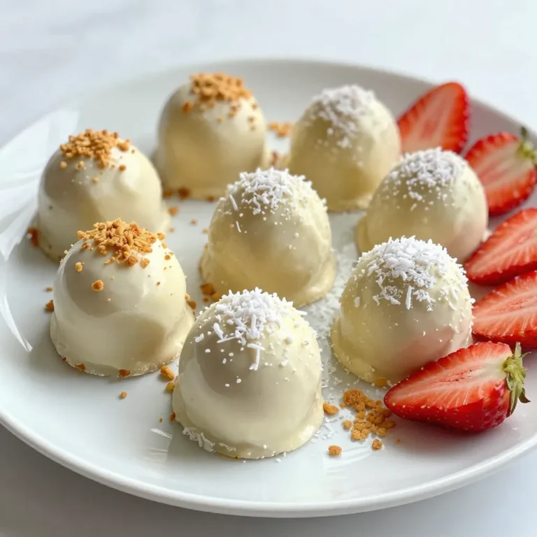 - White chocolate chips: These chips are the base for our truffles. They melt into a creamy, sweet blend that pairs perfectly with strawberries. - Heavy cream: This adds richness and smoothness. It helps create that soft, melt-in-your-mouth texture we all love. - Fresh strawberries: Using pureed strawberries gives a vibrant flavor. They bring a burst of freshness and a lovely pink color to our truffles. - Vanilla extract: This adds a warm, aromatic note. A little vanilla enhances the sweet, fruity flavor of the truffles. - Graham cracker crumbs: These crumbs add a crunchy texture. They create a nice contrast to the creamy truffles. - Shredded coconut: This optional ingredient adds a tropical twist. Choose sweetened or unsweetened coconut based on your taste. - Pinch of salt: Salt balances sweetness and enhances flavors. Just a small amount makes a big difference in the taste. Each ingredient plays a key role in making these white chocolate strawberry truffles a delightful treat. Enjoy the mix of flavors and textures as you create these delicious bites! {{ingredient_image_2}} 1. Heating the heavy cream to the right temperature Start by pouring 1/2 cup of heavy cream into a small saucepan. Heat it over medium flame. Stir gently until it simmers. Keep a close watch to avoid boiling. 2. Melting the white chocolate correctly Once the cream is simmering, take it off the heat. Add 1 cup of white chocolate chips right away. Stir continuously until the chocolate melts fully. You want a silky smooth mixture. 3. Combining strawberry puree and vanilla extract Next, fold in 1 cup of pureed strawberries and 1 teaspoon of vanilla extract. Make sure to blend evenly. Add a pinch of salt to bring out the flavors. 4. Cooling and setting the mixture Allow the mixture to cool to room temperature. Cover it with plastic wrap and place it in the fridge. Let it chill for 1-2 hours until it firms up. 1. Techniques for scooping the mixture When the mixture is set, use a melon baller or small cookie scoop. Aim for uniform balls about 1 inch wide. This helps them cook evenly. 2. Rolling truffles for a smooth finish With clean hands, roll each ball gently. This step refines the shape and ensures a smooth surface. 1. Options for rolling in graham cracker crumbs Roll each truffle in 1/2 cup of graham cracker crumbs. Ensure they are fully coated. This adds a nice crunch. 2. Adding shredded coconut for a gourmet touch For an extra treat, lightly dust with 1/4 cup of shredded coconut. You can choose sweetened or unsweetened based on your taste. 3. Arranging truffles for serving Place the finished truffles on a parchment-lined tray. This prevents them from sticking. Chill them in the fridge for another 30 minutes before serving. To know when the chocolate is smooth, look for a shiny and glossy finish. Stir the mixture gently. If you see lumps, keep stirring until it’s silky. This means the chocolate is ready. For the right firmness, refrigerate the mixture for 1-2 hours. This cooling time helps it set. Check it after an hour. You want it firm but not too hard to scoop. When melting chocolate, watch closely. If the cream boils, it can seize. Remove it from the heat just as it simmers. This helps keep the chocolate smooth. Ensure even coating of truffles by rolling gently. If you press too hard, the truffle can lose its shape. A light touch works best for a nice finish. For elegant serving, use a decorative box or a beautiful platter. Place the truffles in a neat row. This adds a touch of class to your presentation. For garnishing, use strawberry slices and extra graham cracker crumbs. This makes the truffles look inviting and tasty. You can even sprinkle a bit of shredded coconut on top for extra flair. Pro Tips Use Quality Chocolate: Opt for high-quality white chocolate chips for a smoother texture and richer flavor in your truffles. Chill for Best Results: Allow the truffle mixture to chill longer if it's too soft to scoop, ensuring perfectly shaped truffles. Experiment with Coatings: Try different coatings like crushed nuts or sprinkles for a unique twist on the traditional graham cracker crumbs. Fresh Strawberries Matter: Use ripe, fresh strawberries for the best flavor; frozen strawberries can make the mixture watery. {{image_4}} You can change things up with your truffles by using different chocolates. Dark or milk chocolate both work great. They each bring unique flavors. Dark chocolate gives a rich taste, while milk chocolate adds sweetness. You can also add other fruit purees. Try raspberry or blueberry for a fun twist. These fruits mix well with the white chocolate and strawberries. They also add a nice pop of color. To make these truffles vegan, swap out the heavy cream. Use coconut cream or almond milk instead. You can also find vegan white chocolate. This way, everyone can enjoy them! For a gluten-free option, use gluten-free graham cracker crumbs. Many brands offer this now, so you have choices. It keeps the truffles safe for those with gluten allergies. You can create seasonal truffles for special occasions. For Christmas, add peppermint extract for a festive flavor. This makes them perfect for holiday treats. For Valentine’s Day, use heart-shaped molds. You can also sprinkle pink sea salt on top for a romantic touch. These small changes make your truffles even more special and fun! To keep your white chocolate strawberry truffles fresh, store them in an airtight container. Place parchment paper between layers to avoid sticking. This method keeps the truffles from losing their shape and flavor. In the refrigerator, these truffles can last up to two weeks. Always check for any off smells or changes in texture before eating. If you want to save truffles for later, you can freeze them. To do this, place the truffles on a baking sheet. Make sure they are not touching each other. Freeze them for about one hour until firm. Once solid, transfer the truffles to an airtight container. They can stay frozen for up to three months. To thaw, move them to the refrigerator for several hours before serving. This method helps keep their texture and taste intact. Enjoy your truffles even after a long time! You can use yogurt-covered snacks as a sweet option. Another choice is carob chips. Both provide a different taste but still work well in the recipe. Frozen strawberries can work, but they change the texture. They may make your truffles watery. Fresh strawberries give a brighter flavor and smoother texture, so I recommend using them. These truffles can last about two hours at room temperature. After that, they should go in the fridge to stay fresh. Keeping them cool helps maintain their creamy texture. Yes, you can make these truffles ahead of time. Store them in an airtight container in the fridge. They stay fresh for about a week. Just remember to let them sit at room temperature for a few minutes before serving. In this blog post, we explored how to create delicious white chocolate truffles. We covered the key ingredients, from fresh strawberries to creamy white chocolate. You learned step-by-step instructions for preparation, shaping, and coating truffles. I shared tips to avoid common mistakes and variations for every taste. To keep your truffles fresh, proper storage is vital. Enjoy crafting these treats, whether for a special occasion or everyday delight. Your truffle-making journey starts now, so get creative and have fun!