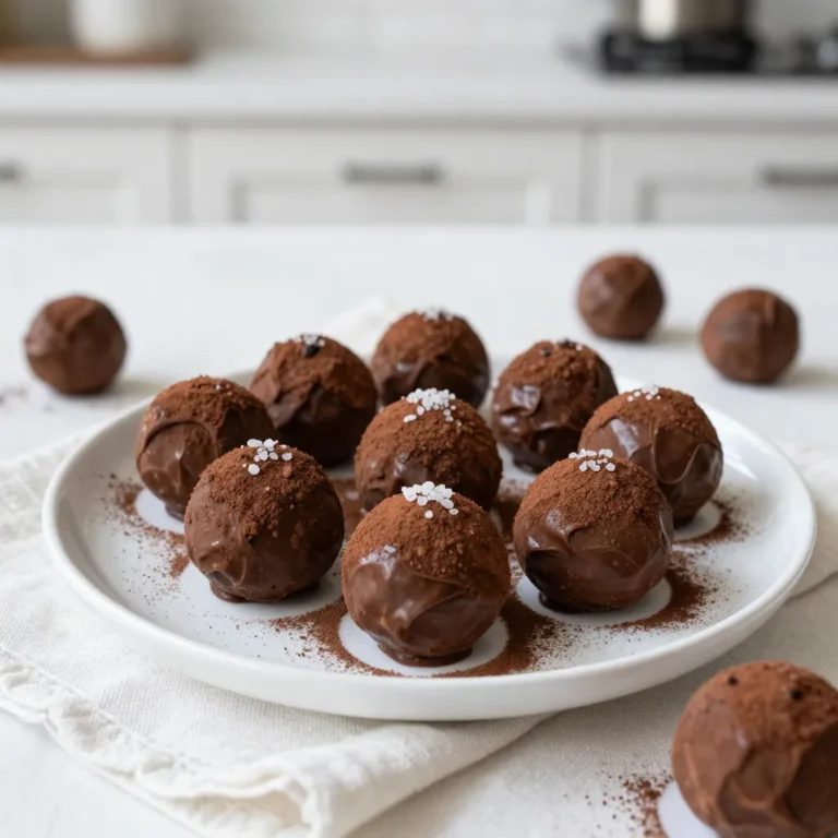 To make salted caramel fudge truffles, you need the following ingredients: - 1 cup heavy cream - 1 cup dark chocolate chips (60-70% cacao) - 1/2 cup granulated sugar - 1/4 cup unsalted butter - 1 teaspoon sea salt (plus extra for topping) - 1 teaspoon vanilla extract - 1/2 cup cocoa powder (for rolling) - 1/2 cup crushed nuts or sprinkles (optional, for rolling) Each ingredient plays a vital role in creating a rich and tasty treat. The heavy cream adds creaminess, while the dark chocolate brings deep flavor. Granulated sugar forms the base for the caramel, and unsalted butter creates a smooth texture. Sea salt balances the sweetness with a salty kick. Vanilla extract enhances the overall flavor. Finally, cocoa powder and optional toppings add an appealing finish to your truffles. Enjoy gathering these ingredients; they will lead you to a delightful dessert experience! {{ingredient_image_2}} 1. In a medium saucepan, combine 1/2 cup of granulated sugar and 1/4 cup of water. 2. Heat it over medium flames while gently stirring until the sugar dissolves. 3. Once the sugar dissolves, stop stirring. Let it boil undisturbed. 4. Watch closely as it turns a rich, deep amber color in about 8-10 minutes. 5. Immediately mix in 1 cup of heavy cream. Expect a lot of bubbling. 6. Stir continuously until the mixture blends well. 7. Add 1/4 cup of unsalted butter and 1 teaspoon of sea salt. 8. Mix until the caramel is smooth and silky. Remove the pan from heat. 1. In a large bowl, place 1 cup of dark chocolate chips. 2. Pour the hot caramel mixture over the chocolate. 3. Let it sit for 1-2 minutes to soften the chocolate. 4. Using a spatula, stir gently until all chocolate melts. 5. Add 1 teaspoon of vanilla extract and mix until smooth. 1. Cover the bowl tightly and refrigerate for about 2 hours. 2. Once chilled, use a melon baller or your hands to scoop the fudge. 3. Shape small balls, about 1 inch in diameter. 4. Roll each ball in 1/2 cup of cocoa powder, crushed nuts, or sprinkles. 5. Place the truffles on a tray lined with parchment paper. 6. Top each truffle with a tiny pinch of extra sea salt. 7. Chill in the fridge for at least 30 minutes before serving. To make the best caramel, use a candy thermometer. Aim for a temperature of 350°F. This will give you that rich, deep amber color. Stir the sugar and water until it dissolves. After that, stop stirring to avoid crystallization. Watch the mixture closely because it can burn fast. If you see dark spots, it’s too late. You can roll your truffles in cocoa powder, nuts, or colorful sprinkles. Cocoa powder gives a classic look and rich taste. Crushed nuts add a nice crunch and flavor. Sprinkles bring fun and color, making them perfect for parties. For a great presentation, serve them on a nice platter. A sprinkle of sea salt on top adds a touch of flair. Store your truffles in an airtight container in the fridge. They stay fresh for about two weeks. If you want to keep them longer, you can freeze them. Just make sure to wrap them well to avoid freezer burn. Thaw them in the fridge before enjoying. Pro Tips Monitor the Caramel Closely: Caramel can go from perfect to burnt in seconds, so keep an eye on it as it cooks to achieve that beautiful amber color. Let the Chocolate Rest: Allowing the hot caramel mixture to sit on the chocolate chips for a couple of minutes ensures a smoother melting process. Chill for Easy Handling: Make sure the fudge mixture is firm enough after chilling; this will make it much easier to scoop and roll into truffles. Experiment with Coatings: Don’t be afraid to get creative! Try different toppings like shredded coconut or flavored sprinkles to add a unique twist to your truffles. {{image_4}} You can boost the flavor of your salted caramel fudge truffles in fun ways. To infuse flavors, consider adding: - A dash of espresso powder for a coffee kick. - A splash of orange zest for a bright citrus note. - A teaspoon of almond extract for a nutty twist. You can also switch up the chocolate. Instead of dark chocolate, try: - Milk chocolate for a sweeter treat. - White chocolate for a creamy flavor. Making truffles for different diets is easy. For vegan or dairy-free options, use: - Coconut cream instead of heavy cream. - Dairy-free chocolate chips to keep it plant-based. If you need a sugar-free option, try: - Erythritol or stevia in place of granulated sugar. - Sugar-free chocolate chips to reduce sugar content. Salted caramel fudge truffles make great gifts or treats for events. For themed decorations, you can: - Use colored sprinkles for birthdays. - Add festive designs for holidays, like red and green for Christmas. To customize for events, consider: - Creating a signature flavor to match the theme. - Presenting truffles in cute boxes or jars with ribbons. You can find high-quality truffles online at various retailers. Websites like Amazon or specialty chocolate shops often have gourmet options. Look for brands that focus on rich flavors and quality ingredients. If you want something local, check out nearby patisseries. Many bakeries make their own truffles. Ask if they have salted caramel varieties. This way, you support local businesses while enjoying a sweet treat. Homemade truffles offer a personal touch. However, store-bought options save time. When comparing, consider taste and texture. Homemade truffles let you control the flavors and quality. Store-bought ones can sometimes lack the richness you desire. For ready-made truffles, brands like Godiva or Lindt are reliable. They offer a good mix of flavors, including salted caramel. These brands are often available in grocery stores or online. Always check the ingredient list for quality assurance. To prevent burning, watch your caramel closely. - Start with medium heat to dissolve sugar. - Once it boils, stop stirring. - Keep an eye on the color. - Look for a deep amber shade, which takes about 8-10 minutes. - If you see smoke or a dark brown color, it’s overcooked. This careful monitoring helps you achieve a perfect caramel. Remember, caramel can go from great to burnt in seconds. Yes, you can freeze salted caramel fudge truffles. - Place them in an airtight container. - Separate layers with parchment paper to avoid sticking. - Freeze for up to three months. To thaw, move them to the fridge overnight. Avoid thawing at room temperature to keep them fresh. If you need a substitute for heavy cream, try these options: - Coconut cream adds richness and flavor. - Whole milk can work, but use 1/4 cup of butter to add fat. - Cashew cream is great for a dairy-free option. These alternatives will give you a creamy texture in your truffles. Choose based on your taste and dietary needs. In this post, we explored how to make salted caramel fudge truffles. You learned about the key ingredients, step-by-step instructions, and tips to perfect your truffles. We also discussed creative variations and where to buy high-quality options. These truffles are a delicious treat for any occasion. Remember to store them properly for the best flavor. Enjoy making and sharing these delights—they will surely impress anyone who tries them!