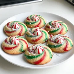 To make delightful peppermint swirl cookies, gather these ingredients: - 2 cups all-purpose flour - 1 teaspoon baking powder - 1/2 teaspoon salt - 1/2 cup unsalted butter, softened - 1 cup granulated sugar - 1 large egg - 1 teaspoon pure vanilla extract - 1 teaspoon pure peppermint extract - 1/4 cup crushed peppermint candies or candy canes - Red and green gel food coloring - Optional: powdered sugar for dusting These ingredients blend together to create a festive treat. The butter adds richness, while peppermint brings a fresh taste. The colors from the food dye make the cookies pop. The crushed candies give them a fun crunch. This combination makes baking these cookies a joy. {{ingredient_image_2}} - Preheat oven to 350&deg;F (175&deg;C). - Line baking sheet with parchment paper. To start, whisk together the flour, baking powder, and salt in a medium bowl. This step helps mix the dry ingredients evenly. In a separate large bowl, cream the softened butter and sugar until fluffy. This should take about 3-5 minutes. Next, add the egg, vanilla, and peppermint extracts. Mix until smooth and well combined. Now, gradually combine the dry ingredients with the wet mixture. Mix on low speed until you see a cohesive dough form. Divide the dough into two equal parts. Fold in the crushed peppermint candies into one half. For the other half, add a few drops of red gel food coloring. Mix until it turns a bright red. Optionally, you can add green coloring for extra fun. Scoop about 1 tablespoon of each colored dough. Roll them into small balls. Press the red dough ball against the peppermint dough ball. Roll them together to create a beautiful swirl shape. Place the swirled dough balls onto the baking sheet. Leave about 2 inches of space between each ball. Bake for 10-12 minutes. The edges should be lightly golden. Let them cool for 5 minutes on the baking sheet before transferring them to a wire rack to cool completely. - Make sure your butter is soft. This helps create a fluffy texture. - Don&rsquo;t overmix once you add the flour. This keeps cookies tender and light. - Dust cookies with powdered sugar for a pretty touch. It looks like snow! - Adjust the amount of crushed peppermint based on your taste. More candy means more flavor! - Keep an eye on your cookies. Overbaking can make them hard. - Let cookies cool completely for the best texture. Warm cookies can be too soft. Pro Tips Chill the Dough: For better shaping and less spreading, chill the dough for 30 minutes before forming the cookies. Use Fresh Peppermint Extract: Ensure your peppermint extract is fresh for the best flavor; older extracts can lose their potency. Uniform Size: Use a cookie scoop to ensure all cookies are the same size for even baking. Decorative Touch: For an extra festive look, drizzle melted white chocolate over the cooled cookies before serving. {{image_4}} You can change the taste of your cookies easily. Try using almond extract instead of peppermint. This will give a nice twist. You can also mix in chocolate chips or white chocolate. These add richness and sweetness to each bite. Experiment with different flavors to find your favorite. The look of your cookies can be fun too. Use food coloring to create bright swirls. Try using red, green, or even blue for a unique touch. You can also use different cookie cutters to create shapes. Stars, hearts, or holiday-themed shapes make your cookies stand out. If you need a gluten-free option, swap regular flour for gluten-free flour. This keeps the cookie soft and tasty. For lower sugar cookies, you can use sugar substitutes. These options allow more people to enjoy your festive treats. To keep your cookies fresh, store them in an airtight container at room temperature. This will help maintain their soft texture. If you stack the cookies, place parchment paper between the layers. This prevents them from sticking together. You can freeze uncooked dough if you want to bake later. Just wrap it tightly in plastic wrap and place it in a freezer bag. You can also freeze baked cookies for up to three months. This is great for saving some for later. These cookies last about 5 to 7 days at room temperature. Check for signs of staleness or loss of flavor. If they become hard or lose their peppermint taste, it's time to toss them. Enjoy your festive treats while they are fresh! To make these cookies vegan, swap butter for a vegan alternative. Use a flax egg instead of a regular egg. This keeps the taste and texture similar while making it plant-based. Yes, you can use regular sugar. However, it may change the cookie's texture slightly. Granulated sugar helps achieve the right balance of sweetness and crunch. The best way to crush peppermint candies is simple. Use a zip-top bag and a rolling pin. This method keeps the mess down and gives you nice, even pieces. You can easily make these cookies more festive. Add colorful sprinkles or drizzle melted chocolate on top. These small touches can make your cookies pop! If your dough is too sticky, don&rsquo;t worry. Just add additional flour in small increments. Keep mixing until the dough becomes workable and easy to handle. These peppermint swirl cookies are fun and easy to make. You now know the ingredients and steps needed. We explored helpful tips for baking and decorating, plus variations to try. If you store them right, they last several days or freeze well. Don&rsquo;t hesitate to adjust the recipe to fit your taste. Now, gather your ingredients and enjoy baking these festive cookies!