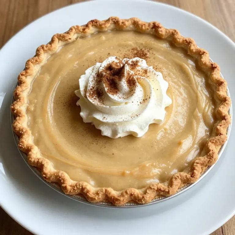 To make a delicious creamy cinnamon pie, gather these simple ingredients: - 1 pre-made pie crust (9-inch) - 1 cup heavy cream - 1 cup sweetened condensed milk - 2 large eggs - 1 teaspoon pure vanilla extract - 2 teaspoons ground cinnamon - 1/4 teaspoon freshly grated nutmeg - 1/4 cup granulated sugar - 1 tablespoon cornstarch - Whipped cream, for topping - Ground cinnamon, for garnish These ingredients blend together to create a rich, creamy filling. The heavy cream and sweetened condensed milk give the pie its luscious texture. The eggs help set the filling while adding a nice richness. Ground cinnamon and nutmeg bring warmth and spice, making every bite feel cozy. The pre-made pie crust saves time and effort, allowing you to focus on the filling. You can also make your own crust if you prefer! The whipped cream on top adds a light touch and a sweet finish. Dusting with ground cinnamon at the end makes the pie look and taste even better. Gather these items, and you're ready to create a delightful dessert that will impress everyone! {{ingredient_image_2}} - Preheat the oven to 350°F (175°C). - Take your pre-made pie crust and fit it snugly into a pie dish. - Use a fork to gently prick the bottom and sides of the crust. - This step helps prevent bubbling during baking. - Place the crust in the oven and pre-bake for 10 minutes. - Carefully remove it from the oven and let it cool slightly. - In a large bowl, combine 1 cup of heavy cream and 1 cup of sweetened condensed milk. - Whisk them together until smooth and well mixed. - Next, add 2 large eggs, 1 teaspoon of pure vanilla extract, and spices. - Include 2 teaspoons of ground cinnamon and 1/4 teaspoon of freshly grated nutmeg. - Add 1/4 cup of granulated sugar and 1 tablespoon of cornstarch. - Whisk everything until fully integrated and silky smooth. - Gently pour the creamy filling into the prepared pie crust. - Use a spatula to spread it evenly. - Carefully place the pie in the oven and bake for 25-30 minutes. - Look for a lightly golden top and a slight jiggle in the center. - Once done baking, remove the pie from the oven. - Let it cool completely at room temperature. - After cooling, cover the pie and refrigerate for at least 2 hours. - This chilling makes the pie firm and delicious! To get a creamy pie, mix well. When you whisk the cream and condensed milk, do it until smooth. This step helps blend air into the mix. Next, add the eggs and spices. Whisk again to combine everything. If you want to change the flavor, adjust the spices. Add more cinnamon for a stronger taste or a touch of nutmeg for warmth. Make your pie look as good as it tastes! Top it with fluffy whipped cream. You can also add fresh fruit or chocolate shavings for fun. A light sprinkle of ground cinnamon adds beauty and flavor. Serve the pie chilled for the best taste. Enjoy it with family and friends for a delightful treat! Pro Tips Tip for a Flakier Crust: For an even flakier pie crust, consider chilling the crust for 30 minutes before baking. This helps the fats solidify, resulting in a crispier texture. Perfecting the Filling: Make sure to whisk the filling until completely smooth to avoid any lumps. This ensures a creamy texture throughout the pie. Checking for Doneness: When baking, look for a lightly golden top and a slight jiggle in the center. This indicates that the pie is creamy yet set, preventing overbaking. Chill for Best Flavor: Letting the pie chill for at least 2 hours enhances the flavors and helps it set better, making it easier to slice. {{image_4}} You can easily switch up the flavor of this pie. Try adding chocolate or caramel for a rich twist. Melted chocolate can mix right into the filling. This makes it dreamy and decadent. If you love caramel, swirl some into the filling before baking. It adds a sweet surprise! Another fun idea is to change the nuts. If you want a crunch, add chopped pecans or walnuts. They give a nice texture and flavor. You could even use almonds for a lighter touch. Each nut brings its own taste, so feel free to experiment! Not a fan of the classic crust? No problem! A graham cracker crust works wonderfully too. Just crush the crackers and mix them with melted butter. Press this mix into a pie dish, and you have a tasty base. If you need a gluten-free option, look for gluten-free pie crusts. They’re easy to find at most stores. You can also make your own with gluten-free flour. This way, everyone can enjoy this creamy pie! To keep your creamy cinnamon pie fresh, store it in the fridge. Cover the pie with plastic wrap or aluminum foil. This helps keep moisture in and prevents the pie from drying out. Your pie can last up to four days in the fridge. If you want to save it for longer, freezing is a great option. Wrap the pie tightly in plastic wrap and then in aluminum foil. This will help prevent freezer burn. The pie can stay good in the freezer for up to three months. When you are ready to eat it, thaw it in the fridge overnight. When you want to enjoy a slice of pie again, reheating is easy. The best method is to use the oven. Preheat the oven to 350°F (175°C). Place a slice of pie on a baking sheet and warm it for about 10-15 minutes. This will help keep it creamy and delicious. You can also use the microwave for a quick reheat. Place a slice on a microwave-safe plate. Heat it for about 20-30 seconds. This method is faster but may not warm it evenly. Enjoy your pie warm with whipped cream on top! To reduce the sweetness in your creamy cinnamon pie, try these tips: - Use less sweetened condensed milk. - Cut back on the granulated sugar. - Add a pinch of salt to balance flavors. - Use unsweetened whipped cream on top. These changes will still give you a tasty pie without too much sweetness. Yes, you can use a homemade pie crust. Just make sure it fits a 9-inch pie dish. Roll it out evenly and prick the bottom to avoid bubbling. Pre-bake it for about 10 minutes at 350°F. This step helps set it before adding the filling. You can keep the creamy cinnamon pie in the fridge for up to four days. Be sure to cover it well with plastic wrap or foil. This keeps it fresh and helps prevent it from absorbing other fridge odors. If you need a substitute for heavy cream, consider these options: - Use coconut cream for a dairy-free choice. - Blend milk with melted butter for a quick fix. - Use half-and-half for a lighter option. These substitutes can work well in your pie recipe, though they may alter the texture a bit. You now have all the steps to create a delicious pie. We covered the ingredients, baking process, and tips for perfect creaminess. I shared ways to make this pie your own with fun flavor twists and crust options. Remember to store leftovers correctly to enjoy later. Whether you try a new topping or flavor, each pie will be unique. Enjoy your cooking adventure and impress your friends and family with this delightful dessert!