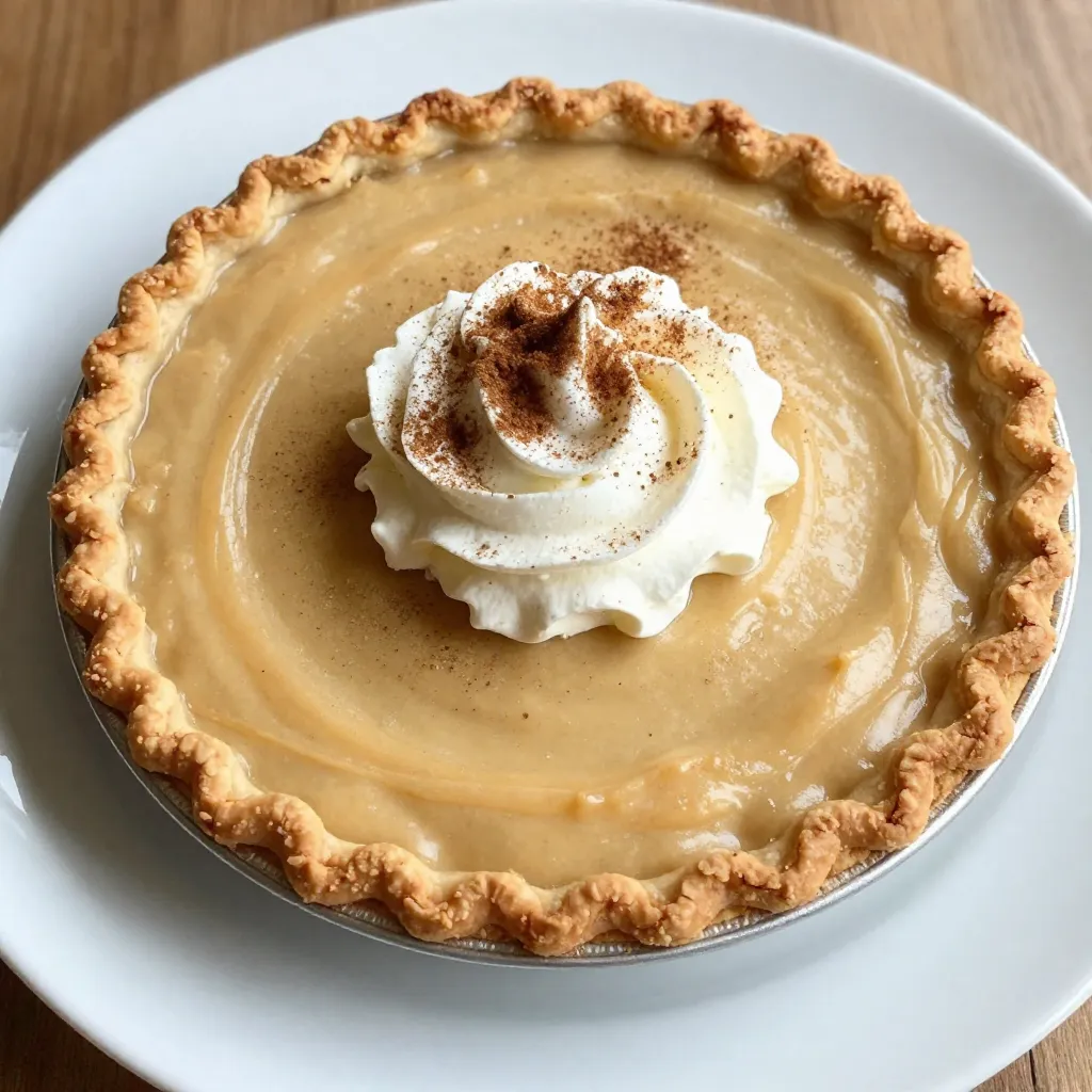 To make a delicious creamy cinnamon pie, gather these simple ingredients: - 1 pre-made pie crust (9-inch) - 1 cup heavy cream - 1 cup sweetened condensed milk - 2 large eggs - 1 teaspoon pure vanilla extract - 2 teaspoons ground cinnamon - 1/4 teaspoon freshly grated nutmeg - 1/4 cup granulated sugar - 1 tablespoon cornstarch - Whipped cream, for topping - Ground cinnamon, for garnish These ingredients blend together to create a rich, creamy filling. The heavy cream and sweetened condensed milk give the pie its luscious texture. The eggs help set the filling while adding a nice richness. Ground cinnamon and nutmeg bring warmth and spice, making every bite feel cozy. The pre-made pie crust saves time and effort, allowing you to focus on the filling. You can also make your own crust if you prefer! The whipped cream on top adds a light touch and a sweet finish. Dusting with ground cinnamon at the end makes the pie look and taste even better. Gather these items, and you're ready to create a delightful dessert that will impress everyone! {{ingredient_image_2}} - Preheat the oven to 350°F (175°C). - Take your pre-made pie crust and fit it snugly into a pie dish. - Use a fork to gently prick the bottom and sides of the crust. - This step helps prevent bubbling during baking. - Place the crust in the oven and pre-bake for 10 minutes. - Carefully remove it from the oven and let it cool slightly. - In a large bowl, combine 1 cup of heavy cream and 1 cup of sweetened condensed milk. - Whisk them together until smooth and well mixed. - Next, add 2 large eggs, 1 teaspoon of pure vanilla extract, and spices. - Include 2 teaspoons of ground cinnamon and 1/4 teaspoon of freshly grated nutmeg. - Add 1/4 cup of granulated sugar and 1 tablespoon of cornstarch. - Whisk everything until fully integrated and silky smooth. - Gently pour the creamy filling into the prepared pie crust. - Use a spatula to spread it evenly. - Carefully place the pie in the oven and bake for 25-30 minutes. - Look for a lightly golden top and a slight jiggle in the center. - Once done baking, remove the pie from the oven. - Let it cool completely at room temperature. - After cooling, cover the pie and refrigerate for at least 2 hours. - This chilling makes the pie firm and delicious! To get a creamy pie, mix well. When you whisk the cream and condensed milk, do it until smooth. This step helps blend air into the mix. Next, add the eggs and spices. Whisk again to combine everything. If you want to change the flavor, adjust the spices. Add more cinnamon for a stronger taste or a touch of nutmeg for warmth. Make your pie look as good as it tastes! Top it with fluffy whipped cream. You can also add fresh fruit or chocolate shavings for fun. A light sprinkle of ground cinnamon adds beauty and flavor. Serve the pie chilled for the best taste. Enjoy it with family and friends for a delightful treat! Pro Tips Tip for a Flakier Crust: For an even flakier pie crust, consider chilling the crust for 30 minutes before baking. This helps the fats solidify, resulting in a crispier texture. Perfecting the Filling: Make sure to whisk the filling until completely smooth to avoid any lumps. This ensures a creamy texture throughout the pie. Checking for Doneness: When baking, look for a lightly golden top and a slight jiggle in the center. This indicates that the pie is creamy yet set, preventing overbaking. Chill for Best Flavor: Letting the pie chill for at least 2 hours enhances the flavors and helps it set better, making it easier to slice. {{image_4}} You can easily switch up the flavor of this pie. Try adding chocolate or caramel for a rich twist. Melted chocolate can mix right into the filling. This makes it dreamy and decadent. If you love caramel, swirl some into the filling before baking. It adds a sweet surprise! Another fun idea is to change the nuts. If you want a crunch, add chopped pecans or walnuts. They give a nice texture and flavor. You could even use almonds for a lighter touch. Each nut brings its own taste, so feel free to experiment! Not a fan of the classic crust? No problem! A graham cracker crust works wonderfully too. Just crush the crackers and mix them with melted butter. Press this mix into a pie dish, and you have a tasty base. If you need a gluten-free option, look for gluten-free pie crusts. They’re easy to find at most stores. You can also make your own with gluten-free flour. This way, everyone can enjoy this creamy pie! To keep your creamy cinnamon pie fresh, store it in the fridge. Cover the pie with plastic wrap or aluminum foil. This helps keep moisture in and prevents the pie from drying out. Your pie can last up to four days in the fridge. If you want to save it for longer, freezing is a great option. Wrap the pie tightly in plastic wrap and then in aluminum foil. This will help prevent freezer burn. The pie can stay good in the freezer for up to three months. When you are ready to eat it, thaw it in the fridge overnight. When you want to enjoy a slice of pie again, reheating is easy. The best method is to use the oven. Preheat the oven to 350°F (175°C). Place a slice of pie on a baking sheet and warm it for about 10-15 minutes. This will help keep it creamy and delicious. You can also use the microwave for a quick reheat. Place a slice on a microwave-safe plate. Heat it for about 20-30 seconds. This method is faster but may not warm it evenly. Enjoy your pie warm with whipped cream on top! To reduce the sweetness in your creamy cinnamon pie, try these tips: - Use less sweetened condensed milk. - Cut back on the granulated sugar. - Add a pinch of salt to balance flavors. - Use unsweetened whipped cream on top. These changes will still give you a tasty pie without too much sweetness. Yes, you can use a homemade pie crust. Just make sure it fits a 9-inch pie dish. Roll it out evenly and prick the bottom to avoid bubbling. Pre-bake it for about 10 minutes at 350°F. This step helps set it before adding the filling. You can keep the creamy cinnamon pie in the fridge for up to four days. Be sure to cover it well with plastic wrap or foil. This keeps it fresh and helps prevent it from absorbing other fridge odors. If you need a substitute for heavy cream, consider these options: - Use coconut cream for a dairy-free choice. - Blend milk with melted butter for a quick fix. - Use half-and-half for a lighter option. These substitutes can work well in your pie recipe, though they may alter the texture a bit. You now have all the steps to create a delicious pie. We covered the ingredients, baking process, and tips for perfect creaminess. I shared ways to make this pie your own with fun flavor twists and crust options. Remember to store leftovers correctly to enjoy later. Whether you try a new topping or flavor, each pie will be unique. Enjoy your cooking adventure and impress your friends and family with this delightful dessert!
