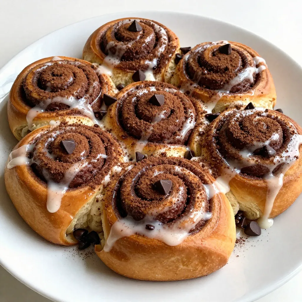 - 2 ½ cups all-purpose flour - 2 tablespoons granulated sugar - 1 packet (2 ¼ teaspoons) instant yeast - ½ teaspoon salt - 1 cup warm milk (approximately 110°F) - ¼ cup unsalted butter, melted - 1 large egg - ¼ cup cocoa powder - 1 tablespoon ground cinnamon - ½ cup packed brown sugar - 1 cup semi-sweet chocolate chips - 1 tablespoon vanilla extract - 1 cup powdered sugar (for icing) - 2 tablespoons milk (for icing) When making these rolls, each ingredient plays a key role. All-purpose flour gives the rolls structure. It helps them rise and hold their shape. Granulated sugar adds sweetness. It also helps with browning and texture. Instant yeast is what makes the dough rise. It works fast and is easy to use. Salt enhances flavor. It balances the sweetness and strengthens the dough. Warm milk activates the yeast. The right temperature ensures the yeast works well. Unsalted butter adds richness and flavor. It also helps keep the rolls soft. Large egg helps bind the dough. It adds moisture and a nice texture. Cocoa powder gives the rolls their chocolate flavor. It adds depth to the taste. Ground cinnamon brings warmth and spice. It pairs perfectly with chocolate. Brown sugar adds moisture and a richer flavor. It makes the filling extra tasty. Semi-sweet chocolate chips provide little bursts of chocolate. They make each bite delightful. Vanilla extract adds a lovely aroma and flavor. It rounds out the sweetness. Powdered sugar is used for icing. It gives a sweet finish to the rolls. Milk for icing adjusts the thickness. It helps create a smooth, creamy glaze. With these ingredients, you can create rolls that are truly decadent. Each bite is a mix of flavors and textures. Enjoy the process of bringing them to life! {{ingredient_image_2}} First, mix your dry ingredients. In a large bowl, whisk together the flour, sugar, yeast, and salt. This step is key to getting the right flavor. Next, add the wet ingredients. In another bowl, combine the warm milk, melted butter, and egg. Stir until it’s nice and smooth. Gradually pour this mixture into the dry ingredients. Stir gently until a soft dough forms. Now, knead the dough. Transfer it to a floured surface. Knead for about 5 to 7 minutes. You want it smooth and elastic. If it’s too sticky, add a bit more flour. Let’s give the dough some time to rise. Place it in a greased bowl and cover it. Use a damp cloth or plastic wrap. Let it rise in a warm area for about 1 hour. It should double in size. While the dough rises, prepare the filling. In a small bowl, mix the cocoa powder, ground cinnamon, and brown sugar. Stir until it’s all combined. This filling adds great flavor to the rolls. Once the dough has risen, it’s time to shape the rolls. Transfer it to a floured surface. Roll it out into a rectangle about 16 by 12 inches. Brush it with melted butter. Then, sprinkle the cocoa-cinnamon-sugar mixture evenly over the dough. Don’t forget to add the chocolate chips on top. Now, roll the dough tightly from one long edge. Once you have a log, cut it into 12 equal pieces. Use a sharp knife or a bench scraper for this. Arrange the rolls in a greased baking pan. Leave some space between them. Cover and let them rise again for 30 minutes. Preheat your oven to 350°F while the rolls rise. Bake them for 20 to 25 minutes. They should be golden brown and puffed up. For the icing, whisk together the powdered sugar and milk in a small bowl. Mix until it’s smooth and creamy. If it’s too thick, add a little more milk. You want it to drizzle nicely over the warm rolls. Once the rolls are done, drizzle the icing over them. This will make the rolls look and taste amazing! To make great chocolate cinnamon rolls, the dough needs to be just right. The ideal dough should be soft and a little sticky. This texture helps the rolls rise well. Kneading is key. Knead the dough for about 5 to 7 minutes. This makes the dough smooth and elastic. It develops gluten, which gives your rolls a nice structure. Want to boost the flavor of your rolls? Consider adding more spices. A pinch of nutmeg or ginger can add warmth. You can also increase the cinnamon for more spice. For chocolate intensity, use high-quality cocoa powder. Try dark chocolate chips for a richer taste. You can even mix in some hazelnut spread for added depth. The icing should be smooth and creamy. If it’s too thick, add a bit more milk. If it’s too runny, add extra powdered sugar. You can also add flavor variations. A dash of vanilla or almond extract can elevate the icing. For a fun twist, consider adding a bit of coffee or orange zest for a unique taste. Pro Tips Keep Ingredients at Room Temperature: Ensure that your milk, egg, and butter are at room temperature for better incorporation and a fluffier dough. Use Fresh Yeast: Check the expiration date on your yeast packet. Fresh yeast will ensure that your rolls rise beautifully and have a light texture. Don’t Overbake: Keep an eye on your rolls while baking. They should be golden brown but not too dark; overbaking can lead to dry rolls. Experiment with Fillings: Feel free to add nuts or different types of chocolate to the filling for a unique twist on the classic chocolate cinnamon roll. {{image_4}} You can change some ingredients in this recipe to fit your taste. Here are some ideas: - Alternative flours: Instead of all-purpose flour, try whole wheat flour or almond flour. This can add a unique texture and flavor. - Different types of chocolate: Use dark chocolate for a richer taste. You can also try white chocolate for a sweeter twist. Mixing in flavors can take these rolls to a new level. Here are some fun options: - Adding fruits or nuts: Chopped nuts like walnuts or pecans add a nice crunch. You can also add fruits like diced apples for a fruity surprise. - Infused flavors like orange or peppermint: Add orange zest for a fresh taste. A few drops of peppermint extract can make these rolls festive. You can modify this recipe to meet dietary needs. Here are some easy swaps: - Gluten-free options: Use a gluten-free flour blend. This allows anyone with gluten issues to enjoy these rolls. - Vegan substitutions: Replace the egg with a flax egg. Use almond or soy milk instead of regular milk. For butter, use vegan margarine. You can keep leftover rolls on the counter or in the fridge. If you leave them out, place them in a sealed bag or wrap them tightly. This keeps them fresh. If you store them in the fridge, they can last longer. Just remember to seal them well to prevent drying out. To reheat your rolls, the oven works best. Preheat it to 350°F (175°C). Place the rolls on a baking sheet and cover with foil. Heat them for about 10 minutes. This keeps them soft and warm. If you're in a hurry, the microwave can help. Place a roll on a plate and cover it with a damp paper towel. Heat for 15-20 seconds. This method is quick, but it may not keep the rolls as moist. Enjoy your chocolate cinnamon rolls warm for the best taste! Yes, you can make the dough ahead of time. To do this, prepare the dough as usual. After kneading, place it in a greased bowl. Cover it and chill in the fridge for up to 24 hours. When you're ready to bake, let the dough warm up for about 30 minutes before rolling it out. You can also freeze the dough. Wrap it tightly in plastic wrap and store it in a freezer bag for up to three months. Thaw it in the fridge overnight before using. To check if your rolls are baked, look for these signs: - They should be golden brown on top. - The rolls should puff up and not look doughy. - You can tap the bottom; it should sound hollow. - Use a thermometer if you have one; the center should be around 190°F. If you don't have cocoa powder, you can use Dutch-process cocoa or carob powder. Both give a nice chocolate flavor. For a different twist, you can also use melted chocolate. Just replace the cocoa powder with 4 ounces of melted chocolate. Adjust the sugar in the recipe since melted chocolate is sweet. Yes, you can add more chocolate chips! If you want a richer flavor, try increasing the amount to 1 ½ cups. Just make sure the dough can still hold together after adding. You want the rolls to be stuffed but not too heavy. More chocolate chips will make your rolls even more decadent and delicious! You now have a clear path to create delicious chocolate rolls. We covered the ingredients, step-by-step instructions, and helpful tips. You learned how to store your leftovers and explored fun variations. Remember, baking is both a science and an art. Feel free to adjust flavors and textures to match your taste. Trust your skills, and enjoy sharing these treats with others. Happy baking!