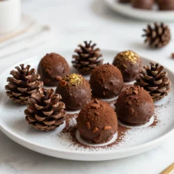 To make Pine Cone Chocolate Truffles, you need a few simple ingredients. Here&rsquo;s what you&rsquo;ll need: - 8 ounces dark chocolate (70% cocoa), chopped into small pieces - 1/2 cup heavy cream - 1 teaspoon pure vanilla extract - 1/4 teaspoon flaky sea salt - 1/2 cup finely crushed almonds or walnuts (to create the pine cone texture) - 1/4 cup unsweetened cocoa powder (for dusting) - Edible gold or silver dust (optional, for an elegant decoration) These ingredients come together to create rich and flavorful truffles. Dark chocolate gives a deep taste. Heavy cream adds smoothness, while vanilla and sea salt enhance the flavors. The crushed nuts help create a fun pine cone look, making your truffles both tasty and beautiful. The cocoa powder adds a nice finish, rounding out the flavor. If you want to impress, sprinkle edible dust on top for a sparkling touch. {{ingredient_image_2}} To melt the chocolate, use a double boiler. Place a heatproof bowl over a saucepan with simmering water. Make sure the bowl does not touch the water. Add 8 ounces of chopped dark chocolate and 1/2 cup of heavy cream to the bowl. Stir often until the chocolate melts and the mixture is smooth. This method helps prevent burning. Once the chocolate melts, take it off the heat. Stir in 1 teaspoon of pure vanilla extract and 1/4 teaspoon of flaky sea salt. Mixing these ingredients well is key. You want every bite to have that rich flavor. Let the chocolate mixture cool at room temperature. This step helps it thicken. After it cools, cover the bowl with plastic wrap. Refrigerate it for about 2 hours. This makes the mixture firm enough to scoop. When ready to shape the truffles, use a small ice cream scoop or your hands. Take about a tablespoon of the chilled mixture. Roll it into a rough ball. Aim for a shape that looks like a pine cone. This adds a fun touch! Next, roll each chocolate ball in finely crushed nuts. Use 1/2 cup of almonds or walnuts for the best texture. Make sure each truffle is well-coated. This gives it a great pine cone appearance. Now, dust each truffle with unsweetened cocoa powder. Use a fine sieve for even application. This step boosts the flavor and makes them look nice. If you want a fancy touch, you can use edible gold or silver dust. Place the finished truffles on a tray lined with parchment paper. Refrigerate them for another 30 minutes. This final chill helps them firm up nicely. Once chilled, they are ready to enjoy! - Achieving the Perfect Texture Roll the chocolate mixture into rough balls. This gives them a rustic look. Aim for shapes that mimic pine cones. If the mix feels too soft, chill it longer before shaping. - Tools to Use Use your hands for a personal touch or a small ice cream scoop for uniformity. Both methods work well. Just remember, hands can give you that natural, textured shape. - Adding Spices or Extracts Want to spice things up? Try adding a pinch of cinnamon or nutmeg. You can also use almond or orange extract for unique flavors. Just a little goes a long way. - Nut Alternatives If you have nut allergies, consider crushed seeds instead. Pumpkin or sunflower seeds work beautifully. They add crunch and keep the pine cone look. - Creative Serving Suggestions Arrange the truffles in a pine cone shape on a flat plate. This makes for a stunning display. You can also place them in small paper cups for easy serving. - Garnishing Techniques Add a sprinkle of powdered sugar for a snowy effect. Fresh pine needles can give a festive touch too. If you want, use edible gold or silver dust for a glamorous finish. Pro Tips Use High-Quality Chocolate: Opt for a good quality dark chocolate with at least 70% cocoa content for a rich flavor and smooth texture in your truffles. Cool Before Shaping: Ensure the chocolate mixture is sufficiently chilled before rolling it into balls; this makes the shaping process easier and less messy. Experiment with Nuts: Try different types of nuts like pecans or hazelnuts for a unique flavor twist and to create varied textures for your truffles. Presentation Matters: Arrange the truffles in a creative way, such as in a pine cone shape, and add decorative touches to elevate their visual appeal. {{image_4}} You can use different types of chocolate for your truffles. Dark chocolate gives a rich flavor. It has a deep taste that many love. Milk chocolate is sweeter and creamier. It can make your truffles more appealing to kids. You can also mix chocolates for a unique taste. Try half dark and half milk for a balanced flavor. You might want to explore white chocolate too. White chocolate adds a sweet, buttery flavor. It pairs nicely with nuts and fruits. You can create a fun twist by using white chocolate instead of dark. Just remember to adjust the sweetness in your recipe. If you want nut-free options, seeds work well. Pumpkin seeds and sunflower seeds add crunch. They give a nice texture to your truffles, just like nuts. You can crush them finely or leave them a bit chunky for variety. Other texturing options include crushed cookies or granola. These can add fun flavors and make your truffles unique. Experiment with what you have at home. You might find a new favorite! For holidays, you can make your truffles more festive. Use fun toppings like colored sprinkles or edible glitter. You can also add flavors inspired by the season. Think cinnamon for winter or fresh mint for spring. You can shape your truffles into holiday symbols too. Create small stars or hearts for special occasions. These little touches make your treats stand out. They also add joy to gatherings. Enjoy crafting your holiday-themed pine cone chocolate truffles! To keep your Pine Cone Chocolate Truffles fresh, refrigerate them. Place them in an airtight container. This helps prevent them from absorbing other smells in the fridge. You can also line the container with parchment paper for extra protection. How long do truffles last in the fridge? They stay good for about 1 week. If you want to keep them longer, freezing is a great option. Just place the truffles in a freezer-safe container. They can last up to 3 months in the freezer. When you want to enjoy them again, let them thaw in the fridge overnight. This keeps their texture nice and smooth. To make these truffles vegan, swap heavy cream for coconut cream. Use dairy-free dark chocolate. Check the label to ensure it has no milk products. I recommend using dark chocolate with 70% cocoa. This chocolate gives great flavor and smooth texture. It balances sweetness and richness well. Yes, you can make these truffles one or two days in advance. Store them in the fridge in an airtight container. This helps the flavors to blend. Absolutely! They look lovely on a tray. Use a nice box or tin for packaging. Add a ribbon for a delightful touch. You now have all the steps to create delicious Pine Cone Chocolate Truffles. From choosing quality dark chocolate to shaping truffles and adding unique flavors, every part matters. Remember to store them well for the best taste. Whether for gifts or a special treat, these truffles impress. Have fun experimenting with variations and presentation. Enjoy every bite of your creative treats!