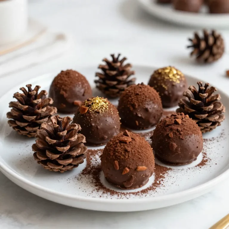 To make Pine Cone Chocolate Truffles, you need a few simple ingredients. Here’s what you’ll need: - 8 ounces dark chocolate (70% cocoa), chopped into small pieces - 1/2 cup heavy cream - 1 teaspoon pure vanilla extract - 1/4 teaspoon flaky sea salt - 1/2 cup finely crushed almonds or walnuts (to create the pine cone texture) - 1/4 cup unsweetened cocoa powder (for dusting) - Edible gold or silver dust (optional, for an elegant decoration) These ingredients come together to create rich and flavorful truffles. Dark chocolate gives a deep taste. Heavy cream adds smoothness, while vanilla and sea salt enhance the flavors. The crushed nuts help create a fun pine cone look, making your truffles both tasty and beautiful. The cocoa powder adds a nice finish, rounding out the flavor. If you want to impress, sprinkle edible dust on top for a sparkling touch. {{ingredient_image_2}} To melt the chocolate, use a double boiler. Place a heatproof bowl over a saucepan with simmering water. Make sure the bowl does not touch the water. Add 8 ounces of chopped dark chocolate and 1/2 cup of heavy cream to the bowl. Stir often until the chocolate melts and the mixture is smooth. This method helps prevent burning. Once the chocolate melts, take it off the heat. Stir in 1 teaspoon of pure vanilla extract and 1/4 teaspoon of flaky sea salt. Mixing these ingredients well is key. You want every bite to have that rich flavor. Let the chocolate mixture cool at room temperature. This step helps it thicken. After it cools, cover the bowl with plastic wrap. Refrigerate it for about 2 hours. This makes the mixture firm enough to scoop. When ready to shape the truffles, use a small ice cream scoop or your hands. Take about a tablespoon of the chilled mixture. Roll it into a rough ball. Aim for a shape that looks like a pine cone. This adds a fun touch! Next, roll each chocolate ball in finely crushed nuts. Use 1/2 cup of almonds or walnuts for the best texture. Make sure each truffle is well-coated. This gives it a great pine cone appearance. Now, dust each truffle with unsweetened cocoa powder. Use a fine sieve for even application. This step boosts the flavor and makes them look nice. If you want a fancy touch, you can use edible gold or silver dust. Place the finished truffles on a tray lined with parchment paper. Refrigerate them for another 30 minutes. This final chill helps them firm up nicely. Once chilled, they are ready to enjoy! - Achieving the Perfect Texture Roll the chocolate mixture into rough balls. This gives them a rustic look. Aim for shapes that mimic pine cones. If the mix feels too soft, chill it longer before shaping. - Tools to Use Use your hands for a personal touch or a small ice cream scoop for uniformity. Both methods work well. Just remember, hands can give you that natural, textured shape. - Adding Spices or Extracts Want to spice things up? Try adding a pinch of cinnamon or nutmeg. You can also use almond or orange extract for unique flavors. Just a little goes a long way. - Nut Alternatives If you have nut allergies, consider crushed seeds instead. Pumpkin or sunflower seeds work beautifully. They add crunch and keep the pine cone look. - Creative Serving Suggestions Arrange the truffles in a pine cone shape on a flat plate. This makes for a stunning display. You can also place them in small paper cups for easy serving. - Garnishing Techniques Add a sprinkle of powdered sugar for a snowy effect. Fresh pine needles can give a festive touch too. If you want, use edible gold or silver dust for a glamorous finish. Pro Tips Use High-Quality Chocolate: Opt for a good quality dark chocolate with at least 70% cocoa content for a rich flavor and smooth texture in your truffles. Cool Before Shaping: Ensure the chocolate mixture is sufficiently chilled before rolling it into balls; this makes the shaping process easier and less messy. Experiment with Nuts: Try different types of nuts like pecans or hazelnuts for a unique flavor twist and to create varied textures for your truffles. Presentation Matters: Arrange the truffles in a creative way, such as in a pine cone shape, and add decorative touches to elevate their visual appeal. {{image_4}} You can use different types of chocolate for your truffles. Dark chocolate gives a rich flavor. It has a deep taste that many love. Milk chocolate is sweeter and creamier. It can make your truffles more appealing to kids. You can also mix chocolates for a unique taste. Try half dark and half milk for a balanced flavor. You might want to explore white chocolate too. White chocolate adds a sweet, buttery flavor. It pairs nicely with nuts and fruits. You can create a fun twist by using white chocolate instead of dark. Just remember to adjust the sweetness in your recipe. If you want nut-free options, seeds work well. Pumpkin seeds and sunflower seeds add crunch. They give a nice texture to your truffles, just like nuts. You can crush them finely or leave them a bit chunky for variety. Other texturing options include crushed cookies or granola. These can add fun flavors and make your truffles unique. Experiment with what you have at home. You might find a new favorite! For holidays, you can make your truffles more festive. Use fun toppings like colored sprinkles or edible glitter. You can also add flavors inspired by the season. Think cinnamon for winter or fresh mint for spring. You can shape your truffles into holiday symbols too. Create small stars or hearts for special occasions. These little touches make your treats stand out. They also add joy to gatherings. Enjoy crafting your holiday-themed pine cone chocolate truffles! To keep your Pine Cone Chocolate Truffles fresh, refrigerate them. Place them in an airtight container. This helps prevent them from absorbing other smells in the fridge. You can also line the container with parchment paper for extra protection. How long do truffles last in the fridge? They stay good for about 1 week. If you want to keep them longer, freezing is a great option. Just place the truffles in a freezer-safe container. They can last up to 3 months in the freezer. When you want to enjoy them again, let them thaw in the fridge overnight. This keeps their texture nice and smooth. To make these truffles vegan, swap heavy cream for coconut cream. Use dairy-free dark chocolate. Check the label to ensure it has no milk products. I recommend using dark chocolate with 70% cocoa. This chocolate gives great flavor and smooth texture. It balances sweetness and richness well. Yes, you can make these truffles one or two days in advance. Store them in the fridge in an airtight container. This helps the flavors to blend. Absolutely! They look lovely on a tray. Use a nice box or tin for packaging. Add a ribbon for a delightful touch. You now have all the steps to create delicious Pine Cone Chocolate Truffles. From choosing quality dark chocolate to shaping truffles and adding unique flavors, every part matters. Remember to store them well for the best taste. Whether for gifts or a special treat, these truffles impress. Have fun experimenting with variations and presentation. Enjoy every bite of your creative treats!