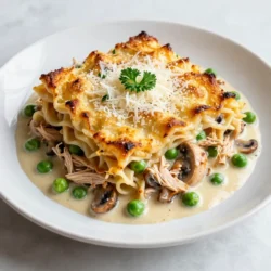 - 2 cups cooked chicken, shredded - 8 oz spaghetti or fettuccine - 1 cup mushrooms, sliced - 1/2 cup frozen peas - 1/4 cup onion, finely chopped - 3 cloves garlic, minced - 1/4 cup all-purpose flour - 3 cups chicken broth - 1 cup heavy cream - 1 cup grated Parmesan cheese - 1 teaspoon Italian seasoning - 1/2 teaspoon salt - 1/4 teaspoon black pepper - 1 tablespoon olive oil - 1/2 cup breadcrumbs (optional for topping) Each ingredient adds its own flavor and texture to the dish. The shredded chicken provides protein, while the pasta serves as a filling base. Mushrooms add earthiness, and peas bring a pop of color and sweetness. Onion and garlic give a savory depth. Flour helps to thicken the creamy sauce. Chicken broth makes the sauce flavorful and rich. Heavy cream creates a smooth, luxurious texture. Parmesan cheese gives a salty, nutty taste. Italian seasoning adds warmth and aroma, while salt and pepper enhance all the flavors. You can customize this dish easily. For example, use different pasta types or add more veggies. This flexibility makes Creamy Chicken Tetrazzini Bake a fun recipe to explore. {{ingredient_image_2}} 1. Preheat your oven to 350&deg;F (175&deg;C). This warms up the space for baking. 2. Cook the spaghetti or fettuccine in boiling salted water. Follow the package instructions until it is al dente. Drain and let it cool a bit. 3. Heat olive oil in a large skillet over medium heat. Add the finely chopped onion and saut&eacute; for about 3 minutes. You want it to look clear. 4. Add minced garlic and sliced mushrooms. Cook for about 5 minutes. Stir occasionally until the mushrooms are soft. 1. Sprinkle in the all-purpose flour and mix well. Cook for another minute. This helps the flour blend with the veggies. 2. Gradually whisk in the chicken broth while stirring. This keeps lumps from forming. Bring it to a gentle simmer to thicken. 3. Stir in heavy cream along with Italian seasoning, salt, and black pepper. Cook for 5-7 minutes, stirring often until the sauce is creamy. 1. Gently fold in the shredded chicken, cooked pasta, and frozen peas. Make sure everything is coated in the creamy sauce. 2. Transfer the mixture to a greased 9x13 inch baking dish. Spread it out evenly. 3. If you like a crunchy top, sprinkle breadcrumbs over the dish. 4. Grate Parmesan cheese on top. This adds rich flavor and helps create a golden crust. 5. Place the dish in the oven and bake for 25-30 minutes. Look for a golden and bubbly top. The smell will be amazing! 6. Once it's done, take it out of the oven and let it cool for a few minutes. This helps set the layers. To make the sauce just right, focus on its thickness. It should be creamy but not too runny. Start by adding the chicken broth slowly while whisking. This helps the sauce stay smooth. When you add the heavy cream, keep stirring. If you see lumps, break them up with a whisk. Cook it longer for a thicker sauce. Remember, it will thicken more as it bakes. If you want a lighter dish, swap out heavy cream. Use half-and-half or a mix of milk and Greek yogurt. These options still give great flavor without being too rich. For pasta, spaghetti or fettuccine works well. You can also try penne or rotini. These shapes hold the sauce nicely. Garnish your dish with fresh parsley or basil. This adds a pop of color and fresh taste. You might also sprinkle more Parmesan on top right before serving. For side dishes, a simple salad pairs well. Garlic bread or roasted vegetables can make the meal even better. Enjoy your creamy chicken tetrazzini bake hot for the best taste! Pro Tips Use Leftover Chicken: This recipe is perfect for using up leftover rotisserie chicken or any cooked chicken you have on hand, making it a great time-saver. Customize Your Veggies: Feel free to add or substitute other vegetables like bell peppers, spinach, or broccoli for added flavor and nutrition. Make it Ahead: You can prepare the dish in advance and store it covered in the fridge. Just bake it when you're ready to serve! Breadcrumb Topping: If you prefer a crustier top, mix the breadcrumbs with a little melted butter and Italian herbs before sprinkling them on for extra flavor. {{image_4}} To make a vegetarian version, simply remove the chicken. You can add a mix of veggies instead. Think bell peppers, zucchini, and spinach. These add color and flavor. You can saut&eacute; them just like the mushrooms. This change keeps the dish hearty and delicious. Adding different herbs and spices can lift the flavor. Try thyme or rosemary for a fresh taste. You can also sprinkle in some red pepper flakes for heat. Using flavored broth can also change the taste. A mushroom or vegetable broth works well. It adds depth and richness to the sauce. If you want fewer calories, substitute light cream for heavy cream. This keeps it creamy but cuts down on fat. You can also skip the breadcrumbs on top. This makes the dish lighter while still tasty. Enjoy your creamy chicken tetrazzini bake, tailored to fit your needs! To keep your creamy chicken tetrazzini fresh, use airtight containers. Glass or plastic containers work well. Make sure to cool the dish to room temperature before sealing. Store the leftovers in the fridge. They will stay good for up to three days. The best way to reheat this dish is in the oven. Preheat your oven to 350&deg;F (175&deg;C). Place the tetrazzini in an oven-safe dish. Cover it with foil to keep it moist. Heat for about 20 minutes or until warm. You can also use the microwave. Heat in short intervals, stirring in between. This keeps the texture nice. You can freeze this dish either before or after baking. If freezing before baking, assemble the dish and cover it tightly. It can last up to three months in the freezer. To bake from frozen, add an extra 15-20 minutes to your baking time. If you freeze it after baking, let it cool first. Thaw it in the fridge overnight before reheating. Yes, you can use leftover rotisserie chicken. It saves time and adds flavor. Just shred the chicken and mix it in. This way, you create a hearty meal with less effort. To make this dish gluten-free, swap regular pasta for gluten-free pasta. Use a gluten-free flour blend in the sauce too. Check your chicken broth for gluten-free options. These changes let everyone enjoy this tasty dish. Serve this bake with a simple green salad. Garlic bread pairs well too. A light dessert, like sorbet, can balance the meal. These sides enhance the overall dining experience. Yes, you can prepare it ahead of time. Assemble the dish and cover it. Store it in the fridge for up to 24 hours. Just bake it when you're ready to serve. This makes it great for busy days. For a richer sauce, use half-and-half instead of heavy cream. You can also add cream cheese for extra creaminess. Try mixing in some shredded cheese, like cheddar, for more flavor. These tweaks create your perfect creamy sauce. Creamy Chicken Tetrazzini Bake is a simple yet satisfying dish. This recipe combines tender chicken, pasta, and a rich sauce. You learned about easy steps for preparation, baking, and storage tips. I shared helpful variations to suit different diets. As you try this recipe, remember to explore ingredient swaps and serving ideas. Enjoy your cooking, and savor every bite of this creamy comfort food!