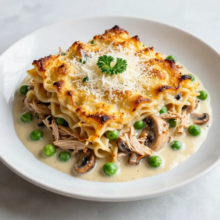 - 2 cups cooked chicken, shredded - 8 oz spaghetti or fettuccine - 1 cup mushrooms, sliced - 1/2 cup frozen peas - 1/4 cup onion, finely chopped - 3 cloves garlic, minced - 1/4 cup all-purpose flour - 3 cups chicken broth - 1 cup heavy cream - 1 cup grated Parmesan cheese - 1 teaspoon Italian seasoning - 1/2 teaspoon salt - 1/4 teaspoon black pepper - 1 tablespoon olive oil - 1/2 cup breadcrumbs (optional for topping) Each ingredient adds its own flavor and texture to the dish. The shredded chicken provides protein, while the pasta serves as a filling base. Mushrooms add earthiness, and peas bring a pop of color and sweetness. Onion and garlic give a savory depth. Flour helps to thicken the creamy sauce. Chicken broth makes the sauce flavorful and rich. Heavy cream creates a smooth, luxurious texture. Parmesan cheese gives a salty, nutty taste. Italian seasoning adds warmth and aroma, while salt and pepper enhance all the flavors. You can customize this dish easily. For example, use different pasta types or add more veggies. This flexibility makes Creamy Chicken Tetrazzini Bake a fun recipe to explore. {{ingredient_image_2}} 1. Preheat your oven to 350°F (175°C). This warms up the space for baking. 2. Cook the spaghetti or fettuccine in boiling salted water. Follow the package instructions until it is al dente. Drain and let it cool a bit. 3. Heat olive oil in a large skillet over medium heat. Add the finely chopped onion and sauté for about 3 minutes. You want it to look clear. 4. Add minced garlic and sliced mushrooms. Cook for about 5 minutes. Stir occasionally until the mushrooms are soft. 1. Sprinkle in the all-purpose flour and mix well. Cook for another minute. This helps the flour blend with the veggies. 2. Gradually whisk in the chicken broth while stirring. This keeps lumps from forming. Bring it to a gentle simmer to thicken. 3. Stir in heavy cream along with Italian seasoning, salt, and black pepper. Cook for 5-7 minutes, stirring often until the sauce is creamy. 1. Gently fold in the shredded chicken, cooked pasta, and frozen peas. Make sure everything is coated in the creamy sauce. 2. Transfer the mixture to a greased 9x13 inch baking dish. Spread it out evenly. 3. If you like a crunchy top, sprinkle breadcrumbs over the dish. 4. Grate Parmesan cheese on top. This adds rich flavor and helps create a golden crust. 5. Place the dish in the oven and bake for 25-30 minutes. Look for a golden and bubbly top. The smell will be amazing! 6. Once it's done, take it out of the oven and let it cool for a few minutes. This helps set the layers. To make the sauce just right, focus on its thickness. It should be creamy but not too runny. Start by adding the chicken broth slowly while whisking. This helps the sauce stay smooth. When you add the heavy cream, keep stirring. If you see lumps, break them up with a whisk. Cook it longer for a thicker sauce. Remember, it will thicken more as it bakes. If you want a lighter dish, swap out heavy cream. Use half-and-half or a mix of milk and Greek yogurt. These options still give great flavor without being too rich. For pasta, spaghetti or fettuccine works well. You can also try penne or rotini. These shapes hold the sauce nicely. Garnish your dish with fresh parsley or basil. This adds a pop of color and fresh taste. You might also sprinkle more Parmesan on top right before serving. For side dishes, a simple salad pairs well. Garlic bread or roasted vegetables can make the meal even better. Enjoy your creamy chicken tetrazzini bake hot for the best taste! Pro Tips Use Leftover Chicken: This recipe is perfect for using up leftover rotisserie chicken or any cooked chicken you have on hand, making it a great time-saver. Customize Your Veggies: Feel free to add or substitute other vegetables like bell peppers, spinach, or broccoli for added flavor and nutrition. Make it Ahead: You can prepare the dish in advance and store it covered in the fridge. Just bake it when you're ready to serve! Breadcrumb Topping: If you prefer a crustier top, mix the breadcrumbs with a little melted butter and Italian herbs before sprinkling them on for extra flavor. {{image_4}} To make a vegetarian version, simply remove the chicken. You can add a mix of veggies instead. Think bell peppers, zucchini, and spinach. These add color and flavor. You can sauté them just like the mushrooms. This change keeps the dish hearty and delicious. Adding different herbs and spices can lift the flavor. Try thyme or rosemary for a fresh taste. You can also sprinkle in some red pepper flakes for heat. Using flavored broth can also change the taste. A mushroom or vegetable broth works well. It adds depth and richness to the sauce. If you want fewer calories, substitute light cream for heavy cream. This keeps it creamy but cuts down on fat. You can also skip the breadcrumbs on top. This makes the dish lighter while still tasty. Enjoy your creamy chicken tetrazzini bake, tailored to fit your needs! To keep your creamy chicken tetrazzini fresh, use airtight containers. Glass or plastic containers work well. Make sure to cool the dish to room temperature before sealing. Store the leftovers in the fridge. They will stay good for up to three days. The best way to reheat this dish is in the oven. Preheat your oven to 350°F (175°C). Place the tetrazzini in an oven-safe dish. Cover it with foil to keep it moist. Heat for about 20 minutes or until warm. You can also use the microwave. Heat in short intervals, stirring in between. This keeps the texture nice. You can freeze this dish either before or after baking. If freezing before baking, assemble the dish and cover it tightly. It can last up to three months in the freezer. To bake from frozen, add an extra 15-20 minutes to your baking time. If you freeze it after baking, let it cool first. Thaw it in the fridge overnight before reheating. Yes, you can use leftover rotisserie chicken. It saves time and adds flavor. Just shred the chicken and mix it in. This way, you create a hearty meal with less effort. To make this dish gluten-free, swap regular pasta for gluten-free pasta. Use a gluten-free flour blend in the sauce too. Check your chicken broth for gluten-free options. These changes let everyone enjoy this tasty dish. Serve this bake with a simple green salad. Garlic bread pairs well too. A light dessert, like sorbet, can balance the meal. These sides enhance the overall dining experience. Yes, you can prepare it ahead of time. Assemble the dish and cover it. Store it in the fridge for up to 24 hours. Just bake it when you're ready to serve. This makes it great for busy days. For a richer sauce, use half-and-half instead of heavy cream. You can also add cream cheese for extra creaminess. Try mixing in some shredded cheese, like cheddar, for more flavor. These tweaks create your perfect creamy sauce. Creamy Chicken Tetrazzini Bake is a simple yet satisfying dish. This recipe combines tender chicken, pasta, and a rich sauce. You learned about easy steps for preparation, baking, and storage tips. I shared helpful variations to suit different diets. As you try this recipe, remember to explore ingredient swaps and serving ideas. Enjoy your cooking, and savor every bite of this creamy comfort food!