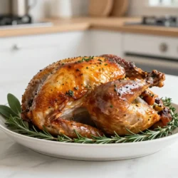 To make a delicious herb butter roast turkey, gather the following ingredients: - 1 whole turkey (12-14 lbs) - 1 cup unsalted butter, softened to room temperature - 4 cloves garlic, finely minced - 1 tablespoon fresh rosemary, chopped - 1 tablespoon fresh thyme, chopped - 1 tablespoon fresh sage, chopped - 2 tablespoons fresh lemon juice - Salt and freshly ground black pepper to taste - 2 cups low-sodium chicken broth - 1 large onion, quartered - 2 carrots, peeled and chopped into large pieces - 2 celery stalks, chopped - Fresh herbs for garnish (rosemary, thyme, sage) These ingredients create a flavorful and juicy turkey that impresses everyone at the table. Make sure your butter is soft for easy mixing. Fresh herbs bring out the best flavors in the turkey. The broth keeps the turkey moist as it roasts. The onion, carrots, and celery add rich taste and aroma. This simple list helps you achieve a tasty dish that shines during any festive meal. {{ingredient_image_2}} 1. Preheat the oven: Set your oven to 325&deg;F (165&deg;C). Place the rack in the lower third. This step helps the turkey cook evenly. 2. Make the herb butter mixture: In a bowl, mix 1 cup of softened butter with 4 cloves of minced garlic, 1 tablespoon each of chopped rosemary, thyme, and sage. Add 2 tablespoons of lemon juice, salt, and pepper. Mix until smooth and well combined. 3. Dry and prep the turkey: Use paper towels to pat the turkey dry inside and out. This helps the skin get crispy. Gently lift the skin on the turkey breast to create pockets for the butter. 1. Apply the herb butter: Spread half of the herb butter mixture under the skin of the turkey breast. Massage it into the meat for more flavor. Use the rest of the butter to cover the outside of the turkey. 2. Stuff the turkey cavity: Season the inside with salt and pepper. Fill it with quartered onion, chopped carrots, and celery. These aromatics add great flavor while roasting. 1. Place the turkey in the pan: Put the turkey breast side up on a roasting rack in a large pan. Pour 2 cups of low-sodium chicken broth into the pan. This keeps the turkey moist and helps with drippings. 2. Cooking times and using a meat thermometer: Roast the turkey for about 13 to 15 minutes per pound. Check the internal temperature. It should reach 165&deg;F (75&deg;C) at the thickest part of the breast and thigh. 3. Basting tips for juicy turkey: Every 30 minutes, baste the turkey with the pan drippings. This adds moisture and flavor, ensuring a juicy turkey. Follow these steps closely, and you will have a delicious herb butter roast turkey that everyone will love! Drying the turkey is key. It helps the skin get crispy. Use paper towels to pat the turkey dry inside and out. This step makes a big difference in texture. Basting the turkey is also important. You should baste every 30 minutes. Use the pan drippings to keep the meat moist. This adds flavor and helps with browning. A meat thermometer is your best friend. Insert it into the thickest part of the breast or thigh. It should read 165&deg;F (75&deg;C) for safe eating. This ensures your turkey is juicy and cooked just right. Try different herb combinations for variety. You can use parsley, dill, or even tarragon. Each herb brings a unique taste to the turkey. Adding citrus is a great tip too. Lemon or orange slices can boost moisture and flavor. You can also add garlic or onion to the cavity. These aromatics create a rich and tasty aroma as the turkey roasts. Pro Tips Tip Title: Use a Brine: Brining the turkey overnight can add moisture and flavor, resulting in a juicier bird. Use a simple solution of water, salt, and your choice of herbs and spices. Tip Title: Resting is Key: Allowing the turkey to rest after roasting is crucial. This step helps the juices redistribute, making the meat more tender and flavorful. Tip Title: Don&rsquo;t Skip the Basting: Basting your turkey every 30 minutes with the pan drippings will help keep the skin crispy and flavorful. It also adds moisture to the meat. Tip Title: Use a Meat Thermometer: To avoid overcooking, use a meat thermometer to ensure the turkey reaches an internal temperature of 165&deg;F (75&deg;C) in the thickest parts. {{image_4}} You can switch up the herbs for a unique taste. Try using basil or parsley instead of rosemary. Each herb brings its own flavor. You can even mix herbs for a bold twist. Adding fruits can also enhance your turkey. Think about using orange or apple slices in the cavity. They add sweetness and moisture, making each bite a treat. You could also sprinkle some cinnamon for warmth and spice. Slow roasting is one way to make your turkey. It cooks low and slow, keeping the meat juicy. This method may take longer but is worth the wait. Traditional roasting is faster and still gives great results. It allows the skin to crisp up nicely. You can choose based on your time and preferences. Brining is another option for your turkey. Soaking it in salty water helps keep it tender and moist. You can add herbs or spices to the brine for extra flavor. It&rsquo;s a simple step that makes a big difference. After you enjoy your herb butter roast turkey, proper cooling is key. Let the turkey cool down for about two hours after roasting. This step helps keep moisture in your turkey. For safe storage, you can use airtight containers or wrap the turkey tightly in foil. When stored properly in the fridge, your turkey will stay fresh for three to four days. If you want to keep it longer, consider freezing it. In the freezer, turkey can last up to six months. Just remember to cut it into smaller pieces for easier defrosting later. Reheating turkey can be tricky. You want to keep it moist and flavorful. The best method is to use an oven. Preheat your oven to 325&deg;F (165&deg;C). Place the turkey in a baking dish and add a bit of chicken broth or water to the bottom. This helps create steam. Cover the dish with foil to trap moisture. Heat for about 15 to 20 minutes per pound, or until the internal temperature reaches 165&deg;F (75&deg;C). This way, your turkey stays juicy and warm. If you are short on time, you can use the microwave, but be careful. Heat in short bursts and check often to avoid dry spots. How long do you cook a turkey per pound? You cook a turkey for about 13 to 15 minutes per pound. For example, if your turkey weighs 14 pounds, it will take about 3 to 3.5 hours to cook. Always check the internal temperature with a meat thermometer. The thickest part of the breast and thigh should reach 165&deg;F (75&deg;C) for safety. Can I prepare the herb butter in advance? Yes, you can prepare the herb butter a day ahead. Mix the butter, garlic, and herbs, then store it in the fridge. Let it sit at room temperature for about 30 minutes before you use it. This will make spreading it under the skin easier. What should I do if my turkey is not browning? If your turkey is not browning, try these tips: - Increase your oven temperature to 375&deg;F (190&deg;C) for the last 30 minutes. - Baste the turkey with pan drippings every 30 minutes. - Ensure you apply enough herb butter on the skin for color. - If needed, cover the turkey with foil during cooking to prevent over-browning. Roasting the perfect turkey involves quality ingredients, careful preparation, and smart cooking methods. Remember to season well, and use aromatics for great flavor. Basting keeps the meat juicy and tender. Experiment with herbs or cooking methods for a unique twist. Store any leftovers properly and reheat them to maintain taste and moisture. With these tips, your turkey will impress everyone at the table. Enjoy your cooking journey and make each meal memorable!