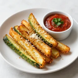 For this recipe, you'll need 2 medium zucchinis. Trim the ends and cut them into fry-shaped sticks. Zucchini gives a nice crunch and absorbs the flavors well. The coating is key to crispy fries. Gather these items: - 1 cup panko breadcrumbs for that extra crunch - &frac12; cup freshly grated Parmesan cheese for a savory punch - 2 large eggs, beaten, to help the coating stick To make these fries tasty, use these seasonings: - 1 teaspoon garlic powder for aromatic depth - 1 teaspoon onion powder for warmth - &frac12; teaspoon dried oregano to add herbal notes - &frac12; teaspoon paprika for a hint of smokiness - Salt and freshly ground black pepper to taste - Olive oil spray to help them crisp up nicely These ingredients come together to create a delightful and crispy treat. The zucchini fries are perfect as a snack or a side dish. {{ingredient_image_2}} Start by preheating your air fryer to 400&deg;F (200&deg;C). This step is key. A hot air fryer will help your zucchini fries turn out crispy and golden. Just give it a few minutes to heat up while you prepare the other ingredients. In a medium bowl, combine the panko breadcrumbs, Parmesan cheese, garlic powder, onion powder, dried oregano, paprika, salt, and pepper. Mix these ingredients well. This mix adds a nice crunch and flavor to the fries. The Parmesan gives a savory kick, while the spices add warmth and depth. Take your zucchinis and cut them into fry-shaped sticks. Next, whisk the eggs in another bowl until smooth. Dip each zucchini stick into the beaten eggs first. Allow any extra egg to drip off. Then, roll it in the breadcrumb mix, pressing gently. This ensures the coating sticks well. Arrange the coated zucchini fries in a single layer in the air fryer basket. Make sure they don&rsquo;t overlap. This spacing is important for even cooking. Lightly spray the tops with olive oil spray. It helps create a nice crunch. Cook the fries for 10-12 minutes. Shake the basket halfway through. This will help them fry evenly. They should be golden brown and crispy when done. Once cooked, carefully take the fries out and let them cool on a wire rack. This keeps them crispy. For serving, arrange them on a bright platter. Pair them with marinara sauce or ranch dressing for dipping. A sprinkle of fresh parsley or basil adds color and flair. Enjoy your crispy zucchini fries! To get the best crispiness, follow these steps: - Preheat your air fryer to 400&deg;F (200&deg;C) before cooking. This helps the fries get crunchy. - Arrange zucchini fries in a single layer. Avoid overlapping, as this prevents even cooking. - Spray with olive oil lightly on top before cooking. This adds extra crunch. - Shake the basket halfway through cooking. This ensures all sides cook evenly and stay crispy. If you want to mix things up, try these ideas: - Use different cheeses like cheddar or mozzarella for a unique taste. - Swap panko for crushed cornflakes for a fun twist and extra crunch. - Add spices like cayenne pepper or Italian herbs to the breading for added flavor. - Try a gluten-free option by using almond flour or ground oats instead of breadcrumbs. If your zucchini fries aren&rsquo;t turning out as planned, consider these tips: - If they&rsquo;re soggy, they may be too close together. Always space them out. - If they lack flavor, check the seasoning amounts. Salt and spices are key! - If they&rsquo;re burned, lower the cooking time next time or adjust the temperature. - If they stick to the basket, try spraying with more olive oil or using parchment paper. These tricks will help you create perfect Air Fryer Parmesan Zucchini Fries every time! Pro Tips Choose Firm Zucchini: Look for zucchinis that are firm and free of blemishes for the best texture and flavor. Customize Your Coating: Feel free to experiment with different spices or cheese varieties to create your own unique flavor profile. Don&rsquo;t Overcrowd the Basket: Air circulation is key for crispiness; ensure the fries are in a single layer without touching. Serve Immediately: For the best crunch, enjoy your zucchini fries right after cooking while they are still hot and crispy. {{image_4}} Add some heat to your zucchini fries. Mix cayenne pepper into the coating. Use about 1/2 teaspoon. This gives a nice kick. You can also serve them with spicy dipping sauce. Hot sauce or sriracha works great. Enjoy the bold flavors! Want to take it up a notch? Try cheese-stuffed zucchini fries. Cut a slit in each fry. Fill it with mozzarella or cheddar cheese. Coat it like normal and air fry. The cheese will melt and ooze out. This makes every bite a cheesy delight! Want a fresh taste? Use fresh herbs in your mix. Chop parsley, basil, or thyme. Add about 1 tablespoon of your choice. This adds brightness to the fries. The herbs will smell amazing as they cook. It&rsquo;s a simple way to elevate your dish! To keep your Air Fryer Parmesan Zucchini Fries fresh, store them in an airtight container. Place them in the fridge within two hours of cooking. They will stay good for up to three days. Make sure to let them cool before sealing the container. This prevents moisture from making them soggy. If you want to save some for later, freezing is a great option. First, allow the fries to cool completely. Then, arrange them in a single layer on a baking sheet. Freeze them for about one hour until solid. After that, transfer the fries to a freezer-safe bag. They can last for up to three months in the freezer. Reheating is simple and can bring back their crispy texture. For the best results, use the air fryer. Preheat it to 400&deg;F (200&deg;C). Place the fries in the basket and heat them for about 5-7 minutes. You can also use an oven. Bake them at 375&deg;F (190&deg;C) for about 10-12 minutes. Either method will help regain that delightful crunch! Yes, you can use regular breadcrumbs. However, panko gives a crispier texture. Panko is lighter and airier than regular breadcrumbs. This helps create that crunchy bite you want in zucchini fries. If you use regular breadcrumbs, your fries may not be as crunchy. Many sauces pair well with zucchini fries. My favorites include marinara sauce and ranch dressing. Both offer a nice contrast to the savory fries. You can also try garlic aioli or spicy ketchup for a fun twist. Each sauce adds a different flavor, making your fries even more enjoyable. You can tell when the fries are done by their color. Look for a golden-brown hue. The fries should be crispy to the touch. If you hear a nice crunch when you bite into one, they are ready. Shake the basket halfway through cooking. This helps them cook evenly. Yes, you can cook zucchini fries in a conventional oven. Preheat the oven to 425&deg;F (220&deg;C). Arrange the fries on a baking sheet in a single layer. Bake for about 20-25 minutes, flipping halfway through. This method will also yield deliciously crispy fries! You now have an easy guide to making crispy zucchini fries. We covered ingredients, step-by-step instructions, and tips for the perfect crunch. Variations let you create your favorite flavors. Remember, whether you prefer spicy or cheesy, these fries are fun for all. Be sure to store extras correctly to enjoy later. Now, gather your ingredients and try this recipe today!