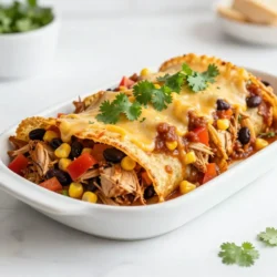 - 2 cups shredded cooked chicken - 1 cup black beans, rinsed and drained - 1 cup corn kernels (fresh or frozen) - 1 cup diced bell peppers (mix of red and green for color) - 1 small onion, finely chopped - 2 cloves garlic, minced The main ingredients create a tasty filling for the enchiladas. I love using shredded chicken because it&rsquo;s easy to mix and adds protein. Black beans give a nice texture and extra fiber. Corn kernels bring sweetness, making the dish more balanced. Diced bell peppers add color and crunch, while onion and garlic boost the flavor. - 1 teaspoon ground cumin - 1 teaspoon chili powder - Salt and pepper Key seasonings are essential for flavor. Ground cumin gives a warm, earthy taste. Chili powder adds a bit of heat and depth. Don't forget salt and pepper to enhance all the flavors. - 1 tablespoon olive oil - 1 cup sour cream - 1 cup shredded cheese (cheddar or a flavorful blend) - 8 large flour tortillas - 2 cups enchilada sauce (store-bought or homemade) - Fresh cilantro, for garnish Additional ingredients complete the dish. Olive oil is great for saut&eacute;ing the veggies. Sour cream adds creaminess to the filling. Shredded cheese gives that melty goodness on top. Flour tortillas hold everything together and make it easy to eat. Enchilada sauce keeps the dish moist and adds rich flavor. Fresh cilantro at the end brightens the whole meal with a burst of freshness. {{ingredient_image_2}} - Preheat oven to 375&deg;F (190&deg;C). - In a large skillet, heat 1 tablespoon of olive oil over medium heat. - Add chopped onion and diced bell peppers. Saut&eacute; for about 5 minutes. - Stir in minced garlic, ground cumin, and chili powder. Cook for 1 more minute. - In a mixing bowl, combine shredded chicken, black beans, and corn. - Add the saut&eacute;ed veggies and half of the shredded cheese. - Mix in sour cream and season with salt and pepper. Stir well. - Lay a tortilla flat on a clean surface. - Spoon in about 1/4 cup of the chicken filling in the center. - Roll the tortilla tightly, tucking in the sides. Place seam side down in a greased baking dish. - Repeat with the remaining tortillas and filling until all are in the dish. - Pour enchilada sauce evenly over the rolled tortillas. - Top with the remaining shredded cheese for a gooey finish. - Cover the dish with aluminum foil. Bake for 20 minutes. - Remove foil and bake for another 10 minutes until cheese is bubbly and golden. - Remove the enchiladas from the oven. Let them cool for a few minutes. - Just before serving, sprinkle with fresh cilantro for a vibrant touch. To avoid tearing, warm the tortillas first. Heat them briefly in a dry skillet or wrap them in a damp towel and microwave for about 30 seconds. This softens the tortillas and makes them easier to roll. For rolling enchiladas, lay a tortilla flat. Spoon about 1/4 cup of filling in the center. Start at one end and roll it up tightly. Tuck in the sides as you go. This keeps the filling inside and helps with neatness. For a homemade enchilada sauce, mix canned tomatoes, chili powder, and garlic. Simmer it for about 15 minutes to deepen the flavor. You can also add a pinch of cinnamon for a unique twist. Using smoked cheese adds a new layer of taste. Try mixing in spices like smoked paprika, cayenne, or even some fresh herbs to elevate the dish. Presentation matters! Serve the enchiladas on a warm platter. Top them with a dollop of sour cream and a sprinkle of fresh cilantro. This adds color and a burst of flavor. For sides, crispy tortilla chips and zesty salsa pair perfectly. The crunch of the chips balances the softness of the enchiladas. Pro Tips Use Rotisserie Chicken: For a quicker option, use store-bought rotisserie chicken to save time on cooking and shredding. Cheese Variations: Experiment with different types of cheese such as pepper jack or queso fresco for added flavor. Homemade Enchilada Sauce: Consider making your own enchilada sauce for a fresher taste. There are many quick recipes available online. Make Ahead: You can assemble the enchiladas ahead of time and store them in the fridge or freezer. Just add extra baking time if cooking from frozen. {{image_4}} You can swap ingredients for a unique twist. For protein, use shredded jackfruit or tofu for a vegetarian option. This gives you a tasty meat-free meal. You can also mix in different beans. Try pinto or kidney beans for a fun change. Want more veggies? Add spinach, zucchini, or mushrooms to your filling. Each choice adds a new flavor and texture. Enchilada sauce is key to flavor. Red enchilada sauce is rich and spicy. It pairs well with chicken and adds a classic taste. Green enchilada sauce is tangy and bright. It&rsquo;s made from tomatillos and green chilies. Both are great, so pick your favorite! If you want something creamy, try a white sauce. This sauce uses sour cream and cheese for a rich, smooth topping. If you're gluten-free, use corn tortillas instead of flour. They hold up well and add a nice crunch. For dairy-free needs, look for vegan cheese and plant-based sour cream. These swaps help you enjoy enchiladas without missing out. Always check labels to ensure they meet your dietary needs. To store leftover enchiladas, let them cool first. Place them in an airtight container. You can keep them in the fridge for about 3 to 4 days. To keep them fresh, try to cover them well. This helps prevent them from drying out or picking up other odors. You can freeze enchiladas both before and after baking. If you freeze them before, wrap each enchilada tightly. Place them in a freezer-safe dish and cover it well. They can last up to 2 months. If you bake them first, let them cool completely. Then, cover and freeze. To thaw, move them to the fridge overnight before reheating. To reheat enchiladas, use an oven for best results. Preheat your oven to 350&deg;F (175&deg;C). Place the enchiladas in a baking dish, cover with foil, and heat for 20 minutes. If they are frozen, it can take longer. You can also use a microwave. Just heat them in short bursts, checking often to avoid drying out. Enjoy your tasty meal! Can I make enchiladas ahead of time? Yes, you can make enchiladas ahead. Prepare the filled tortillas and place them in the baking dish. Cover with foil and store in the fridge for up to 24 hours. When ready, bake as directed, adding a few extra minutes to the cooking time. What to serve with chicken enchiladas? I love serving chicken enchiladas with crispy tortilla chips and zesty salsa. A fresh salad or guacamole pairs well too. You might also try Mexican rice or refried beans for a complete meal. Can I use cooked rotisserie chicken? Absolutely! Rotisserie chicken is a great shortcut. Just shred the chicken and use it in the filling. It adds flavor and saves time, making your meal prep quick and easy. How can I make enchiladas spicier? To spice up your enchiladas, add diced jalape&ntilde;os to the filling. You can also use a spicier enchilada sauce. For an extra kick, sprinkle some cayenne pepper into the filling mix. What's the best way to reheat leftovers? Reheat leftovers in the oven. Preheat it to 350&deg;F (175&deg;C). Cover the enchiladas with foil and bake for about 15-20 minutes. This keeps them moist and prevents the tortillas from getting hard. How to keep enchiladas from getting soggy? To prevent soggy enchiladas, ensure you don&rsquo;t over-saturate them with sauce. Use just enough sauce to coat but not drown. Bake covered for part of the time, then uncover to crisp up the cheese. In this guide, we covered how to make ultimate chicken enchiladas. We explored the key ingredients, seasonings, and step-by-step instructions. Tips for perfecting your enchiladas and tasty variations were also highlighted. Remember to store any leftovers properly for the best flavor. Enjoy experimenting with different ingredients and sauces to make this dish your own. With these insights, you can create a meal that delights every time you serve it. Dive in and enjoy your culinary adventure!