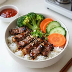 - 1 lb flank steak, thinly sliced - &frac12; cup soy sauce - 2 tablespoons brown sugar - 3 cloves garlic, minced - 1 tablespoon fresh ginger, minced - 2 cups cooked jasmine rice - 1 cup broccoli florets - 1 carrot, julienned - &frac12; cucumber, thinly sliced - 2 green onions, finely chopped - Sesame seeds - Sriracha sauce (optional) The main ingredients in this dish are simple yet packed with flavor. The flank steak is tender and absorbs the marinade well. The soy sauce adds depth, while the brown sugar balances the saltiness. Garlic and ginger give a nice kick to the marinade, making it aromatic and tasty. For the rice, I love using jasmine rice. It has a lovely aroma and a slightly sticky texture that holds up well under the steak and veggies. Broccoli and carrots add crunch, while cucumber provides a refreshing bite. Finally, don&rsquo;t forget the garnishes! Green onions add a fresh taste, and sesame seeds give a nice crunch. If you like heat, a drizzle of Sriracha sauce does the trick! {{ingredient_image_2}} - Mixing the marinade ingredients: Start by mixing &frac12; cup of soy sauce, 2 tablespoons of brown sugar, 3 minced garlic cloves, 1 tablespoon of minced ginger, 2 tablespoons of sesame oil, and 1 teaspoon of black pepper in a bowl. Whisk until the sugar dissolves. - Coating the flank steak: Add 1 lb of thinly sliced flank steak to the bowl. Make sure every piece is covered in the marinade. - Recommended marination time: Cover the bowl and let it sit in the fridge for at least 30 minutes. For a deeper flavor, marinate it for up to 2 hours. - Preheating the grill pan or skillet: Heat your grill pan or skillet over medium-high heat until it&rsquo;s hot. - Searing the steak slices: Take the steak out of the marinade. Let the extra liquid drip off. Cook the slices in batches for about 2-3 minutes on each side. Look for a nice char. - Cooking tips for perfect doneness: Use a meat thermometer. Aim for 130&deg;F for medium-rare. Adjust time if you like it more cooked. - Preparing the rice base: Start with 2 cups of cooked jasmine rice. Spoon a generous amount into each bowl. - Layering the steak and vegetables: Place the grilled steak on top of the rice. Add steamed broccoli, julienned carrot, and cucumber slices for color and crunch. - Final garnishing touches: Top with chopped green onions and sesame seeds. Drizzle with Sriracha if you want some heat! Marinating is key for great flavor. Time matters a lot. You should marinate your steak for at least 30 minutes. If you can wait, try 2 hours. This will help the flavors sink in well. Choose the right cut of meat. Flank steak is great for this dish. It has a good balance of fat and flavor. You can also use skirt steak for a similar taste. To achieve the perfect sear on your steak, heat your grill pan well. A hot surface gives you that nice char. Cook the steak for about 2-3 minutes on each side. This will lock in the juices and flavors. If you don&rsquo;t have a grill pan, you can also pan-sear. Both methods work well. Just remember, don&rsquo;t overcrowd the pan. Cook in batches if needed. Make your bowls look great! Use colorful ingredients to catch the eye. Bright green broccoli and orange carrots look amazing together. Try serving the rice bowls in fun, colorful dishes. You can also add edible flowers or microgreens for a fancy touch. This makes the meal feel special and inviting. Pro Tips Marinade Time: For the best flavor, let the steak marinate for at least 1 hour, or up to 2 hours for a deeper taste profile. High Heat Cooking: Make sure your grill pan or skillet is preheated properly to achieve that perfect sear on the steak. Layering Flavors: Don&rsquo;t hesitate to add more vegetables or toppings like avocado or pickled radish for added texture and flavor. Serving Suggestions: Serve with extra sauce on the side for those who enjoy a saucier bowl, enhancing the overall experience. {{image_4}} You can switch up the flank steak for other cuts. Sirloin or ribeye will work well. If you want a non-beef option, try chicken or tofu. Both will soak up the marinade nicely. For veggies, feel free to mix and match. Use bell peppers for sweetness or snap peas for crunch. You can also add spinach or kale for a boost of nutrients. Want more flavor? Try adding spices like paprika or cumin to the marinade. Fresh herbs like cilantro or basil can brighten the dish. If you love heat, add more Sriracha or a touch of gochujang, a Korean chili paste. This will give your rice bowls a spicy twist that many will enjoy. For meal prep, pack the rice and steak separately. This keeps the rice fluffy and the steak juicy. You can use small containers for each side. Pair these rice bowls with a simple salad or kimchi. A fresh cucumber salad works great too. It adds a cool crunch that balances the rich flavors of the beef. Store any leftover Korean BBQ steak rice bowls in the fridge. Use airtight containers for best results. This keeps the flavors fresh and prevents spills. Let the dish cool down first before sealing it. I recommend using glass containers for easy reheating. They also help you see what's inside. To reheat, take the rice and steak out. This keeps each part tasty. Heat the steak in a skillet over medium heat. This way, it stays juicy. For the rice, add a splash of water. Cover it with a lid and warm it for a few minutes. Stir often to heat evenly. Yes, you can freeze this dish! Just make sure the steak and rice are cool. Store them in freezer-safe bags or containers. Squeeze out all the air before sealing. This helps avoid freezer burn. When ready to eat, thaw in the fridge overnight. Reheat as mentioned above for best taste. You should marinate the steak for at least 30 minutes. This gives it good flavor. For even better taste, try to marinate it for 1 to 2 hours. The longer you marinate, the more flavor it absorbs. Keep it in the fridge while marinating to keep it fresh. Yes, you can use other rice types. Jasmine rice is best for its soft texture. You can also try brown rice for a nutty flavor. Sushi rice works well too, giving a sticky texture. Just make sure to cook it properly for the best taste. Several side dishes pair nicely with these rice bowls. Here are some ideas: - Kimchi: This spicy fermented cabbage adds zing. - Pickled vegetables: They give a nice crunch and contrast. - Edamame: These young soybeans are healthy and tasty. - Miso soup: A warm soup adds comfort to your meal. These sides enhance the flavors and make it a complete meal. Yes, you can make them ahead. Prepare the steak and rice in advance. Store them in the fridge in separate containers. You can also chop the veggies early. When you're ready to eat, just heat the steak and rice. This saves time on busy days and makes meals easy. This blog post guides you in making Korean BBQ Steak Rice Bowls. You learned what ingredients to use and how to prepare them with step-by-step instructions. We explored tips for marinating, cooking, and presenting your dish. Remember, personalizing this recipe with your favorite veggies can elevate your meal. Enjoying the flavors comes easy when you follow these simple steps. Now, you can impress anyone with your delicious rice bowls!