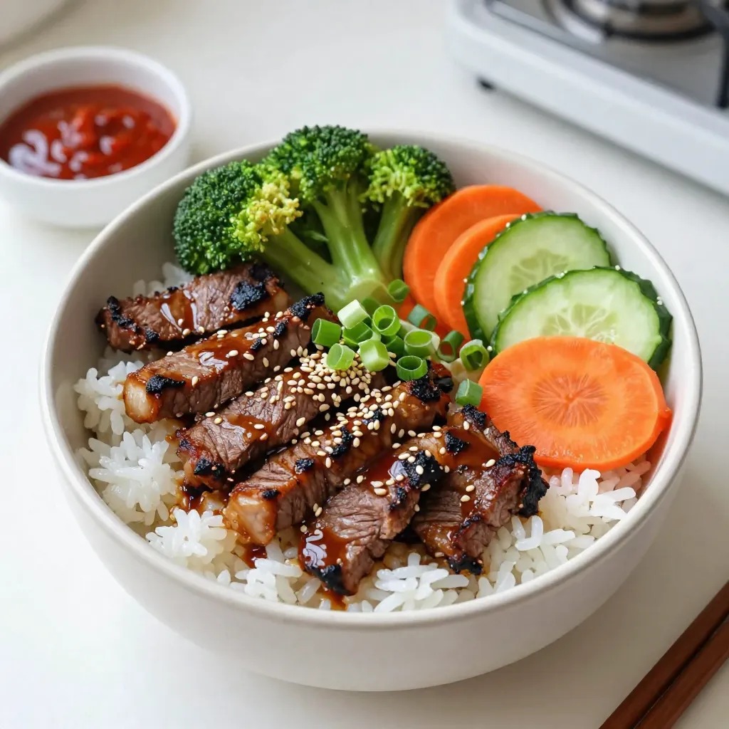 - 1 lb flank steak, thinly sliced - ½ cup soy sauce - 2 tablespoons brown sugar - 3 cloves garlic, minced - 1 tablespoon fresh ginger, minced - 2 cups cooked jasmine rice - 1 cup broccoli florets - 1 carrot, julienned - ½ cucumber, thinly sliced - 2 green onions, finely chopped - Sesame seeds - Sriracha sauce (optional) The main ingredients in this dish are simple yet packed with flavor. The flank steak is tender and absorbs the marinade well. The soy sauce adds depth, while the brown sugar balances the saltiness. Garlic and ginger give a nice kick to the marinade, making it aromatic and tasty. For the rice, I love using jasmine rice. It has a lovely aroma and a slightly sticky texture that holds up well under the steak and veggies. Broccoli and carrots add crunch, while cucumber provides a refreshing bite. Finally, don’t forget the garnishes! Green onions add a fresh taste, and sesame seeds give a nice crunch. If you like heat, a drizzle of Sriracha sauce does the trick! {{ingredient_image_2}} - Mixing the marinade ingredients: Start by mixing ½ cup of soy sauce, 2 tablespoons of brown sugar, 3 minced garlic cloves, 1 tablespoon of minced ginger, 2 tablespoons of sesame oil, and 1 teaspoon of black pepper in a bowl. Whisk until the sugar dissolves. - Coating the flank steak: Add 1 lb of thinly sliced flank steak to the bowl. Make sure every piece is covered in the marinade. - Recommended marination time: Cover the bowl and let it sit in the fridge for at least 30 minutes. For a deeper flavor, marinate it for up to 2 hours. - Preheating the grill pan or skillet: Heat your grill pan or skillet over medium-high heat until it’s hot. - Searing the steak slices: Take the steak out of the marinade. Let the extra liquid drip off. Cook the slices in batches for about 2-3 minutes on each side. Look for a nice char. - Cooking tips for perfect doneness: Use a meat thermometer. Aim for 130°F for medium-rare. Adjust time if you like it more cooked. - Preparing the rice base: Start with 2 cups of cooked jasmine rice. Spoon a generous amount into each bowl. - Layering the steak and vegetables: Place the grilled steak on top of the rice. Add steamed broccoli, julienned carrot, and cucumber slices for color and crunch. - Final garnishing touches: Top with chopped green onions and sesame seeds. Drizzle with Sriracha if you want some heat! Marinating is key for great flavor. Time matters a lot. You should marinate your steak for at least 30 minutes. If you can wait, try 2 hours. This will help the flavors sink in well. Choose the right cut of meat. Flank steak is great for this dish. It has a good balance of fat and flavor. You can also use skirt steak for a similar taste. To achieve the perfect sear on your steak, heat your grill pan well. A hot surface gives you that nice char. Cook the steak for about 2-3 minutes on each side. This will lock in the juices and flavors. If you don’t have a grill pan, you can also pan-sear. Both methods work well. Just remember, don’t overcrowd the pan. Cook in batches if needed. Make your bowls look great! Use colorful ingredients to catch the eye. Bright green broccoli and orange carrots look amazing together. Try serving the rice bowls in fun, colorful dishes. You can also add edible flowers or microgreens for a fancy touch. This makes the meal feel special and inviting. Pro Tips Marinade Time: For the best flavor, let the steak marinate for at least 1 hour, or up to 2 hours for a deeper taste profile. High Heat Cooking: Make sure your grill pan or skillet is preheated properly to achieve that perfect sear on the steak. Layering Flavors: Don’t hesitate to add more vegetables or toppings like avocado or pickled radish for added texture and flavor. Serving Suggestions: Serve with extra sauce on the side for those who enjoy a saucier bowl, enhancing the overall experience. {{image_4}} You can switch up the flank steak for other cuts. Sirloin or ribeye will work well. If you want a non-beef option, try chicken or tofu. Both will soak up the marinade nicely. For veggies, feel free to mix and match. Use bell peppers for sweetness or snap peas for crunch. You can also add spinach or kale for a boost of nutrients. Want more flavor? Try adding spices like paprika or cumin to the marinade. Fresh herbs like cilantro or basil can brighten the dish. If you love heat, add more Sriracha or a touch of gochujang, a Korean chili paste. This will give your rice bowls a spicy twist that many will enjoy. For meal prep, pack the rice and steak separately. This keeps the rice fluffy and the steak juicy. You can use small containers for each side. Pair these rice bowls with a simple salad or kimchi. A fresh cucumber salad works great too. It adds a cool crunch that balances the rich flavors of the beef. Store any leftover Korean BBQ steak rice bowls in the fridge. Use airtight containers for best results. This keeps the flavors fresh and prevents spills. Let the dish cool down first before sealing it. I recommend using glass containers for easy reheating. They also help you see what's inside. To reheat, take the rice and steak out. This keeps each part tasty. Heat the steak in a skillet over medium heat. This way, it stays juicy. For the rice, add a splash of water. Cover it with a lid and warm it for a few minutes. Stir often to heat evenly. Yes, you can freeze this dish! Just make sure the steak and rice are cool. Store them in freezer-safe bags or containers. Squeeze out all the air before sealing. This helps avoid freezer burn. When ready to eat, thaw in the fridge overnight. Reheat as mentioned above for best taste. You should marinate the steak for at least 30 minutes. This gives it good flavor. For even better taste, try to marinate it for 1 to 2 hours. The longer you marinate, the more flavor it absorbs. Keep it in the fridge while marinating to keep it fresh. Yes, you can use other rice types. Jasmine rice is best for its soft texture. You can also try brown rice for a nutty flavor. Sushi rice works well too, giving a sticky texture. Just make sure to cook it properly for the best taste. Several side dishes pair nicely with these rice bowls. Here are some ideas: - Kimchi: This spicy fermented cabbage adds zing. - Pickled vegetables: They give a nice crunch and contrast. - Edamame: These young soybeans are healthy and tasty. - Miso soup: A warm soup adds comfort to your meal. These sides enhance the flavors and make it a complete meal. Yes, you can make them ahead. Prepare the steak and rice in advance. Store them in the fridge in separate containers. You can also chop the veggies early. When you're ready to eat, just heat the steak and rice. This saves time on busy days and makes meals easy. This blog post guides you in making Korean BBQ Steak Rice Bowls. You learned what ingredients to use and how to prepare them with step-by-step instructions. We explored tips for marinating, cooking, and presenting your dish. Remember, personalizing this recipe with your favorite veggies can elevate your meal. Enjoying the flavors comes easy when you follow these simple steps. Now, you can impress anyone with your delicious rice bowls!