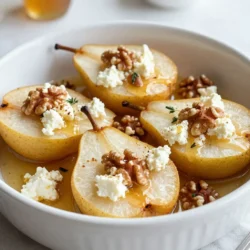 - 4 ripe pears, cut in half and cored - 1 cup feta cheese, crumbled - 1/2 cup walnuts, roughly chopped - 1/4 cup honey - 1 teaspoon ground cinnamon - 1/2 teaspoon pure vanilla extract - 2 tablespoons extra-virgin olive oil - Fresh thyme leaves for garnish If you don&rsquo;t have pears, try apples. They bake well and taste great. For feta, goat cheese works nicely too. You can swap walnuts with pecans or almonds. If you want a sweeter taste, use maple syrup instead of honey. {{ingredient_image_2}} First, turn on your oven. Set it to 375&deg;F (190&deg;C). Preheating makes sure your pears bake evenly. This step is key for a great texture. Next, take four ripe pears. Cut each pear in half and remove the core. Place them cut-side up in a baking dish. Make sure they have some space between them. This helps them cook just right. Now, grab a medium bowl. Add 1 cup of crumbled feta cheese and 1/2 cup of chopped walnuts. Pour in 1/4 cup of honey, 1 teaspoon of ground cinnamon, and 1/2 teaspoon of pure vanilla extract. Mix everything well until you have a smooth, creamy filling. This mixture is sweet and savory. Drizzle 2 tablespoons of extra-virgin olive oil over the pears. Use just enough to coat them lightly. Then, fill each pear half with your honey-feta blend. Pack it in well! Place the dish in your oven and bake for 25-30 minutes. The pears should become tender, and the top will be golden and bubbly. When done, let them cool for a few minutes. Enjoy the delightful aroma! To make Honey Feta Baked Pears, choose ripe pears. Ripe pears feel slightly soft when you press them. If they are too hard, they won&rsquo;t bake well. I like using Bartlett or Anjou pears. These types have a sweet flavor. If you can, let your pears sit at room temperature for a day or two. This helps them ripen perfectly. You can add more spices if you want. Try nutmeg or cardamom for a unique twist. These spices blend well with the honey and feta. A pinch of sea salt can also make the flavors pop. Remember, less is more. You want the pears to shine. Adjust the spices to fit your taste. Serve your baked pears warm. They are great on their own or with a scoop of vanilla ice cream. You can also pair them with yogurt for a healthy option. For a fancy touch, drizzle extra honey on top. Fresh thyme leaves add a nice color and taste. Enjoy your delicious dessert! Pro Tips Choose the Right Pears: Select ripe pears that are slightly soft to the touch for the best flavor and texture after baking. Experiment with Cheese: If you want a different flavor profile, try substituting goat cheese for feta for a tangy twist. Nut Variations: Feel free to swap walnuts with pecans or almonds for a unique crunch and flavor. Serving Suggestion: Serve these baked pears with a scoop of vanilla ice cream or Greek yogurt for an indulgent treat. {{image_4}} You can switch up the nuts in this recipe. Walnuts add a great crunch, but pecans work well too. Use chopped almonds for a lighter taste. Each nut brings its own flavor. Toast them lightly for extra depth. This small change can make a big difference in taste. Feta is creamy and tangy, but you can try other cheeses too. Goat cheese adds a soft texture with a bit of tang. Cream cheese gives a rich and smooth feel. For a sharper taste, use blue cheese. Each cheese brings a unique flavor to the dish. Explore and find your favorite. Want to make this dish savory? Skip the honey and vanilla. Instead, add herbs like rosemary or sage. You can mix in diced prosciutto with the cheese. This adds a salty kick that pairs well with pears. Serve it as a starter or side dish. It&rsquo;s a fun twist on a classic dessert. After enjoying your Honey Feta Baked Pears, let them cool completely. Place the pears in an airtight container. You can store them in the fridge for up to three days. Make sure to cover them well to keep them fresh. When you're ready to enjoy your leftovers, preheat your oven to 350&deg;F (175&deg;C). Place the pears on a baking sheet. Heat them for about 10 to 15 minutes. This warms them through and keeps the texture nice. You can also use a microwave. Heat each pear for about 30 seconds to 1 minute. Just be careful not to overheat, as it can make them mushy. Freezing is a great option if you want to save some pears for later. To freeze, first, let them cool completely. Wrap each pear tightly in plastic wrap. Then, place them in a freezer-safe bag or container. You can keep them in the freezer for up to three months. When you&rsquo;re ready to eat, thaw them in the fridge overnight before reheating. This way, they stay tasty and delicious. Yes, you can use goat cheese or ricotta. Both add a creamy texture. Goat cheese offers a tangy flavor, while ricotta has a mild taste. Each cheese gives a unique twist to the dish. Experiment with what you like best! These baked pears pair well with ice cream or yogurt. The coolness balances the warm dish. You can also serve them with a scoop of vanilla ice cream. A sprinkle of crushed nuts adds a nice crunch, too. The pears are done when they are fork-tender. You should also see a golden crust on the cheese mix. Check them at the 25-minute mark. If they need more time, bake for an extra five minutes. Enjoy the sweet aroma as they bake! This blog post covered everything you need for honey feta baked pears. We explored the key ingredients, helpful tips, and step-by-step instructions. You learned ways to customize your dish and store leftovers safely. My final thought is this: this recipe is a simple delight. Enjoy making it your own and impressing your friends. Happy baking!