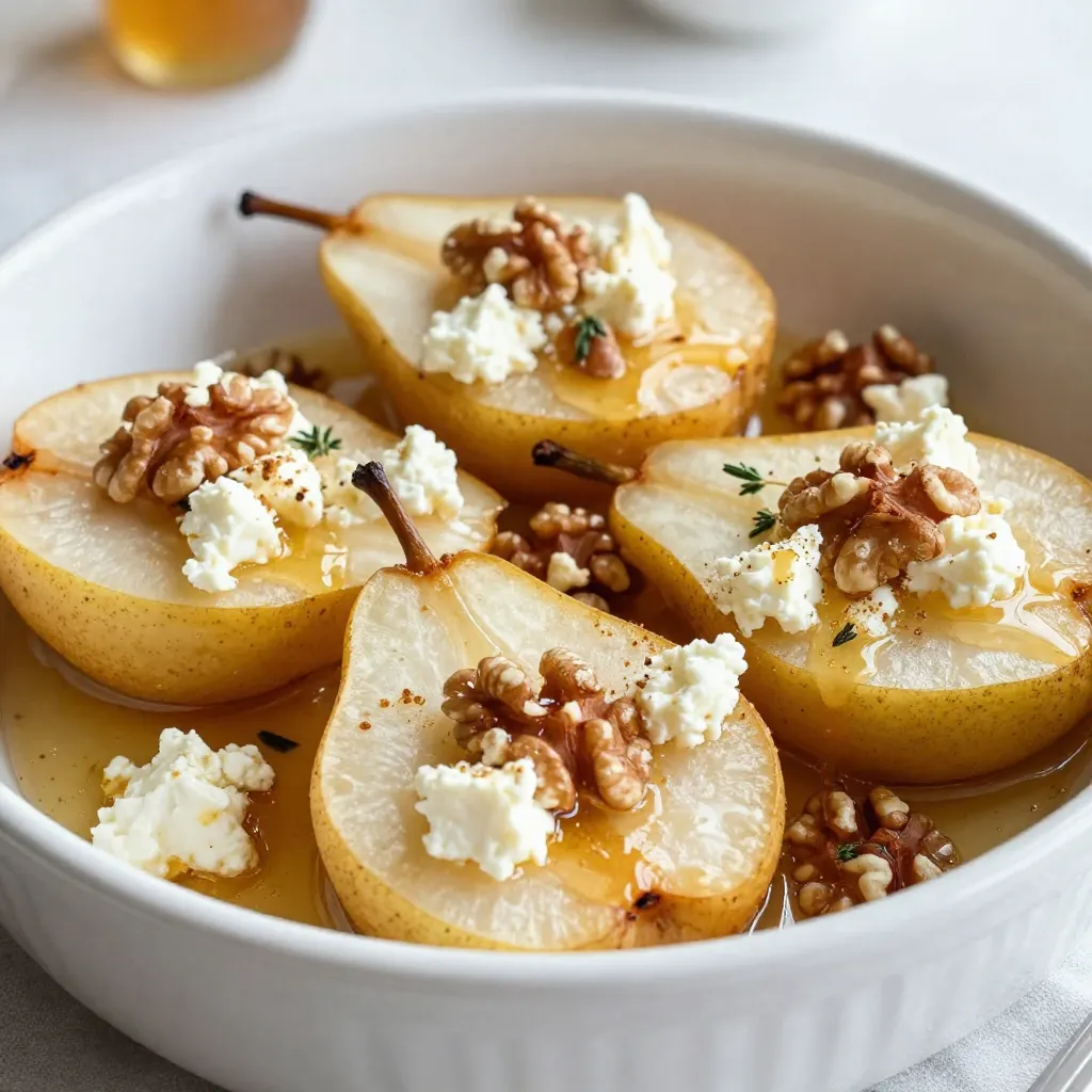 - 4 ripe pears, cut in half and cored - 1 cup feta cheese, crumbled - 1/2 cup walnuts, roughly chopped - 1/4 cup honey - 1 teaspoon ground cinnamon - 1/2 teaspoon pure vanilla extract - 2 tablespoons extra-virgin olive oil - Fresh thyme leaves for garnish If you don’t have pears, try apples. They bake well and taste great. For feta, goat cheese works nicely too. You can swap walnuts with pecans or almonds. If you want a sweeter taste, use maple syrup instead of honey. {{ingredient_image_2}} First, turn on your oven. Set it to 375°F (190°C). Preheating makes sure your pears bake evenly. This step is key for a great texture. Next, take four ripe pears. Cut each pear in half and remove the core. Place them cut-side up in a baking dish. Make sure they have some space between them. This helps them cook just right. Now, grab a medium bowl. Add 1 cup of crumbled feta cheese and 1/2 cup of chopped walnuts. Pour in 1/4 cup of honey, 1 teaspoon of ground cinnamon, and 1/2 teaspoon of pure vanilla extract. Mix everything well until you have a smooth, creamy filling. This mixture is sweet and savory. Drizzle 2 tablespoons of extra-virgin olive oil over the pears. Use just enough to coat them lightly. Then, fill each pear half with your honey-feta blend. Pack it in well! Place the dish in your oven and bake for 25-30 minutes. The pears should become tender, and the top will be golden and bubbly. When done, let them cool for a few minutes. Enjoy the delightful aroma! To make Honey Feta Baked Pears, choose ripe pears. Ripe pears feel slightly soft when you press them. If they are too hard, they won’t bake well. I like using Bartlett or Anjou pears. These types have a sweet flavor. If you can, let your pears sit at room temperature for a day or two. This helps them ripen perfectly. You can add more spices if you want. Try nutmeg or cardamom for a unique twist. These spices blend well with the honey and feta. A pinch of sea salt can also make the flavors pop. Remember, less is more. You want the pears to shine. Adjust the spices to fit your taste. Serve your baked pears warm. They are great on their own or with a scoop of vanilla ice cream. You can also pair them with yogurt for a healthy option. For a fancy touch, drizzle extra honey on top. Fresh thyme leaves add a nice color and taste. Enjoy your delicious dessert! Pro Tips Choose the Right Pears: Select ripe pears that are slightly soft to the touch for the best flavor and texture after baking. Experiment with Cheese: If you want a different flavor profile, try substituting goat cheese for feta for a tangy twist. Nut Variations: Feel free to swap walnuts with pecans or almonds for a unique crunch and flavor. Serving Suggestion: Serve these baked pears with a scoop of vanilla ice cream or Greek yogurt for an indulgent treat. {{image_4}} You can switch up the nuts in this recipe. Walnuts add a great crunch, but pecans work well too. Use chopped almonds for a lighter taste. Each nut brings its own flavor. Toast them lightly for extra depth. This small change can make a big difference in taste. Feta is creamy and tangy, but you can try other cheeses too. Goat cheese adds a soft texture with a bit of tang. Cream cheese gives a rich and smooth feel. For a sharper taste, use blue cheese. Each cheese brings a unique flavor to the dish. Explore and find your favorite. Want to make this dish savory? Skip the honey and vanilla. Instead, add herbs like rosemary or sage. You can mix in diced prosciutto with the cheese. This adds a salty kick that pairs well with pears. Serve it as a starter or side dish. It’s a fun twist on a classic dessert. After enjoying your Honey Feta Baked Pears, let them cool completely. Place the pears in an airtight container. You can store them in the fridge for up to three days. Make sure to cover them well to keep them fresh. When you're ready to enjoy your leftovers, preheat your oven to 350°F (175°C). Place the pears on a baking sheet. Heat them for about 10 to 15 minutes. This warms them through and keeps the texture nice. You can also use a microwave. Heat each pear for about 30 seconds to 1 minute. Just be careful not to overheat, as it can make them mushy. Freezing is a great option if you want to save some pears for later. To freeze, first, let them cool completely. Wrap each pear tightly in plastic wrap. Then, place them in a freezer-safe bag or container. You can keep them in the freezer for up to three months. When you’re ready to eat, thaw them in the fridge overnight before reheating. This way, they stay tasty and delicious. Yes, you can use goat cheese or ricotta. Both add a creamy texture. Goat cheese offers a tangy flavor, while ricotta has a mild taste. Each cheese gives a unique twist to the dish. Experiment with what you like best! These baked pears pair well with ice cream or yogurt. The coolness balances the warm dish. You can also serve them with a scoop of vanilla ice cream. A sprinkle of crushed nuts adds a nice crunch, too. The pears are done when they are fork-tender. You should also see a golden crust on the cheese mix. Check them at the 25-minute mark. If they need more time, bake for an extra five minutes. Enjoy the sweet aroma as they bake! This blog post covered everything you need for honey feta baked pears. We explored the key ingredients, helpful tips, and step-by-step instructions. You learned ways to customize your dish and store leftovers safely. My final thought is this: this recipe is a simple delight. Enjoy making it your own and impressing your friends. Happy baking!