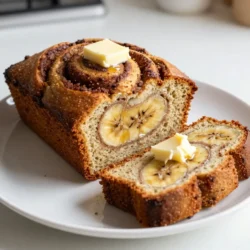 To make a delicious cinnamon swirl banana bread, gather these simple ingredients: - 3 ripe bananas, thoroughly mashed - 1/3 cup unsalted butter, melted - 1 teaspoon baking soda - 1 small pinch of salt - 3/4 cup granulated sugar (for a deeper flavor, use brown sugar) - 1 large egg, beaten until frothy - 1 teaspoon pure vanilla extract - 1 cup all-purpose flour - 1 tablespoon ground cinnamon - 1/4 cup packed brown sugar (for the cinnamon swirl) You can swap some ingredients if needed: - Use coconut oil in place of unsalted butter for a dairy-free option. - Substitute honey or maple syrup for granulated sugar for a healthier touch. - If you want a gluten-free option, try almond flour instead of all-purpose flour. Choosing the right bananas is key. Look for bananas that have: - A bright yellow color with some brown spots, as this shows ripeness. - A soft feel when you squeeze them gently, indicating they are ready. - If your bananas are still green, let them sit at room temperature for a few days. You can speed up the ripening by placing them in a paper bag. These tips will help you select the best bananas for your bread, leading to a richer flavor and texture. {{ingredient_image_2}} To start, preheat your oven to 350&deg;F (175&deg;C). This helps your bread bake evenly. While it heats, take a 9x5 inch loaf pan and grease it with butter or cooking spray. This step is key to stopping the bread from sticking. A well-prepared pan makes removing the bread easy once it&rsquo;s baked. In a large bowl, mash three ripe bananas until smooth. You want them creamy, with no lumps. Next, add 1/3 cup of melted unsalted butter. Stir these together well. Then, add 1 teaspoon of baking soda and a small pinch of salt. Mix them in for a balanced flavor. Now, add 3/4 cup of granulated sugar or brown sugar for a deeper taste. Mix until combined. Then, pour in one beaten large egg and 1 teaspoon of pure vanilla extract. Stir until everything is mixed well. Now, it&rsquo;s time to add 1 cup of all-purpose flour. Fold it in gently. This keeps the batter light and fluffy, so don&rsquo;t over-mix! In a small bowl, whisk together 1 tablespoon of ground cinnamon and 1/4 cup of packed brown sugar. This mix gives your bread that tasty swirl. Pour half of the banana batter into your prepared pan. Spread it evenly. Then, sprinkle half of the cinnamon-brown sugar mix over the top. Pour the rest of the banana batter on top, and finish with the remaining cinnamon mix. Now, take a knife or skewer and gently swirl the batter. This creates a beautiful marbled effect. Finally, place the loaf pan in the oven. Bake for 60-65 minutes or until a toothpick comes out clean. After baking, let the bread cool in the pan for about 10 minutes. Then, move it to a wire rack to cool completely. Enjoy your delicious cinnamon swirl banana bread! To make sure your banana bread stays moist, start with very ripe bananas. The riper the bananas, the sweeter and moister the bread. Mash them well; lumps can lead to uneven texture. Use melted butter instead of oil; it adds flavor and richness. Add a pinch of salt to enhance the sweetness. Mixing the batter gently helps keep it light. Over-mixing can make the bread dense and dry. One common mistake is not using enough ripe bananas. Stick to three ripe bananas for the best flavor. Another mistake is baking at too high a temperature. Always set your oven to 350&deg;F (175&deg;C) for even cooking. Do not skip the cinnamon swirl mixture. It adds a delicious flavor twist. Lastly, avoid opening the oven door too soon. This can cause the bread to sink in the middle. To check if your banana bread is done, use a toothpick. Insert it in the center of the loaf. If it comes out clean or with a few moist crumbs, the bread is ready. If the toothpick has wet batter, give it more time. Baking usually takes about 60 to 65 minutes. Be patient; the smell will guide you! Pro Tips Use Overripe Bananas: The riper the bananas, the sweeter and more flavorful your banana bread will be. Look for bananas that are heavily speckled or even brown for the best results. Don&rsquo;t Overmix: When combining the flour with the wet ingredients, mix just until incorporated. Overmixing can lead to a dense and tough texture. Swirl Technique: For a beautiful cinnamon swirl, use a knife or skewer to gently fold the cinnamon-brown sugar mixture into the batter without fully mixing it in. Cool Before Slicing: Allow the banana bread to cool in the pan for 10 minutes and then transfer it to a wire rack. Slicing it too soon can result in a mushy texture. {{image_4}} You can make your cinnamon swirl banana bread even better by adding fun ingredients. Here are some choices: - Chopped nuts: Walnuts or pecans add a nice crunch. - Chocolate chips: They melt and create sweet pockets in the bread. - Dried fruit: Raisins or cranberries give a chewy texture. - Coconut flakes: They add a tropical twist. Feel free to mix in any of these options. Just remember to keep the total amount to about 1 cup. This way, you won&rsquo;t change the bread&rsquo;s texture too much. If you need a gluten-free option, it's simple to adapt the recipe. Replace all-purpose flour with a gluten-free flour blend. Choose one that works well in baking. - Use 1 cup of gluten-free flour blend instead of regular flour. - Add 1/2 teaspoon of xanthan gum if your blend doesn&rsquo;t have it. This helps the bread rise and stay together. Follow the rest of the steps as usual, and you&rsquo;ll have a delicious gluten-free treat! For those with nut or dairy allergies, you can make this banana bread safe and tasty. Here&rsquo;s how: - Nut-free: Omit nuts completely. You can still add chocolate chips or dried fruit. - Dairy-free: Use coconut oil or vegetable oil instead of butter. For the best results, check if your chocolate chips are dairy-free. With these changes, everyone can enjoy this yummy banana bread! To keep your cinnamon swirl banana bread fresh, wrap it tightly in plastic wrap. This will help keep the moisture in. Place the wrapped bread in a resealable bag or an airtight container. Store it at room temperature for up to three days. If you live in a warm area, refrigerating it can help it last longer. Just be aware that cold storage may dry it out a bit. If you want to save some banana bread for later, freezing is a great option. First, let the bread cool completely. Then slice it into individual pieces for easy access. Wrap each slice in plastic wrap and place them in a freezer-safe bag. You can freeze the slices for up to three months. To make sure you enjoy the best flavor, label the bag with the date. When you want to enjoy your frozen banana bread, take a slice out of the bag. Let it thaw in the fridge overnight or on the counter for a few hours. For a warm treat, you can reheat it in the microwave. Heat it for about 10-15 seconds on high. If you prefer a crispier texture, pop it in a toaster or oven for a few minutes. This will revive the lovely flavors and textures of your cinnamon swirl banana bread. Yes, you can make this recipe without eggs. Use a mashed banana or unsweetened applesauce as a substitute. Use 1/4 cup of either for each egg. This will keep the bread moist and tasty. To store your banana bread, wrap it in plastic wrap or foil. Keep it at room temperature for up to three days. For longer storage, place it in the fridge. You can also freeze it for about three months. Just slice it first for easy thawing. If your banana bread is too dense, try a few fixes. First, check your flour measurement. Too much flour can make it heavy. Next, ensure you mixed the batter gently. Over-mixing can also cause density. Lastly, make sure your baking soda is fresh. Old baking soda may not rise properly. This blog post covered everything you need for cinnamon swirl banana bread. You learned what ingredients to use, plus tips for picking the right bananas. We walked through making the batter and creating a delightful swirl. You discovered ways to keep your bread moist and how to avoid common mistakes. I also shared options for gluten-free or nut-free bread. Finally, don&rsquo;t forget how to store and reheat leftovers! Enjoy your baking and make this recipe your own!