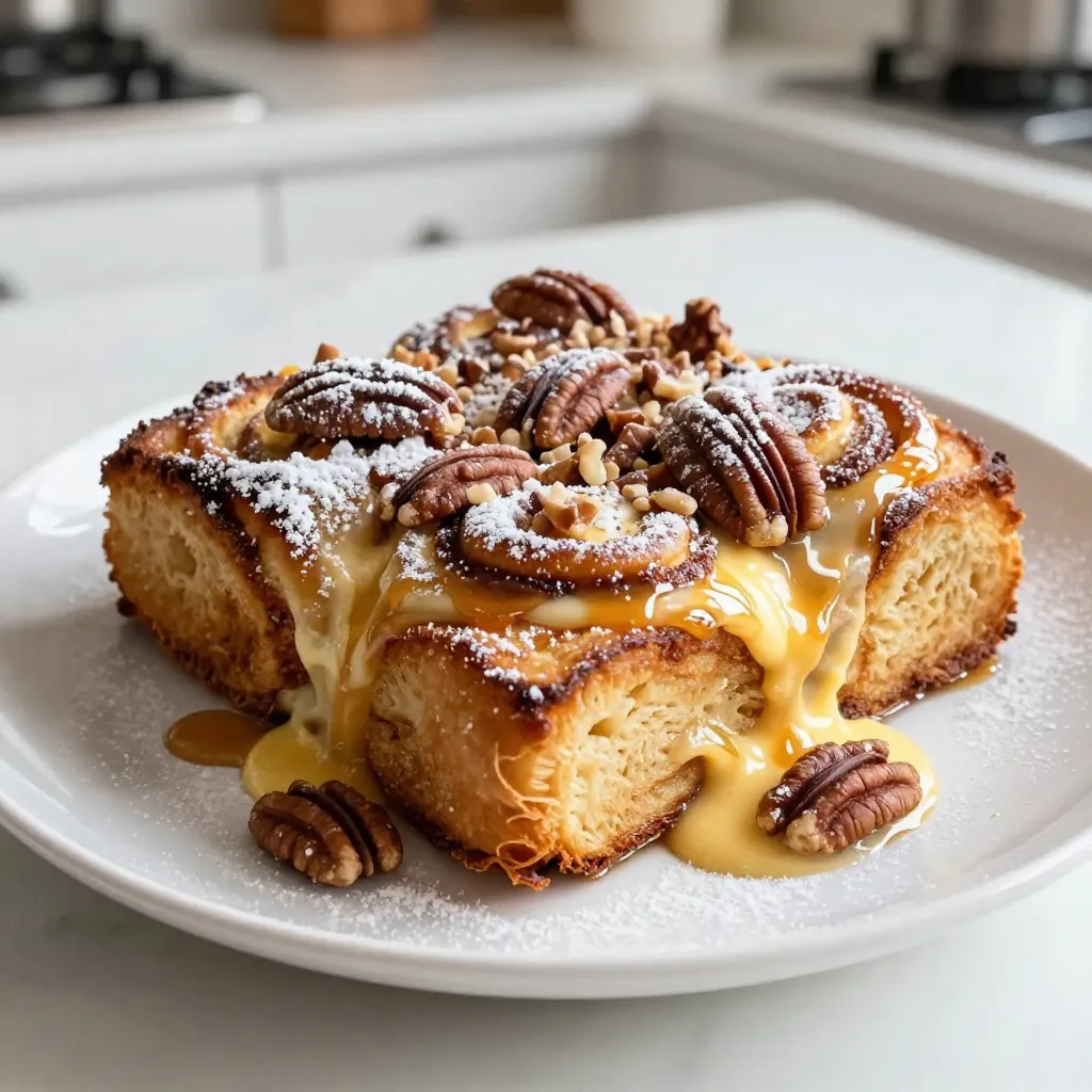 - 2 cans (8 oz each) refrigerated cinnamon rolls - 6 large eggs - 1 cup milk (whole, almond, etc.) - 1/2 cup heavy cream - 1 teaspoon vanilla extract - 1 teaspoon ground cinnamon - 1/4 teaspoon freshly grated nutmeg - 1/4 cup pure maple syrup - 1/2 cup chopped pecans (optional) - Powdered sugar for garnishing Gathering these simple ingredients is the first step to making a delicious Cinnamon Roll French Toast Casserole. The star of this dish is the cinnamon rolls. They add a sweet, soft base. You can choose any milk you like, whether it’s whole or almond. Heavy cream adds richness to the egg mixture. The eggs are key for binding the casserole and making it fluffy. Vanilla extract brings a warm flavor that pairs well with cinnamon. The ground cinnamon and nutmeg enhance the spice profile, making each bite flavorful. If you want some crunch, pecans work perfectly, but they are optional. Finally, powdered sugar is perfect for a sweet finish. This simple list makes it easy for anyone to create a delightful dish that brings joy to breakfast or brunch. {{ingredient_image_2}} - Preheat the oven to 350°F (175°C). - Grease a 9x13 inch baking dish. - Cut each cinnamon roll into quarters. - Layer the cinnamon roll pieces in the baking dish. - Whisk together eggs, milk, cream, and spices. - Pour the mixture over cinnamon rolls. - Cover with aluminum foil and bake for 25 minutes. - Remove foil and bake for an additional 15-20 minutes. - Cool for 5 minutes before serving. - Drizzle with icing and sprinkle powdered sugar. This casserole is fun to make. Each step builds a tasty dish. Follow these steps closely for the best results. Enjoy your time in the kitchen! To ensure even soaking of the cinnamon rolls, cut each roll into quarters. Spread the pieces evenly in your baking dish. This helps each piece absorb the egg mixture. You should also press down gently with a spatula. This step ensures that the mixture soaks into every bite. For a golden brown texture, cover the casserole with foil for the first half of baking. This traps steam and keeps it moist. After 25 minutes, remove the foil. Bake until the top is golden and firm. Check for doneness by gently shaking the dish. If it wobbles, it needs more time. You can substitute milk with different options. Whole milk is rich, but almond or oat milk works well too. Each choice gives a different flavor. You can also add fun twists to the egg mixture. Try mixing in some orange zest for a fresh taste. A splash of almond extract will add a nice touch too. For a stunning finish, garnish with chopped pecans and a drizzle of maple syrup. This adds crunch and sweetness. You can also serve slices with fresh fruit, like berries or banana slices. A dollop of whipped cream on the side makes it feel extra special. Enjoy serving this tasty dish warm for the best experience. Pro Tips Use Day-Old Cinnamon Rolls: If you have leftover cinnamon rolls, they work perfectly for this casserole, adding extra flavor and texture. Customize Your Mix: Feel free to add your favorite spices or extracts, such as almond or orange zest, to elevate the flavor profile. Soak Longer for Extra Moisture: For an even richer texture, let the cinnamon roll pieces soak in the egg mixture for 30 minutes before baking. Make Ahead: Prepare the casserole the night before, cover it, and store it in the fridge. Just pop it in the oven in the morning for a hassle-free breakfast! {{image_4}} To make this casserole nut-free, just skip the pecans. You can still add a nice crunch by using granola or seeds. Granola adds a sweet and crunchy layer on top. Seeds like sunflower or pumpkin can also work. They give a nice texture without nuts. Want to boost the flavor? Try adding fresh fruits like blueberries or sliced bananas. These fruits bring a burst of sweetness and color. You can also mix in chocolate chips for a sweeter treat. This makes each bite even more fun! For a healthier twist, use whole wheat cinnamon rolls instead of regular ones. This simple swap adds fiber to your meal. You can also cut down on sugar. Try using natural sweeteners like honey or maple syrup. This makes your dish tasty and a bit better for you! To store leftovers of your cinnamon roll French toast casserole, let it cool first. Once cooled, cover it tightly with plastic wrap or aluminum foil. You can also place it in an airtight container. This way, it stays fresh in the refrigerator for up to three days. When you want to reheat, preheat your oven to 350°F (175°C). Place the casserole in the oven for about 15-20 minutes. You can also use a microwave. Heat it in short bursts of 30 seconds until warm. Cover it with a damp paper towel to keep it moist. If you want to save it for later, you can freeze the casserole. Cut it into portions first. Wrap each piece in plastic wrap, then place them in a freezer-safe bag. This method helps to keep them fresh for up to three months. To thaw, move the casserole from the freezer to the fridge. Let it sit overnight. If you're in a hurry, you can use the microwave on the defrost setting. After thawing, reheat in the oven at 350°F (175°C) for about 20-25 minutes. This keeps the texture nice and fluffy. Yes, you can prepare this casserole the night before. This saves time in the morning. To do this, follow these steps: - Assemble the casserole as usual. - Cover it tightly with plastic wrap or foil. - Store it in the fridge overnight. - In the morning, remove it from the fridge and let it sit at room temperature for about 30 minutes. - Bake as directed, adding a few extra minutes if needed. You will know the casserole is done when it looks golden brown on top. The center should feel firm when pressed lightly. Here are some signs to look for: - The surface is set and not jiggly. - A toothpick inserted in the center comes out clean. - The edges pull away slightly from the sides of the dish. Yes, you can make this recipe gluten-free. Here are some tips: - Use gluten-free refrigerated cinnamon rolls. Many brands offer these. - Check labels for hidden gluten in other ingredients, like vanilla extract. - Adjust the baking time if necessary, as gluten-free products can vary. With these changes, you can enjoy this delicious dish without gluten! This blog covered how to make a tasty Cinnamon Roll French Toast Casserole. We looked at the key ingredients, step-by-step instructions, and helpful tips to perfect it. You learned about variations to suit your taste and how to store leftovers. Try this recipe for a fun breakfast that everyone will love. Enjoy your cooking and sharing this delightful dish!