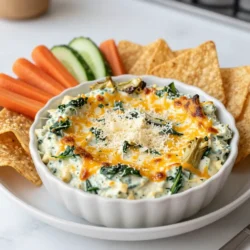 To make the perfect Cheesy Spinach Artichoke Dip, gather these simple ingredients: - 1 cup frozen chopped spinach, thoroughly thawed and drained - 1 cup canned artichoke hearts, fully drained and finely chopped - 1 cup cream cheese, softened to room temperature - 1/2 cup sour cream - 1 cup shredded mozzarella cheese - 1/2 cup grated Parmesan cheese - 1 clove garlic, finely minced - 1 teaspoon onion powder - 1/2 teaspoon garlic powder - Salt and freshly ground black pepper to taste - Tortilla chips and colorful veggie sticks for serving These ingredients come together to create a creamy, cheesy dip that is hard to resist. The spinach and artichokes add freshness and flavor, while the blend of cheeses brings richness to each bite. Using frozen spinach makes this dish quick and easy, while canned artichokes offer convenience without sacrificing taste. When you mix these ingredients, you will get a delightful dip that everyone will love. Be sure to have plenty of tortilla chips and veggie sticks ready for dipping! {{ingredient_image_2}} First, you need to set your oven to 350&deg;F (175&deg;C). This heat will help your dip bake perfectly. Make sure it preheats while you prepare the other ingredients. In a large mixing bowl, add the softened cream cheese, sour cream, shredded mozzarella, and grated Parmesan. Use a hand mixer or a spatula to mix until smooth. You want a creamy texture that blends well. This base is key for that rich flavor. Now, gently fold in the thawed spinach and chopped artichoke hearts. Add the minced garlic, onion powder, garlic powder, salt, and pepper. Mix everything together until well combined. Ensure each bite has a bit of all the tasty ingredients. Next, transfer the mixture into an 8x8 inch baking dish. Use a spatula to smooth the top. This helps it cook evenly. Place your dish in the preheated oven. Bake for 25 to 30 minutes. Check for doneness when the dip bubbles and the top turns golden brown. This is when the flavors meld beautifully. Once baked, take the dish out and let it cool for a few minutes. This cooling time makes serving safer and easier. Serve the warm dip with crunchy tortilla chips and colorful veggie sticks around it. This not only looks great but adds a nice crunch. Enjoy your delicious creation! To enhance the flavor of your cheesy spinach artichoke dip, try adding a dash of cayenne pepper. This spice brings a gentle heat that balances the creamy flavors. You can also mix in some crushed red pepper for extra kick. Fresh herbs like parsley or basil can brighten the dip's taste, too. If you want a bit more depth, a splash of lemon juice can work wonders. Just be careful not to overdo it; a little goes a long way! Using the right tools makes a big difference. I recommend a large mixing bowl for blending the creamy base. A hand mixer helps achieve that smooth texture. For baking, choose an 8x8-inch dish. It ensures even cooking and makes serving easy. Don't forget a spatula for mixing and transferring the dip. These simple tools help create the best cheesy spinach artichoke dip. One common mistake is not draining the spinach and artichokes well. Excess moisture can make your dip watery. Always squeeze out the extra liquid. Another pitfall is mixing the ingredients too roughly. Gently fold in the veggies to keep the dip creamy. Lastly, keep an eye on the baking time. Overbaking can dry out the dip, so watch for that golden brown top. Following these tips ensures a perfect dip every time! Pro Tips Tip Title: Use Fresh Ingredients: Whenever possible, opt for fresh spinach and artichokes instead of frozen or canned for a brighter flavor and better texture. Tip Title: Adjust the Cheese Ratio: Feel free to customize the cheese ratio to your liking. Adding extra mozzarella can make the dip even cheesier! Tip Title: Spice it Up: Add a pinch of red pepper flakes or a dash of hot sauce to give your dip a spicy kick that balances the creaminess. Tip Title: Make it Ahead: Prepare the dip in advance and store it in the refrigerator. Just bake it when you&rsquo;re ready to serve for a quick and easy appetizer! {{image_4}} You can easily boost your dip with protein. Adding crab gives a sweet, ocean flavor. Shredded chicken adds heartiness, making it a full meal. Crispy bacon crumbles add a smoky touch that many love. Just mix in about one cup of your chosen protein when you blend the cheeses. This change makes your dip even more satisfying and fun. Mix up the cheese for a new taste. Try cream cheese with goat cheese for a tangy twist. You can also swap mozzarella for cheddar for a sharper bite. If you want something truly unique, use blue cheese for a bold flavor. These changes keep the dip fresh and exciting each time you make it. Lighten your dip without losing taste. Use Greek yogurt instead of sour cream for fewer calories. Low-fat cream cheese works well, too. You can also use part-skim mozzarella to cut fat. Adding more spinach not only boosts nutrition but also adds volume. These swaps make the dip a healthier option while still being creamy and delicious. Store leftover dip in an airtight container. Let it cool to room temperature first. It will stay fresh for about 3 to 4 days in the fridge. When you are ready to eat, just reheat it in the microwave or oven. Stir it well to warm it evenly. You can freeze the dip for later use. Place it in a freezer-safe container. Make sure to leave some space at the top for expansion. It can last up to 2 months in the freezer. To reheat, thaw it overnight in the fridge. Then, warm it in the oven at 350&deg;F (175&deg;C) until hot and bubbly. The dip remains fresh for 3 to 4 days in the fridge and 2 months in the freezer. Always check for any signs of spoilage before eating. If it looks or smells off, it's best to throw it out. Enjoy the cheesy goodness while it lasts! Yes, you can make Cheesy Spinach Artichoke Dip ahead of time. Mix all the ingredients and put them in a baking dish. Cover it tightly with plastic wrap. Store it in the fridge for up to 24 hours. When you're ready, bake it as directed. This makes it easy for parties or gatherings. You can serve this dip with a variety of snacks. Here are some great options: - Tortilla chips - Pita chips - Sliced baguette - Colorful veggie sticks, like carrots and cucumbers - Crackers These dippers pair well and add a nice crunch to the creamy dip. Yes, this dip is naturally vegetarian. It contains no meat or animal products (aside from dairy). You can easily make it vegan by swapping cream cheese and sour cream for plant-based versions. Use vegan mozzarella cheese for a dairy-free option. This way, everyone can enjoy the delicious flavors! This article shared a fun and easy recipe for Cheesy Spinach Artichoke Dip. We covered the ingredients, step-by-step instructions, and helpful tips to make it perfect. You learned how to mix and bake this tasty dip, with options to customize it. Don't forget to store any leftovers properly or try variations for a different twist. Enjoy your delicious dip at your next gathering!