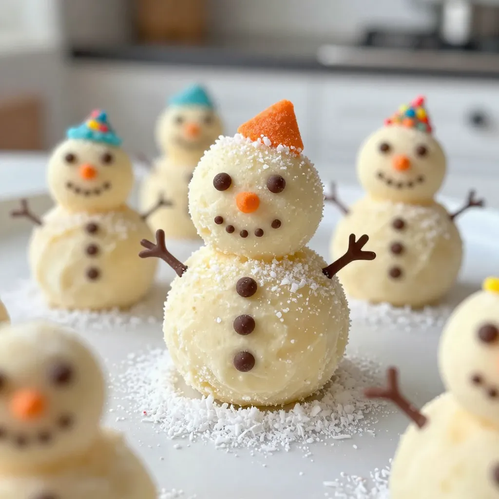 - 1 cup cream cheese, softened - 1 cup powdered sugar - 1 ½ cups crushed vanilla wafers - 1 cup melted white chocolate chips - ½ teaspoon vanilla extract - Mini chocolate chips for decoration - Orange candy or fondant for noses - Colorful sprinkles for hats - Coconut flakes for the snowy finish When making No-Bake Snowman Truffles, gather these ingredients first. Cream cheese gives the truffles their rich and creamy texture. Softened cream cheese mixes well with powdered sugar, making a smooth base. The powdered sugar adds sweetness and helps bind the mixture. Crushed vanilla wafers give a nice crunch. They also act as the main ingredient, making the truffles easy to shape. Melted white chocolate chips add sweetness and a silky finish. The vanilla extract enhances the flavor. You can use mini chocolate chips to add fun details like eyes and buttons. For the noses, orange candy or fondant works perfectly. Colorful sprinkles make fun hats for your snowmen. Finally, coconut flakes create a snowy effect around each truffle. This mix of ingredients makes these treats festive and fun to eat. {{ingredient_image_2}} To start, grab a large mixing bowl. Beat 1 cup of softened cream cheese with 1 cup of powdered sugar. Mix until smooth and creamy. You want it lump-free! Next, add 1 ½ cups of crushed vanilla wafers. Pour in 1 cup of melted white chocolate and ½ teaspoon of vanilla extract. Stir gently until everything is well mixed. This creamy blend will be the base of your truffles. Now comes the fun part! With clean hands, take small portions of the cream cheese mixture. Roll them into 1-inch balls. Make sure they are round and smooth. After rolling, place each ball on a baking sheet lined with parchment paper. This step keeps them from sticking and makes cleanup easy. Once all the balls are formed, it’s time to chill them. Pop the baking sheet into the refrigerator. Let them chill for about 30 minutes. This helps the truffles hold their shape when we stack them later. After chilling, take the truffles out of the fridge. Stack two truffles on top of each other to form a snowman. Make sure they are stable! Now, it’s time to decorate. Use mini chocolate chips for the eyes and buttons. Shape small pieces of orange candy or fondant into noses. Stick them on just below the eyes. For a snowy effect, sprinkle coconut flakes around the base. Finish off with colorful sprinkles for fun hats. Your snowman truffles will be a festive delight! To make great truffles, start with softened cream cheese. Soft cream cheese mixes easily. It helps to avoid lumps in your mixture. Use an electric mixer for best results. Mix the cream cheese and powdered sugar well. When adding the crushed vanilla wafers, do it slowly. This way, you keep the mixture smooth. After forming your truffles, stacking them can be tricky. For a stable snowman, choose two truffles of similar size. This helps them balance better. Use melted chocolate to stick them together. A little melted chocolate acts as glue. It keeps them from falling apart. Get creative with decorations! Use mini chocolate chips for eyes and buttons. They add charm to your snowmen. For hats, colorful sprinkles work great. You can also use different candies to personalize them. Small candies can make your snowman unique. Try different shapes and colors for fun results! Pro Tips Chill the Mixture: Ensure your cream cheese is softened to room temperature for easier mixing, and chill the truffles thoroughly to maintain their shape. Use Quality Chocolate: Opt for high-quality white chocolate chips for a smoother and more decadent flavor in your truffles. Customize Your Toppings: Feel free to get creative with your toppings! Use different colored sprinkles or various candies to personalize each snowman. Storage Tips: Keep the truffles refrigerated in an airtight container to maintain freshness and prevent them from becoming too soft. {{image_4}} You can change the flavor of your Snowman Truffles easily. Try adding extracts like almond or peppermint. Just a few drops can make a big difference. Almond adds a warm, nutty taste. Peppermint gives a cool, fresh twist. You can also switch up the chocolate you use. While white chocolate is popular, dark or milk chocolate can work too. Each type offers a new taste. Use what you love best! If you need gluten-free options, use gluten-free vanilla wafers. They can replace regular wafers without losing taste. Check the label to make sure they fit your needs. For vegan-friendly truffles, swap cream cheese with a vegan cream cheese. You can use vegan white chocolate chips too. These changes keep the same fun flavors while making it suitable for everyone. Get creative with your decorations! You can make Santa hats by using red sprinkles or chocolate. Simply shape your truffles to fit the theme. You can also adapt the truffles for other winter celebrations. Use blue and silver sprinkles for a winter wonderland look. Or, use different colored candies to match your event's theme. The options are endless, and you can make these treats special for any occasion! To keep your snowman truffles fresh, place them in airtight containers. This method prevents moisture loss and keeps them tasty. If you plan to enjoy them later, you can freeze truffles too. Just layer them with parchment paper in a freezer-safe container. This helps avoid sticking. These truffles will last about one week in the fridge. Check for signs of spoilage such as a change in smell or texture. If they feel slimy or have a sour smell, it's best to toss them. When serving at a party, arrange the truffles on a festive platter. Add some colorful sprinkles around them for a pop of color. Pair these treats with hot cocoa or coffee for a cozy feel. They also go great with other holiday sweets like cookies or candies. Yes, you can make these snowman truffles in advance. You should prepare the truffles and chill them. After chilling, stack them and decorate. Store your truffles in an airtight container. Keep them in the fridge for up to a week. This way, you save time for your holiday fun! If you need a cream cheese substitute, try using dairy-free cream cheese. You can also use blended silken tofu for a vegan option. Both choices work well in this recipe. They maintain the smooth texture and flavor. To add extra festivity, use colorful sprinkles or edible glitter. You can also shape hats from fondant or use mini candies. For a winter touch, add coconut flakes to look like snow. Get creative with your designs to make each snowman unique! You can use dark chocolate, but it changes the flavor. Dark chocolate gives a richer taste. It might be less sweet than white chocolate. This twist can be fun if you love dark chocolate. Just make sure to melt it carefully! You can make delightful snowman truffles using simple ingredients. Start by mixing softened cream cheese and powdered sugar, then form truffles and chill them. Get creative with decorations, and remember to try different flavors and dietary options. As you prepare these fun treats, the key is to have fun and enjoy the process. They not only taste great but also look festive. Whether for holiday parties or winter gatherings, these snowman truffles will impress and delight all your guests.