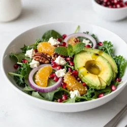 - 4 cups mixed greens (spinach, arugula, kale) - 1 cup pomegranate seeds - 1 medium orange, segmented - 1/2 cup toasted pecans, chopped - 1/2 cup feta cheese, crumbled - 1/4 red onion, thinly sliced - 1 ripe avocado, diced - 2 tablespoons extra virgin olive oil - 1 tablespoon balsamic vinegar - 1 teaspoon honey - Salt and freshly cracked black pepper The mixed greens form a fresh base that adds crunch. Pomegranate seeds bring a burst of sweetness. The orange segments add juicy flavor, while pecans give a nice crunch. Feta cheese adds creaminess, and red onion offers a sharp bite. Diced avocado brings richness and smoothness to the salad. You can add grilled chicken or shrimp for protein. Use walnuts instead of pecans for a different crunch. Try goat cheese in place of feta for a tangy twist. If you dislike red onion, use green onions or leave it out. This salad is high in vitamins and healthy fats. The greens provide fiber and iron. Pomegranate seeds offer antioxidants. Pecans add healthy fats, and feta cheese gives calcium and protein. One serving has around 300 calories, making it a light and nutritious option. This vibrant salad not only looks good but also nourishes your body. Enjoy! {{ingredient_image_2}} Start by grabbing a big salad bowl. Add 4 cups of mixed greens. I like using spinach, arugula, and kale. Make sure the greens are clean and dry. This helps them stay crisp. A vibrant base makes the salad pop! Now, let&rsquo;s build the layers. First, sprinkle 1 cup of pomegranate seeds over the greens. Next, add 1 medium orange, cut into small pieces. This brings freshness and sweetness. Then, toss in 1/2 cup of chopped, toasted pecans for a nice crunch. After that, crumble 1/2 cup of feta cheese on top for creaminess. Finish this layer with 1/4 of a red onion, thinly sliced, to add a sharp bite. Now, for the last layer, add 1 ripe avocado. Cut it into cubes and scatter them gently over the salad. The avocado adds richness and texture, making every bite special. For the dressing, take a small bowl. Whisk together 2 tablespoons of extra virgin olive oil and 1 tablespoon of balsamic vinegar. Add 1 teaspoon of honey for a hint of sweetness. Don&rsquo;t forget to sprinkle in salt and freshly cracked black pepper. This dressing ties all the flavors together. Before serving, drizzle the dressing over the salad. Toss everything gently so you don&rsquo;t mash the avocado. Taste it and add more salt or pepper if needed. Enjoy your fresh and vibrant Pomegranate Winter Salad! To make your Pomegranate Winter Salad shine, start with fresh greens. Wash and dry 4 cups of mixed greens well. This keeps your salad crisp. Next, chop one ripe avocado. Cut it into small cubes. Be gentle with the avocado to keep it intact. For the red onion, slice a quarter thinly. Thin slices give a nice bite. Segment one medium orange into pieces. This adds sweetness and color. Lastly, sprinkle in 1 cup of pomegranate seeds. They bring a burst of flavor and crunch. When it&rsquo;s time to toss, use a large bowl. This gives you more space to mix. Drizzle your dressing over the top just before serving. Toss it gently. Aim to coat everything evenly without squishing the avocado. Use two large spoons to lift and turn the salad. This keeps the layers intact. If you see some ingredients stuck together, gently separate them. A good toss helps blend flavors well. To boost flavor, seasoning is key. Use 2 tablespoons of extra virgin olive oil and 1 tablespoon of balsamic vinegar for your dressing. Add 1 teaspoon of honey for a hint of sweetness. Finish with salt and freshly cracked black pepper. Taste your salad after tossing. Adjust seasoning to match your liking. A little extra salt or pepper can make a big difference. If you want more zing, add a squeeze of fresh lemon juice. This brightens up the flavors and complements the pomegranate. Pro Tips Ingredient Freshness: Always use fresh ingredients for the best flavor and nutrition. Opt for in-season produce when possible. Avocado Ripeness: Ensure your avocado is ripe but not overripe. A perfectly ripe avocado adds creaminess without turning mushy. Pecan Toasting: Toast your pecans lightly before adding them to the salad to enhance their flavor and crunch. Just a few minutes in a dry skillet will do. Dressing Balance: Adjust the sweetness of your dressing by varying the amount of honey. Taste as you go to find the perfect balance for your palate. {{image_4}} You can change this salad based on what you have. Use seasonal fruits like sliced apples or pears instead of oranges. You can also try using walnuts or almonds instead of pecans for a different crunch. If you want a milder flavor, swap feta for goat cheese. For greens, consider using romaine or a spring mix if you cannot find kale or arugula. The dressing can change the whole salad. Instead of balsamic vinegar, you can use lemon juice for a fresh taste. A yogurt-based dressing also adds creaminess. For a spicy kick, try adding a bit of Dijon mustard to your oil and vinegar mix. Experiment with herbs like thyme or dill to give your dressing a new twist. If you want to make this salad more filling, add protein. Grilled chicken or shrimp works great. For a vegetarian option, add chickpeas or black beans. You can also toss in some quinoa for extra texture and nutrients. These additions will transform your salad into a full meal that satisfies your hunger. To store leftover salad, place it in an airtight container. This keeps the greens crisp and fresh. If you have dressing left, store it separately. The dressing can make greens soggy if combined. Use the salad within two days for best taste. Keep mixed greens in a dry, cool place. Wrap them in a paper towel to absorb moisture. Store pomegranate seeds in a sealed container in the fridge. This helps them stay juicy. For pecans, keep them in a sealed bag at room temperature. They last longer that way. If you want to warm up any added ingredients, like the pecans, use a dry skillet. Heat them over low heat for about three minutes. This brings back their crunch. Avoid reheating the salad itself. It&rsquo;s best enjoyed cold and fresh! Yes, you can prepare parts of this salad ahead of time. Keep the mixed greens separate from the other ingredients. This keeps the greens fresh and crisp. You can chop the toppings like pomegranate seeds, orange segments, and avocado in advance. Just wait to mix them in until right before serving. This way, your salad stays vibrant and tasty. If you can't find pomegranate seeds, try using dried cranberries or blueberries. These fruits add a sweet and tart flavor. You can also use sliced apples or grapes for a different twist. Each of these options keeps the salad fresh and enjoyable. Yes, Pomegranate Winter Salad is great for meal prep! Prepare the base with mixed greens and add toppings each day. Store the dressing in a separate container to keep everything fresh. This helps you enjoy a healthy meal all week without losing flavor or texture. The Pomegranate Winter Salad is a bright, healthy choice for your meals. We covered key ingredients, step-by-step prep, and tips for great flavor. Remember to try different add-ins and dressings to suit your taste. Storage is easy, so leftovers last well. With these ideas, you can enjoy a fresh dish all winter. Enjoy creating your unique salad!