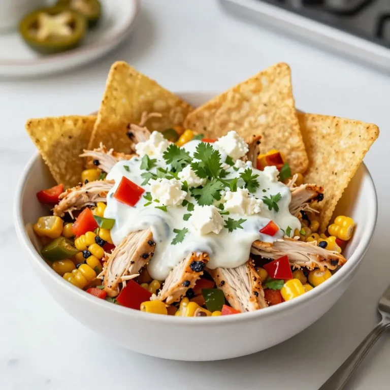 - 2 cups cooked and shredded chicken - 2 cups corn (grilled or canned) - 1 red bell pepper, diced - 1 jalapeño, finely chopped - 1/4 cup red onion, finely chopped - 1/2 cup mayonnaise - 1/2 cup Greek yogurt - 1 teaspoon chili powder - 1 teaspoon smoked paprika - 1 tablespoon fresh lime juice - Salt and pepper - 1/2 cup crumbled feta cheese - Fresh cilantro, chopped - Tortilla chips for serving For this Street Corn Chicken Bowl, I use simple yet fresh ingredients. First, I pick chicken that is already cooked. Shredded rotisserie chicken is my go-to. It adds great flavor and saves time. Next, corn is key. I love using grilled corn for that smoky taste. If I’m short on time, canned corn works too. Just drain it well. I add a diced red bell pepper for crunch and color. A finely chopped jalapeño gives it a nice kick. If you want less heat, remove the seeds. I also toss in some red onion for a bit of sharpness. Now, for the dressing, I mix mayonnaise and Greek yogurt for creaminess. The yogurt adds a nice tang. I then stir in chili powder and smoked paprika. These spices boost the flavor. A squeeze of fresh lime juice brightens the whole dish. I season with salt and pepper to taste. For the final touch, I sprinkle crumbled feta cheese on top. It adds a nice salty contrast. Fresh cilantro is my favorite herb to garnish the bowl. I often serve it with tortilla chips for crunch. All these elements come together to create a vibrant and tasty meal. You can personalize this bowl with your favorite toppings too! {{ingredient_image_2}} To get started, grill your corn. If you have fresh corn, place the ears on a hot grill. Grill them for about 8-10 minutes. Turn them until they are charred on all sides. This adds great flavor. Once done, let the corn cool for a few minutes. Then, use a sharp knife to cut the kernels off the cob. Make sure to get as many kernels as you can for that sweet corn taste. If you use canned corn, just drain and rinse it well under cold water. This helps remove extra sodium. Next, let's make the dressing. In a medium-sized bowl, mix the mayonnaise and Greek yogurt. This makes the dressing creamy. Now, add chili powder, smoked paprika, lime juice, and a pinch of salt and pepper. Whisk all the ingredients together until smooth. This dressing brings the flavors together beautifully. In a large bowl, add the shredded chicken, grilled corn, diced red bell pepper, chopped jalapeño, and red onion. This mix looks colorful and tasty. Drizzle the dressing over the top. Use a spatula or large spoon to gently toss everything together. Make sure every ingredient is coated in the dressing. The flavors will blend nicely. Now it's time to serve! Divide the mixture into bowls. This recipe makes enough for four servings. Top each bowl with crumbled feta cheese. This adds a nice salty kick. Finally, sprinkle fresh chopped cilantro on top for color and flavor. For a fun crunch, serve with tortilla chips on the side. You can dip them or enjoy them as a side. This dish is both easy and delicious! For this dish, you can use any cooked chicken. If you want quick prep, rotisserie chicken is your best friend. It saves time and adds flavor. Plus, it’s juicy and tender. Just shred it up and mix it in. Grilling corn adds a nice smoky taste. Grill fresh corn over medium-high heat for about 8-10 minutes. Turn it often until it's charred. Once it cools, cut the kernels off the cob. If you can't grill, use canned corn. Just drain and rinse it well. This way, you still get great taste and texture. The dressing is key for flavor. Mix mayonnaise and Greek yogurt for creaminess. Add chili powder, smoked paprika, and lime juice for zest. If you want it thicker, add more mayo. For a lighter option, use plain yogurt. Adjust salt and pepper to your taste. Pro Tips Fresh Corn is Best: Using fresh grilled corn adds a smoky flavor and delightful texture to the dish. If fresh corn is unavailable, choose high-quality canned corn, but ensure it's well-drained. Adjust Spice Level: If you prefer a milder flavor, remove all the seeds and membranes from the jalapeño. Alternatively, add more jalapeños or a dash of hot sauce for an extra kick. Make it Ahead: This chicken bowl can be prepared ahead of time and stored in the refrigerator for up to 2 days. Just add the feta and cilantro right before serving for freshness. Serve with Variations: Feel free to customize your bowl by adding other toppings like avocado, black beans, or salsa to cater to your taste preferences. {{image_4}} To make this dish vegetarian, you can use plant-based proteins. Options like tofu or tempeh work well. You can also use black beans for added fiber and protein. They mix nicely with the corn and veggies. For dressings, swap mayonnaise and yogurt with vegan versions. Look for plant-based mayo and coconut yogurt. This keeps the creaminess while making it vegan-friendly. If you love heat, adjust the jalapeño and spices in your bowl. Use more jalapeños or keep the seeds for extra spice. You can also add cayenne pepper or red pepper flakes for a kick. Don’t forget the hot sauce! A drizzle of your favorite brand adds flavor and heat. Try Sriracha or a smoky chipotle sauce to spice things up. Switching vegetables can bring new life to your bowl. In summer, add fresh zucchini or cherry tomatoes. In fall, roasted butternut squash or sweet potatoes work great. They add color and flavor. Think about seasonal swaps, too. Use asparagus in spring or bell peppers in summer. This keeps your dish fresh and exciting all year long. To keep your Street Corn Chicken Bowl fresh, use airtight containers. Glass or plastic containers work well. Seal them tightly to avoid air exposure. This method helps to maintain flavor and texture. When reheating, use low heat to avoid drying out the chicken and corn. The microwave is great for this. Add a splash of water or broth to keep it moist. You can also cover the bowl with a damp paper towel. For added flavor, sprinkle fresh cilantro or extra feta on top when serving again. You can store this dish in the fridge for up to three days. Always check for signs of spoilage. Look for off smells or a change in texture. If the chicken feels slimy or the corn looks dull, it’s best to toss it out. Yes, you can use frozen corn. Frozen corn is convenient and easy to find. It also saves time. Pros of frozen corn: - No need to cook or grill. - It’s picked at peak ripeness. - Often less expensive than fresh corn. Cons of frozen corn: - It may lack some crunch. - The texture can be softer than fresh. If you choose frozen corn, just thaw and drain it before use. Yes, this recipe is gluten-free. Most ingredients do not contain gluten. Key ingredients: - Chicken - Corn - Vegetables However, check the labels. Some sauces or dressings may have gluten. If you use gluten-free mayo and yogurt, you are all set! You can make this bowl healthier in a few ways. - Use less mayonnaise and yogurt. This cuts down on calories. - Skip the feta cheese or use a lower-fat version. - Add more veggies like tomatoes or spinach for nutrients. These changes will help you enjoy a lighter meal without losing flavor. Yes, you can prepare this dish ahead of time. It’s great for meal prep! Tips for meal prepping: - Cook the chicken and corn a day before. - Mix the dressing and store it separately. - Combine everything right before serving. This keeps it fresh. You can store it in airtight containers in the fridge for up to three days. This blog post outlined the key ingredients, preparation steps, and storage tips for a delicious chicken bowl. You learned how to combine chicken, corn, and fresh veggies with a tasty dressing. I shared ideas to make this dish fit your taste, whether you're vegan or like it spicy. For best results, store leftovers properly and reheat carefully. Enjoy creating this easy, flavorful meal anytime!