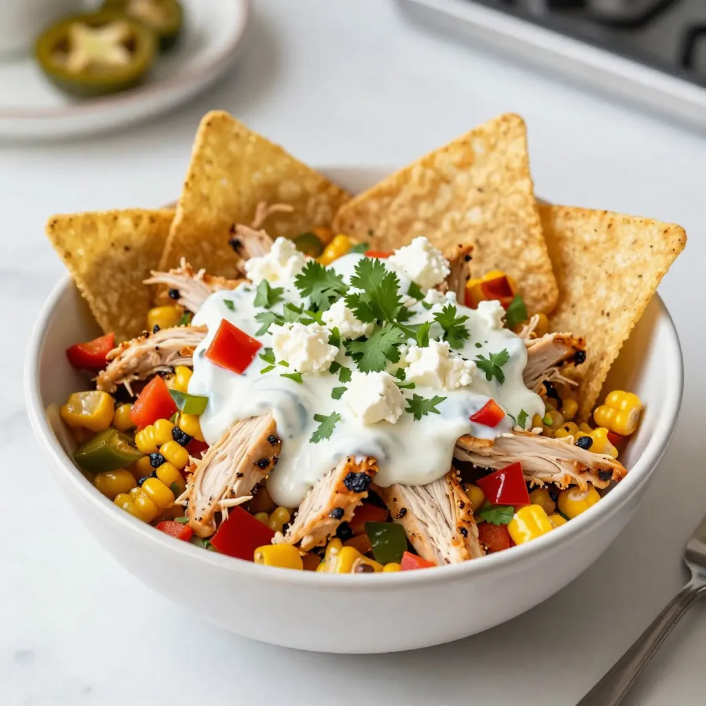 - 2 cups cooked and shredded chicken - 2 cups corn (grilled or canned) - 1 red bell pepper, diced - 1 jalapeño, finely chopped - 1/4 cup red onion, finely chopped - 1/2 cup mayonnaise - 1/2 cup Greek yogurt - 1 teaspoon chili powder - 1 teaspoon smoked paprika - 1 tablespoon fresh lime juice - Salt and pepper - 1/2 cup crumbled feta cheese - Fresh cilantro, chopped - Tortilla chips for serving For this Street Corn Chicken Bowl, I use simple yet fresh ingredients. First, I pick chicken that is already cooked. Shredded rotisserie chicken is my go-to. It adds great flavor and saves time. Next, corn is key. I love using grilled corn for that smoky taste. If I’m short on time, canned corn works too. Just drain it well. I add a diced red bell pepper for crunch and color. A finely chopped jalapeño gives it a nice kick. If you want less heat, remove the seeds. I also toss in some red onion for a bit of sharpness. Now, for the dressing, I mix mayonnaise and Greek yogurt for creaminess. The yogurt adds a nice tang. I then stir in chili powder and smoked paprika. These spices boost the flavor. A squeeze of fresh lime juice brightens the whole dish. I season with salt and pepper to taste. For the final touch, I sprinkle crumbled feta cheese on top. It adds a nice salty contrast. Fresh cilantro is my favorite herb to garnish the bowl. I often serve it with tortilla chips for crunch. All these elements come together to create a vibrant and tasty meal. You can personalize this bowl with your favorite toppings too! {{ingredient_image_2}} To get started, grill your corn. If you have fresh corn, place the ears on a hot grill. Grill them for about 8-10 minutes. Turn them until they are charred on all sides. This adds great flavor. Once done, let the corn cool for a few minutes. Then, use a sharp knife to cut the kernels off the cob. Make sure to get as many kernels as you can for that sweet corn taste. If you use canned corn, just drain and rinse it well under cold water. This helps remove extra sodium. Next, let's make the dressing. In a medium-sized bowl, mix the mayonnaise and Greek yogurt. This makes the dressing creamy. Now, add chili powder, smoked paprika, lime juice, and a pinch of salt and pepper. Whisk all the ingredients together until smooth. This dressing brings the flavors together beautifully. In a large bowl, add the shredded chicken, grilled corn, diced red bell pepper, chopped jalapeño, and red onion. This mix looks colorful and tasty. Drizzle the dressing over the top. Use a spatula or large spoon to gently toss everything together. Make sure every ingredient is coated in the dressing. The flavors will blend nicely. Now it's time to serve! Divide the mixture into bowls. This recipe makes enough for four servings. Top each bowl with crumbled feta cheese. This adds a nice salty kick. Finally, sprinkle fresh chopped cilantro on top for color and flavor. For a fun crunch, serve with tortilla chips on the side. You can dip them or enjoy them as a side. This dish is both easy and delicious! For this dish, you can use any cooked chicken. If you want quick prep, rotisserie chicken is your best friend. It saves time and adds flavor. Plus, it’s juicy and tender. Just shred it up and mix it in. Grilling corn adds a nice smoky taste. Grill fresh corn over medium-high heat for about 8-10 minutes. Turn it often until it's charred. Once it cools, cut the kernels off the cob. If you can't grill, use canned corn. Just drain and rinse it well. This way, you still get great taste and texture. The dressing is key for flavor. Mix mayonnaise and Greek yogurt for creaminess. Add chili powder, smoked paprika, and lime juice for zest. If you want it thicker, add more mayo. For a lighter option, use plain yogurt. Adjust salt and pepper to your taste. Pro Tips Fresh Corn is Best: Using fresh grilled corn adds a smoky flavor and delightful texture to the dish. If fresh corn is unavailable, choose high-quality canned corn, but ensure it's well-drained. Adjust Spice Level: If you prefer a milder flavor, remove all the seeds and membranes from the jalapeño. Alternatively, add more jalapeños or a dash of hot sauce for an extra kick. Make it Ahead: This chicken bowl can be prepared ahead of time and stored in the refrigerator for up to 2 days. Just add the feta and cilantro right before serving for freshness. Serve with Variations: Feel free to customize your bowl by adding other toppings like avocado, black beans, or salsa to cater to your taste preferences. {{image_4}} To make this dish vegetarian, you can use plant-based proteins. Options like tofu or tempeh work well. You can also use black beans for added fiber and protein. They mix nicely with the corn and veggies. For dressings, swap mayonnaise and yogurt with vegan versions. Look for plant-based mayo and coconut yogurt. This keeps the creaminess while making it vegan-friendly. If you love heat, adjust the jalapeño and spices in your bowl. Use more jalapeños or keep the seeds for extra spice. You can also add cayenne pepper or red pepper flakes for a kick. Don’t forget the hot sauce! A drizzle of your favorite brand adds flavor and heat. Try Sriracha or a smoky chipotle sauce to spice things up. Switching vegetables can bring new life to your bowl. In summer, add fresh zucchini or cherry tomatoes. In fall, roasted butternut squash or sweet potatoes work great. They add color and flavor. Think about seasonal swaps, too. Use asparagus in spring or bell peppers in summer. This keeps your dish fresh and exciting all year long. To keep your Street Corn Chicken Bowl fresh, use airtight containers. Glass or plastic containers work well. Seal them tightly to avoid air exposure. This method helps to maintain flavor and texture. When reheating, use low heat to avoid drying out the chicken and corn. The microwave is great for this. Add a splash of water or broth to keep it moist. You can also cover the bowl with a damp paper towel. For added flavor, sprinkle fresh cilantro or extra feta on top when serving again. You can store this dish in the fridge for up to three days. Always check for signs of spoilage. Look for off smells or a change in texture. If the chicken feels slimy or the corn looks dull, it’s best to toss it out. Yes, you can use frozen corn. Frozen corn is convenient and easy to find. It also saves time. Pros of frozen corn: - No need to cook or grill. - It’s picked at peak ripeness. - Often less expensive than fresh corn. Cons of frozen corn: - It may lack some crunch. - The texture can be softer than fresh. If you choose frozen corn, just thaw and drain it before use. Yes, this recipe is gluten-free. Most ingredients do not contain gluten. Key ingredients: - Chicken - Corn - Vegetables However, check the labels. Some sauces or dressings may have gluten. If you use gluten-free mayo and yogurt, you are all set! You can make this bowl healthier in a few ways. - Use less mayonnaise and yogurt. This cuts down on calories. - Skip the feta cheese or use a lower-fat version. - Add more veggies like tomatoes or spinach for nutrients. These changes will help you enjoy a lighter meal without losing flavor. Yes, you can prepare this dish ahead of time. It’s great for meal prep! Tips for meal prepping: - Cook the chicken and corn a day before. - Mix the dressing and store it separately. - Combine everything right before serving. This keeps it fresh. You can store it in airtight containers in the fridge for up to three days. This blog post outlined the key ingredients, preparation steps, and storage tips for a delicious chicken bowl. You learned how to combine chicken, corn, and fresh veggies with a tasty dressing. I shared ideas to make this dish fit your taste, whether you're vegan or like it spicy. For best results, store leftovers properly and reheat carefully. Enjoy creating this easy, flavorful meal anytime!