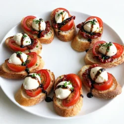 - 1 French baguette, sliced into 1/2 inch rounds - 1 cup cherry tomatoes, halved - 1/2 cup fresh mozzarella balls, halved - 1/4 cup fresh basil leaves, finely chopped - 1/4 cup sun-dried tomatoes, finely chopped - 1 clove garlic, minced - 3 tablespoons extra virgin olive oil, plus more for drizzling - Salt and freshly cracked pepper to taste - 1/2 teaspoon balsamic glaze (for drizzling) - Fresh parsley leaves for garnish (optional) You can add many fun flavors to make this wreath special. Here are some ideas: - Add diced bell peppers for crunch. - Use goat cheese instead of mozzarella for a tangy twist. - Mix in olives for a salty bite. - Consider roasted red peppers for extra color. - Try different herbs like oregano or thyme for a new taste. When picking your ingredients, choose fresh options for the best taste: - Look for ripe cherry tomatoes that are firm and bright. - Select mozzarella balls that are soft and creamy. - Fresh basil should smell fragrant and look vibrant. - For the baguette, pick one with a crisp crust. - Use high-quality extra virgin olive oil for rich flavor. These choices will help make your Christmas bruschetta wreath festive and delicious! {{ingredient_image_2}} Start by preheating your oven to 400&deg;F (200&deg;C). This step is key for crisp bread. Line a baking sheet with parchment paper. This will help the bread not stick. Slice your French baguette into 1/2-inch rounds. Arrange each slice on the baking sheet in a single layer. With a brush, coat one side of each slice with olive oil. This adds flavor and helps them crisp up. Bake the baguette slices for 5-7 minutes. Look for a golden brown color. Remove them from the oven and let them cool for a few minutes. Grab a medium mixing bowl and add halved cherry tomatoes. Next, add halved mozzarella balls and chopped basil. Toss in chopped sun-dried tomatoes and minced garlic. Drizzle in 2 tablespoons of olive oil. This will bring all the flavors together. Add salt and freshly cracked pepper to taste. Gently toss everything to coat well. Make sure each piece is covered with the tasty mix. Take each toasted baguette slice. Spoon the tomato and mozzarella mixture generously onto the oiled side. Make sure to cover them well. Now, it&rsquo;s time to make the wreath shape. Carefully arrange the bruschetta slices on a large round serving platter. Overlap the slices slightly for a festive look. Drizzle balsamic glaze over the top for a sweet touch. If you like, add more olive oil for richness. For a bright finish, garnish with fresh parsley leaves around the edge. Serve immediately while warm and crispy. Enjoy this festive treat! Toasting the baguette is key for perfect crunch. Start by cutting the baguette into 1/2 inch rounds. This thickness gives a nice bite. Preheat your oven to 400&deg;F (200&deg;C). Line a baking sheet with parchment paper. This helps to prevent sticking. Brush one side of each slice with extra virgin olive oil. This adds flavor and keeps the bread crisp. Bake for 5-7 minutes, watching closely. You want them to turn golden brown. Let them cool for a few minutes before topping. The topping is where the magic happens. Start with fresh ingredients for the best taste. Use sweet cherry tomatoes and creamy mozzarella balls. Mix these with sun-dried tomatoes for a punch. Add chopped basil for freshness and minced garlic for depth. Drizzle in olive oil to bind the flavors. Season with salt and cracked pepper. Toss gently to coat everything evenly. This helps each bite burst with flavor. Presentation makes your bruschetta wreath a showstopper. Arrange the toasted slices in a circle on a large platter. Overlap them slightly to create a wreath shape. Drizzle balsamic glaze over the top for a sweet touch. For added richness, drizzle more olive oil. Garnish the outer edge with fresh parsley leaves. This adds a pop of color and makes it festive. Serve immediately while the bread is warm and crispy. Guests will love the look and taste! Pro Tips Use Day-Old Bread: Using slightly stale baguette slices enhances the crispiness when baked, making them perfect for holding toppings. Add a Kick: For a spicy twist, consider adding a pinch of red pepper flakes to the tomato and mozzarella mixture. Experiment with Toppings: Feel free to mix in other ingredients like olives or artichokes for a unique flavor profile. Make Ahead: Prepare the topping mixture in advance and assemble just before serving to keep the bread crisp. {{image_4}} For a great vegetarian option, try using roasted bell peppers or grilled zucchini. Both add nice color and flavor. You can also add sliced olives for a briny kick. For those who love spice, consider sprinkling on some red pepper flakes. These toppings will keep your bruschetta fresh and vibrant. If you need a gluten-free option, use gluten-free bread instead of a baguette. Look for gluten-free baguettes or use rice cakes. Even crisped polenta rounds can work well. Just make sure to toast them until they are crispy. This will give you a sturdy base for the toppings. Herbs and spices can really change the taste of your bruschetta. Fresh herbs like thyme or oregano complement the tomatoes nicely. You can also try a sprinkle of smoked paprika for a warm flavor. For a herbal twist, add a touch of pesto to the topping mix. Each of these options brings a new layer of flavor to your dish. To keep your leftover bruschetta fresh, place it in an airtight container. You can store it in the fridge for up to two days. If you leave it out, the bread will become soft. To prevent sogginess, store the toppings separately. This way, you can enjoy crispy bread later. When you reheat bruschetta, you want to keep it crispy. Preheat your oven to 350&deg;F (175&deg;C). Place the bruschetta on a baking sheet. Heat it for about 5-7 minutes. If you have toppings in the fridge, add them after reheating. This keeps the flavors fresh and vibrant. You can freeze the components of your bruschetta wreath. For the bread, slice it and wrap it tightly in plastic wrap. Place it in a freezer bag. It can last up to three months. For the toppings, mix them and put them in a freezer-safe container. Defrost them in the fridge when you are ready to use them. Yes, you can prepare the topping mixture a day ahead. Store it in the fridge. Just toast the baguette slices right before serving. This keeps them crisp and fresh. If you need a change, use feta or goat cheese. Both add a nice tang. Fresh ricotta is also a great choice for creaminess. To add holiday flair, use red and green toppings. Consider adding diced bell peppers or pomegranate seeds. You could also use festive herbs like rosemary or thyme for extra flavor. Yes! Use vegan cheese or skip cheese entirely. Add more veggies like avocado or olives. You can still have a tasty and colorful dish without dairy. This blog post covered making a bruschetta wreath. We explored a full list of ingredients, tips for choosing them, and ways to customize your recipe. I shared easy step-by-step instructions for prepping, assembling, and toasting. We also looked at fun variations, storage tips, and common questions about the dish. In the end, you can create a unique and festive appetizer that everyone will love. Enjoy making this dish for your next gathering!