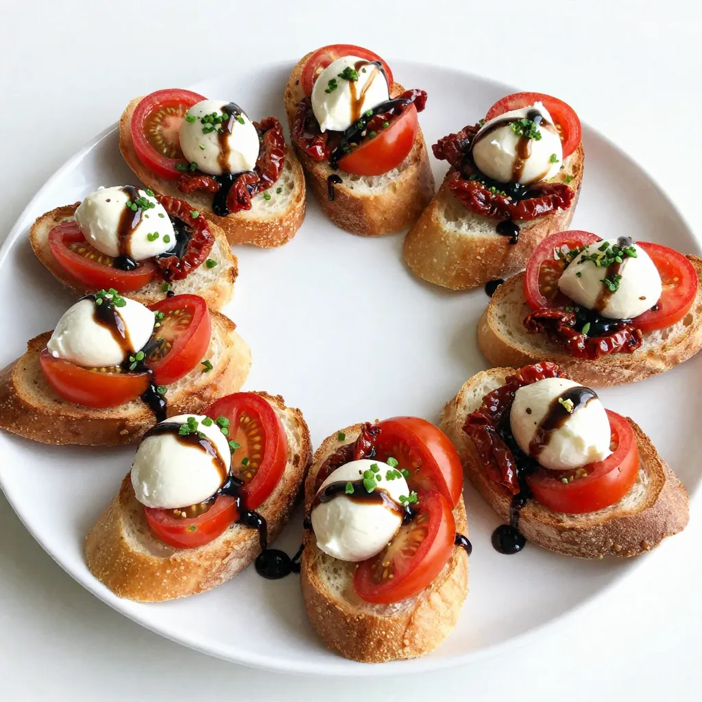 - 1 French baguette, sliced into 1/2 inch rounds - 1 cup cherry tomatoes, halved - 1/2 cup fresh mozzarella balls, halved - 1/4 cup fresh basil leaves, finely chopped - 1/4 cup sun-dried tomatoes, finely chopped - 1 clove garlic, minced - 3 tablespoons extra virgin olive oil, plus more for drizzling - Salt and freshly cracked pepper to taste - 1/2 teaspoon balsamic glaze (for drizzling) - Fresh parsley leaves for garnish (optional) You can add many fun flavors to make this wreath special. Here are some ideas: - Add diced bell peppers for crunch. - Use goat cheese instead of mozzarella for a tangy twist. - Mix in olives for a salty bite. - Consider roasted red peppers for extra color. - Try different herbs like oregano or thyme for a new taste. When picking your ingredients, choose fresh options for the best taste: - Look for ripe cherry tomatoes that are firm and bright. - Select mozzarella balls that are soft and creamy. - Fresh basil should smell fragrant and look vibrant. - For the baguette, pick one with a crisp crust. - Use high-quality extra virgin olive oil for rich flavor. These choices will help make your Christmas bruschetta wreath festive and delicious! {{ingredient_image_2}} Start by preheating your oven to 400&deg;F (200&deg;C). This step is key for crisp bread. Line a baking sheet with parchment paper. This will help the bread not stick. Slice your French baguette into 1/2-inch rounds. Arrange each slice on the baking sheet in a single layer. With a brush, coat one side of each slice with olive oil. This adds flavor and helps them crisp up. Bake the baguette slices for 5-7 minutes. Look for a golden brown color. Remove them from the oven and let them cool for a few minutes. Grab a medium mixing bowl and add halved cherry tomatoes. Next, add halved mozzarella balls and chopped basil. Toss in chopped sun-dried tomatoes and minced garlic. Drizzle in 2 tablespoons of olive oil. This will bring all the flavors together. Add salt and freshly cracked pepper to taste. Gently toss everything to coat well. Make sure each piece is covered with the tasty mix. Take each toasted baguette slice. Spoon the tomato and mozzarella mixture generously onto the oiled side. Make sure to cover them well. Now, it&rsquo;s time to make the wreath shape. Carefully arrange the bruschetta slices on a large round serving platter. Overlap the slices slightly for a festive look. Drizzle balsamic glaze over the top for a sweet touch. If you like, add more olive oil for richness. For a bright finish, garnish with fresh parsley leaves around the edge. Serve immediately while warm and crispy. Enjoy this festive treat! Toasting the baguette is key for perfect crunch. Start by cutting the baguette into 1/2 inch rounds. This thickness gives a nice bite. Preheat your oven to 400&deg;F (200&deg;C). Line a baking sheet with parchment paper. This helps to prevent sticking. Brush one side of each slice with extra virgin olive oil. This adds flavor and keeps the bread crisp. Bake for 5-7 minutes, watching closely. You want them to turn golden brown. Let them cool for a few minutes before topping. The topping is where the magic happens. Start with fresh ingredients for the best taste. Use sweet cherry tomatoes and creamy mozzarella balls. Mix these with sun-dried tomatoes for a punch. Add chopped basil for freshness and minced garlic for depth. Drizzle in olive oil to bind the flavors. Season with salt and cracked pepper. Toss gently to coat everything evenly. This helps each bite burst with flavor. Presentation makes your bruschetta wreath a showstopper. Arrange the toasted slices in a circle on a large platter. Overlap them slightly to create a wreath shape. Drizzle balsamic glaze over the top for a sweet touch. For added richness, drizzle more olive oil. Garnish the outer edge with fresh parsley leaves. This adds a pop of color and makes it festive. Serve immediately while the bread is warm and crispy. Guests will love the look and taste! Pro Tips Use Day-Old Bread: Using slightly stale baguette slices enhances the crispiness when baked, making them perfect for holding toppings. Add a Kick: For a spicy twist, consider adding a pinch of red pepper flakes to the tomato and mozzarella mixture. Experiment with Toppings: Feel free to mix in other ingredients like olives or artichokes for a unique flavor profile. Make Ahead: Prepare the topping mixture in advance and assemble just before serving to keep the bread crisp. {{image_4}} For a great vegetarian option, try using roasted bell peppers or grilled zucchini. Both add nice color and flavor. You can also add sliced olives for a briny kick. For those who love spice, consider sprinkling on some red pepper flakes. These toppings will keep your bruschetta fresh and vibrant. If you need a gluten-free option, use gluten-free bread instead of a baguette. Look for gluten-free baguettes or use rice cakes. Even crisped polenta rounds can work well. Just make sure to toast them until they are crispy. This will give you a sturdy base for the toppings. Herbs and spices can really change the taste of your bruschetta. Fresh herbs like thyme or oregano complement the tomatoes nicely. You can also try a sprinkle of smoked paprika for a warm flavor. For a herbal twist, add a touch of pesto to the topping mix. Each of these options brings a new layer of flavor to your dish. To keep your leftover bruschetta fresh, place it in an airtight container. You can store it in the fridge for up to two days. If you leave it out, the bread will become soft. To prevent sogginess, store the toppings separately. This way, you can enjoy crispy bread later. When you reheat bruschetta, you want to keep it crispy. Preheat your oven to 350&deg;F (175&deg;C). Place the bruschetta on a baking sheet. Heat it for about 5-7 minutes. If you have toppings in the fridge, add them after reheating. This keeps the flavors fresh and vibrant. You can freeze the components of your bruschetta wreath. For the bread, slice it and wrap it tightly in plastic wrap. Place it in a freezer bag. It can last up to three months. For the toppings, mix them and put them in a freezer-safe container. Defrost them in the fridge when you are ready to use them. Yes, you can prepare the topping mixture a day ahead. Store it in the fridge. Just toast the baguette slices right before serving. This keeps them crisp and fresh. If you need a change, use feta or goat cheese. Both add a nice tang. Fresh ricotta is also a great choice for creaminess. To add holiday flair, use red and green toppings. Consider adding diced bell peppers or pomegranate seeds. You could also use festive herbs like rosemary or thyme for extra flavor. Yes! Use vegan cheese or skip cheese entirely. Add more veggies like avocado or olives. You can still have a tasty and colorful dish without dairy. This blog post covered making a bruschetta wreath. We explored a full list of ingredients, tips for choosing them, and ways to customize your recipe. I shared easy step-by-step instructions for prepping, assembling, and toasting. We also looked at fun variations, storage tips, and common questions about the dish. In the end, you can create a unique and festive appetizer that everyone will love. Enjoy making this dish for your next gathering!