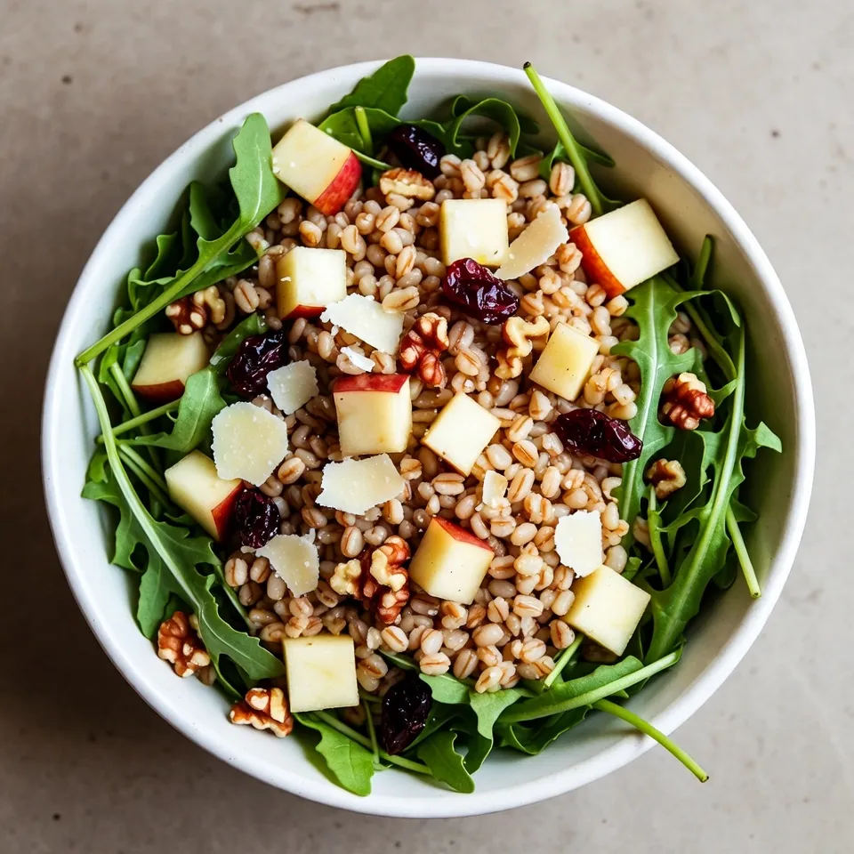 - 1 cup farro - 2 cups water or vegetable broth - 1 large tart apple, diced - 1/2 cup freshly grated Parmesan cheese - 1/4 cup walnuts, roughly chopped - 1/4 cup dried cranberries - 2 cups arugula or mixed salad greens - 3 tablespoons extra virgin olive oil - 2 tablespoons apple cider vinegar - 1 teaspoon honey or maple syrup - Salt and freshly ground black pepper To make this Apple Parmesan Farro Salad, gather these fresh ingredients. Start with farro, a nutty grain that adds great texture. Use water or vegetable broth for cooking it, which enhances flavor. Choose a tart apple like Granny Smith for a nice zing. Freshly grated Parmesan cheese gives a creamy touch that pairs well with the apple. Next, add walnuts for crunch and dried cranberries for sweetness. Arugula or mixed greens add freshness and color. Finally, you’ll need extra virgin olive oil, apple cider vinegar, honey (or maple syrup), and salt and pepper to make a simple yet tasty dressing. These ingredients work together to create a vibrant and satisfying salad. The mix of flavors and textures makes each bite exciting. You can adjust the amounts based on your taste. Enjoy the process of cooking and the joy of sharing this delicious dish! {{ingredient_image_2}} First, rinse 1 cup of farro under cold running water. This step removes any dust or debris. Next, boil 2 cups of water or vegetable broth in a medium saucepan. When the liquid reaches a rolling boil, add the rinsed farro. Reduce the heat to low and cover the pot. Let it gently simmer for about 30 minutes. The farro should become soft yet still chewy. After cooking, drain any extra liquid and spread the farro on a plate to cool for around 10 minutes. While the farro cools, prepare the dressing. In a small bowl, combine 3 tablespoons of extra virgin olive oil, 2 tablespoons of apple cider vinegar, 1 teaspoon of honey or maple syrup, a pinch of salt, and freshly cracked black pepper. Whisk these ingredients together until they blend well. This dressing brings a tangy flavor that pairs nicely with the salad. In a large mixing bowl, combine the cooled farro, diced apple, freshly grated Parmesan cheese, chopped walnuts, and dried cranberries. Use a large spoon to mix everything together evenly. This ensures that each bite has a bit of every ingredient. Next, drizzle the prepared dressing over the salad and toss gently. You want every piece to be coated without squishing the ingredients. For a fresh touch, fold in 2 cups of arugula or mixed salad greens. This adds color and a nice crunch to the dish. The greens also provide a lovely contrast to the hearty farro and sweet apples. Before serving, taste the salad. Adjust the seasoning by adding more salt, black pepper, or a bit more honey if you like it sweeter. Presentation matters! Serve the salad in a large, shallow bowl. You can garnish it with extra grated Parmesan and some reserved walnut pieces for an appealing look. A sprig of fresh arugula in the center makes it even prettier. Enjoy your vibrant Apple Parmesan Farro Salad! If you cannot find farro, you can easily swap it for quinoa or barley. Quinoa cooks fast and adds a nice fluffy texture. Barley gives a chewier bite and a nutty flavor. For the apples, you have options! Use Granny Smith for a tart kick or Honeycrisp for a sweeter crunch. Both choices work great in this salad. Want to amp up the flavor? Try adding fresh herbs like parsley or basil. A sprinkle of cumin or smoked paprika can also boost the taste. For toppings, consider adding sliced avocado, toasted pecans, or even feta cheese. Each adds a unique twist to your salad. Presentation matters! Serve your salad in a wide, shallow bowl. This allows the colors to shine through. Garnish with extra grated Parmesan on top. A few whole walnuts and a sprig of fresh arugula can make your dish look even more appealing. The visual will make everyone excited to dig in! Pro Tips Choose the Right Apple: For this salad, opt for tart apple varieties like Granny Smith or Honeycrisp. Their acidity balances the richness of the Parmesan and the sweetness of the cranberries. Toast the Walnuts: To enhance the flavor and crunch of the walnuts, toast them in a dry skillet over medium heat for 5-7 minutes until golden and fragrant before adding them to the salad. Make it Ahead: This salad can be prepared ahead of time. Just store the dressing separately in the fridge and combine everything just before serving to keep the greens crisp. Adjusting Sweetness: Taste the dressing before adding it to the salad. If you prefer a sweeter dressing, feel free to add a little more honey or maple syrup to suit your palate. {{image_4}} You can change this salad based on the season. Try using fruits that are fresh and local. In the fall, add slices of pear or pomegranate seeds. In the summer, use peaches or cherries for a burst of sweetness. Consider swapping walnuts for pecans or hazelnuts. These options add crunch and flavor. If you need a gluten-free option, replace farro with quinoa or brown rice. Both grains work well and keep the dish light. For a vegan version, skip the Parmesan cheese. Use dairy-free cheese or nutritional yeast instead. This keeps the salad creamy while staying plant-based. To switch up flavors, try different dressings. A balsamic vinaigrette adds a tangy kick. A honey mustard dressing brings in a sweet and savory mix. You can even add spices like cumin or paprika for extra depth. These changes keep the salad exciting and fresh each time you make it. To keep your Apple Parmesan Farro Salad fresh, store it in the fridge. Use an airtight container. The salad tastes best within three days. If you have leftovers, keep the dressing separate. This way, the salad won’t get soggy. When you want to eat it, just drizzle the dressing on top before serving. If you want to save the salad for longer, consider freezing the farro. Cook the farro and let it cool completely. Then, place it in a freezer-safe bag. Remove as much air as possible before sealing. You can freeze it for up to three months. When ready to use, thaw it in the fridge overnight. To warm up farro, use the stovetop or microwave. If using the stovetop, add a splash of water. Heat it on low until warm. If using the microwave, place the farro in a bowl with a bit of water. Cover it and heat for about one minute. Stir and check the warmth. This method keeps the texture nice and chewy. Yes, you can make this salad in advance. The farro cooks well and keeps its texture. You can store it in the fridge for up to three days. I recommend waiting to add arugula until just before serving. This keeps it fresh and crisp. If you want to impress guests, prepare the salad a day early. The flavors blend nicely when sitting. For this salad, I suggest using tart apples. Granny Smith and Honeycrisp are great choices. They balance the salty Parmesan nicely. These apples add a refreshing crunch that brightens the dish. Avoid sweet apples like Red Delicious; they can make the salad too sugary. To make this salad heartier, add protein. Grilled chicken or shrimp works well. You can also use chickpeas or black beans for a vegetarian option. Nuts like almonds or extra walnuts add crunch and protein too. These additions will make your salad a full meal, not just a side dish. No, farro is not gluten-free. It is a type of wheat. If you need a gluten-free option, try quinoa or brown rice. Both alternatives have a similar texture and flavor. They work well in this salad and will make it just as tasty. This article covered a tasty Apple Parmesan Farro Salad. You learned about the main and additional ingredients, including tips for dressing and variations. I shared steps to cook farro, mix in ingredients, and create a great salad. Remember, you can change the salad to fit your tastes and dietary needs. Enjoy exploring different flavors and making this meal your own. Try it out, and share it with friends. A fresh salad like this can brighten any day!
