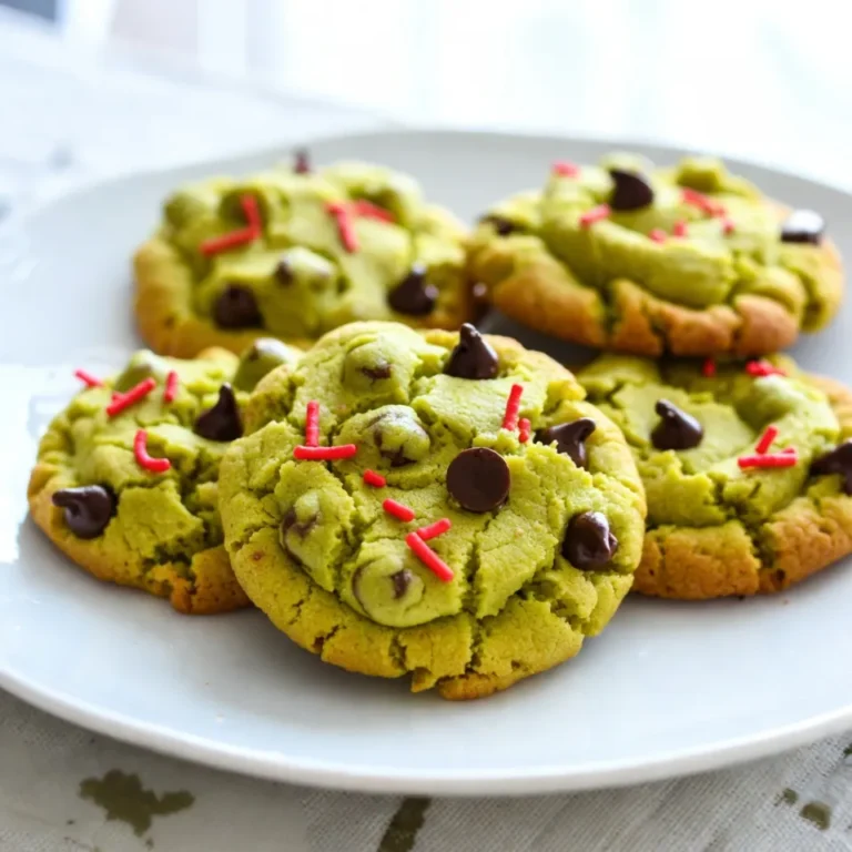 - Green cake mix (15.25 oz) - Vegetable oil (1/3 cup) - Large eggs (2) - Vanilla extract (1 teaspoon) - Mini chocolate chips (1/2 cup) - Red sprinkles (1/2 cup) - Optional: Almond extract (1/4 teaspoon) For these Grinch Cake Mix Cookies, we start with a few key items. The green cake mix gives these cookies their festive color. I love using vanilla or lemon cake mix for the best taste. The vegetable oil helps keep the cookies soft. You need two large eggs to bind everything together. Vanilla extract adds sweetness and depth. Mini chocolate chips bring a nice contrast to the green dough. Finally, red sprinkles add that pop of color, symbolizing the Grinch's heart. If you want a unique twist, try adding almond extract for extra flavor. Gather these ingredients, and you're ready to create a treat that’s both festive and fun! {{ingredient_image_2}} - Preheat the oven to 350°F (175°C). - Line a baking sheet with parchment paper. - In a large bowl, combine the green cake mix, vegetable oil, eggs, and vanilla extract. - For more flavor, you can add 1/4 teaspoon of almond extract. - Carefully fold in 1/2 cup of mini chocolate chips and 1/2 cup of red sprinkles. - Save a tablespoon of sprinkles to top the cookies later. - Use a cookie scoop to place dough on the baking sheet, spacing them 2 inches apart. - Sprinkle the reserved red sprinkles on top of each cookie dough ball. - Bake in the preheated oven for 10-12 minutes. The edges should be golden, and the centers may look soft. - Let the cookies cool for 5 minutes on the baking sheet before moving them to a wire rack to cool completely. To get the best dough, start with a lump-free mix. Combine the green cake mix, vegetable oil, eggs, and vanilla extract in a bowl. Use a hand mixer or spatula for mixing. If your dough is lumpy, it won’t bake well. Mix until smooth. Avoid overmixing, as it can make the cookies tough. A light hand keeps them soft and chewy. To tell when your cookies are done, check the edges. They should be lightly golden. The centers may look soft, but they will firm up. Bake for about 10-12 minutes. For even baking, space your dough balls about 2 inches apart. This helps air circulate and ensures all cookies bake evenly. For a fun presentation, use a festive platter. Stack the cookies in a tall pile or arrange them in a circle. Garnish with extra chocolate chips and sprinkles. This adds charm to your display. Pair these cookies with milk or hot cocoa for a cozy treat. The chocolate chips and sprinkles mix well with warm drinks. Pro Tips Quality of Ingredients: Use high-quality chocolate chips for a richer flavor. This will elevate the taste of your cookies and make them more indulgent. Chill the Dough: For thicker cookies, consider chilling the dough for 30 minutes before baking. This helps the cookies maintain their shape and prevents them from spreading too much. Monitor Baking Time: Every oven is different, so keep an eye on the cookies as they bake. Remove them when the edges are just golden to ensure a soft center. Storage Tips: Store baked cookies in an airtight container at room temperature for up to a week. For longer storage, freeze them and thaw as needed. {{image_4}} You can switch up the flavor of these cookies easily. Try using chocolate cake mix for a rich twist. Lemon cake mix gives a nice zing that pairs well with chocolate chips. You can also add nuts like walnuts or pecans for a crunch. If you enjoy different types of chocolate, consider adding dark chocolate chips or white chocolate chunks. Each change brings a fresh taste to your Grinch cookies. Make your cookies stand out with fun decorations. Use different sprinkle colors to fit any holiday. Green and red sprinkles are great for Christmas, while pastel colors work well for spring events. For a Grinch-themed party, add green frosting or candy eyes to make them extra fun. You can even top the cookies with little marshmallows to create a snowy effect. The more creative you get, the more festive your cookies will be! To keep your Grinch cake mix cookies fresh, store them in an airtight container. This helps keep them soft and chewy. You can also use cookie jars. Just make sure they are sealed well. If you use a jar, place a piece of bread in with the cookies. This helps to keep the cookies moist for longer. You can freeze these cookies for later. First, let the cookies cool completely. Then, place them in a single layer on a baking sheet. Freeze them until firm, about one hour. After that, move the cookies to a freezer bag. Make sure to remove as much air as possible from the bag. If you want to freeze the dough, shape the cookie balls first. Place them on a baking sheet and freeze until firm. Then, transfer the dough to a freezer bag. When you’re ready to bake, you can thaw the dough in the fridge overnight. Bake them as you normally would, adding a minute or two to the baking time. This way, you can enjoy festive treats anytime! To make Grinch Cake Mix Cookies gluten-free, choose a gluten-free cake mix. Look for brands like Bob's Red Mill or King Arthur Flour. These mixes often work well in recipes. Follow the same steps as in the original recipe. Your cookies will still turn out festive and tasty. Yes, you can use other oils. Canola oil and melted coconut oil are good swaps. They add slight flavor changes but keep the cookies moist. If you want a richer taste, try using melted butter instead. Just remember that it can change the texture a bit. If your cookies turn out dry, don’t worry! You can fix this. Try adding a bit more oil or an extra egg next time. Another trick is to bake them for less time. Keeping an eye on them while baking helps, too. If they still feel dry, serve them with milk to soften each bite. These green cookies blend fun and flavor with simple steps. Start with a green cake mix, eggs, and oil to form a tasty dough. Fold in chocolate chips and red sprinkles for extra delight. Remember, storage matters for freshness, whether in jars or airtight containers. You can also customize flavors or themes for special occasions. Try freezing for future snacks. Enjoy baking these colorful treats and share the joy with friends and family. Happy baking!