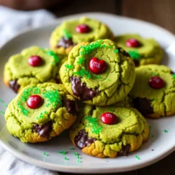 - 1 cup unsalted butter, softened to room temperature - 1 cup granulated sugar - 1 cup packed brown sugar, preferably light - 2 large eggs, at room temperature - 3 cups all-purpose flour, sifted - 1 teaspoon baking soda - 1/2 teaspoon fine sea salt - 1/2 teaspoon pure almond extract - 1 cup green sugar sprinkles, for festive flair - 1/2 cup semi-sweet chocolate chips - 1/2 cup red M&M's or similar candies (for the heart) - If you need a dairy-free option, use vegan butter. - You can swap almond extract with vanilla extract for a different flavor. - For gluten-free cookies, use a 1:1 gluten-free flour blend. - If you don&rsquo;t have brown sugar, use white sugar plus a bit of molasses. - Replace semi-sweet chocolate chips with dark chocolate or white chocolate. - Always use fresh baking soda for the best rise. - Choose pure extracts over imitation for richer flavor. - Use room temperature eggs for smoother batter. - When choosing sprinkles, look for non-toxic brands for a healthier treat. - Check the expiration dates on all ingredients for peak quality. {{ingredient_image_2}} First, preheat your oven to 350&deg;F (175&deg;C). Line a baking sheet with parchment paper. This helps with easy cleanup. In a large bowl, mix 1 cup of softened unsalted butter, 1 cup of granulated sugar, and 1 cup of brown sugar. Use an electric mixer to cream these ingredients for about 2-3 minutes. You want it to be light and fluffy. Next, add 2 large eggs, one at a time. Beat well after adding each egg. This makes sure everything blends nicely. Now, stir in 1/2 teaspoon of pure almond extract. Mix until it is evenly combined. In a separate bowl, whisk together 3 cups of sifted all-purpose flour, 1 teaspoon of baking soda, and 1/2 teaspoon of fine sea salt. Gradually add this dry mix to the wet mix. Stir on low until just combined. Be careful not to overmix. Finally, gently fold in 1 cup of green sugar sprinkles and 1/2 cup of semi-sweet chocolate chips using a spatula. Now it's time to bake! Use a cookie scoop or tablespoon to drop rounded balls of dough onto the prepared baking sheet. Make sure to leave about 2 inches between each cookie. This allows space for them to spread. To create the Grinch's heart, press a red M&M into the center of each cookie ball. Ensure it is slightly embedded in the dough. Bake the cookies in your preheated oven for 10-12 minutes. The edges should turn a light golden brown. The centers will look a bit soft but will firm up as they cool. Once baked, take the cookies out of the oven. Let them cool on the baking sheet for about 5 minutes. This helps them set. After that, transfer the cookies to a wire rack to cool completely. For storing, place the cookies in an airtight container. They will stay fresh for up to a week. Enjoy your festive Grinch Cookies with family and friends! To get the best cookie texture, start with room temperature butter. This helps make the dough light and fluffy. Cream the butter and sugars well for about 2-3 minutes. This step adds air, making your cookies soft. When you mix in the flour, do it slowly. Overmixing can make cookies tough. You want to see some flour still showing. This keeps the cookies tender and chewy. Get creative with your Grinch Cookies! You can add fun sprinkles on top or use icing. Try making a white icing drizzle for a snowy effect. You can also use green frosting to add some extra flair. For a pop of color, add more red M&M's or even some festive candy canes. Place the cookies on a bright plate and scatter more sprinkles around for a fun look. One common mistake is not measuring flour correctly. Too much flour can make cookies dry. Always sift and measure it carefully. Another mistake is not letting the cookies cool enough before moving them. They can break apart if moved too soon. Lastly, don&rsquo;t skip the red M&M heart! It adds charm and fun to your cookies. Pro Tips Chill the Dough: For even better results, chill the cookie dough for at least 30 minutes before baking. This helps the cookies maintain their shape and enhances the flavors. Use Parchment Paper: Lining your baking sheet with parchment paper not only prevents sticking but also ensures even baking and easy cleanup. Fresh Ingredients: Ensure your baking soda and flour are fresh to achieve the best texture and rise in your cookies. Don&rsquo;t Overbake: Keep an eye on the cookies as they bake. They should be slightly soft in the center when you take them out, as they will continue to firm up on the baking sheet. {{image_4}} You can change the flavor of Grinch cookies easily. Instead of almond extract, try using vanilla or peppermint extract. Vanilla adds warmth, while peppermint gives a cool twist. For a chocolatey version, add cocoa powder to the dry mix. Use half a cup of cocoa powder and reduce the flour by half a cup. This makes the cookies rich and delicious. You can make these cookies gluten-free by using a gluten-free flour blend. Replace all-purpose flour with a 1:1 gluten-free mix. For vegan cookies, swap the butter for coconut oil and the eggs for flax eggs. To make a flax egg, mix one tablespoon of ground flaxseed with three tablespoons of water. Let it sit for five minutes before adding to the dough. Adding fun extras can make your Grinch cookies even better. Consider mixing in chopped nuts like walnuts or pecans for crunch. You can also add extra sprinkles for color or use festive candies like holiday-themed chocolate pieces. Dried fruit like cranberries or cherries can add a nice tartness. Just make sure to keep the total add-ins around one cup for the best texture. To keep your Grinch cookies fresh, store them in an airtight container. This helps keep them moist. I suggest placing parchment paper between layers if you stack them. This prevents sticking. You can also add a slice of bread to help maintain moisture. It works like magic! Grinch cookies can last about 5 days at room temperature. If you keep them in the fridge, they may last up to 10 days. Just remember to keep them sealed tight. This helps lock in that yummy flavor. You can freeze Grinch cookies for up to 3 months. To freeze, first let them cool completely. Then, place them in a single layer on a baking sheet. Freeze until firm, then transfer to a freezer-safe bag. Don&rsquo;t forget to label the bag with the date! When you are ready to enjoy, thaw them at room temperature. Enjoy the fun flavor any time! Yes, you can make Grinch Cookies ahead of time. Prepare the cookie dough and chill it in the fridge for up to three days. When you're ready to bake, just scoop and bake as directed. This saves time on busy holiday days and keeps the cookies fresh. If you don&rsquo;t have almond extract, you can use vanilla extract instead. The flavor will differ, but it still adds a nice touch. You can also use other extracts like hazelnut or coconut for a fun twist. To make Grinch Cookies softer, use room temperature butter and avoid overmixing the dough. You can also add an extra egg yolk, which helps keep the cookies moist. Baking just until the edges turn golden will also keep the centers soft and chewy. This post covered everything you need to know about Grinch Cookies. We discussed ingredients, suggested substitutions, and tips for quality. You learned step-by-step how to prepare, bake, and store cookies. Perfect texture and creative decorations make these cookies a hit. Also, explore fun variations to match diets or tastes. Remember to store them right for freshness. With this guide, you can make cookies that will wow everyone during the holidays!