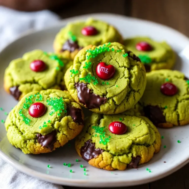 - 1 cup unsalted butter, softened to room temperature - 1 cup granulated sugar - 1 cup packed brown sugar, preferably light - 2 large eggs, at room temperature - 3 cups all-purpose flour, sifted - 1 teaspoon baking soda - 1/2 teaspoon fine sea salt - 1/2 teaspoon pure almond extract - 1 cup green sugar sprinkles, for festive flair - 1/2 cup semi-sweet chocolate chips - 1/2 cup red M&M's or similar candies (for the heart) - If you need a dairy-free option, use vegan butter. - You can swap almond extract with vanilla extract for a different flavor. - For gluten-free cookies, use a 1:1 gluten-free flour blend. - If you don’t have brown sugar, use white sugar plus a bit of molasses. - Replace semi-sweet chocolate chips with dark chocolate or white chocolate. - Always use fresh baking soda for the best rise. - Choose pure extracts over imitation for richer flavor. - Use room temperature eggs for smoother batter. - When choosing sprinkles, look for non-toxic brands for a healthier treat. - Check the expiration dates on all ingredients for peak quality. {{ingredient_image_2}} First, preheat your oven to 350°F (175°C). Line a baking sheet with parchment paper. This helps with easy cleanup. In a large bowl, mix 1 cup of softened unsalted butter, 1 cup of granulated sugar, and 1 cup of brown sugar. Use an electric mixer to cream these ingredients for about 2-3 minutes. You want it to be light and fluffy. Next, add 2 large eggs, one at a time. Beat well after adding each egg. This makes sure everything blends nicely. Now, stir in 1/2 teaspoon of pure almond extract. Mix until it is evenly combined. In a separate bowl, whisk together 3 cups of sifted all-purpose flour, 1 teaspoon of baking soda, and 1/2 teaspoon of fine sea salt. Gradually add this dry mix to the wet mix. Stir on low until just combined. Be careful not to overmix. Finally, gently fold in 1 cup of green sugar sprinkles and 1/2 cup of semi-sweet chocolate chips using a spatula. Now it's time to bake! Use a cookie scoop or tablespoon to drop rounded balls of dough onto the prepared baking sheet. Make sure to leave about 2 inches between each cookie. This allows space for them to spread. To create the Grinch's heart, press a red M&M into the center of each cookie ball. Ensure it is slightly embedded in the dough. Bake the cookies in your preheated oven for 10-12 minutes. The edges should turn a light golden brown. The centers will look a bit soft but will firm up as they cool. Once baked, take the cookies out of the oven. Let them cool on the baking sheet for about 5 minutes. This helps them set. After that, transfer the cookies to a wire rack to cool completely. For storing, place the cookies in an airtight container. They will stay fresh for up to a week. Enjoy your festive Grinch Cookies with family and friends! To get the best cookie texture, start with room temperature butter. This helps make the dough light and fluffy. Cream the butter and sugars well for about 2-3 minutes. This step adds air, making your cookies soft. When you mix in the flour, do it slowly. Overmixing can make cookies tough. You want to see some flour still showing. This keeps the cookies tender and chewy. Get creative with your Grinch Cookies! You can add fun sprinkles on top or use icing. Try making a white icing drizzle for a snowy effect. You can also use green frosting to add some extra flair. For a pop of color, add more red M&M's or even some festive candy canes. Place the cookies on a bright plate and scatter more sprinkles around for a fun look. One common mistake is not measuring flour correctly. Too much flour can make cookies dry. Always sift and measure it carefully. Another mistake is not letting the cookies cool enough before moving them. They can break apart if moved too soon. Lastly, don’t skip the red M&M heart! It adds charm and fun to your cookies. Pro Tips Chill the Dough: For even better results, chill the cookie dough for at least 30 minutes before baking. This helps the cookies maintain their shape and enhances the flavors. Use Parchment Paper: Lining your baking sheet with parchment paper not only prevents sticking but also ensures even baking and easy cleanup. Fresh Ingredients: Ensure your baking soda and flour are fresh to achieve the best texture and rise in your cookies. Don’t Overbake: Keep an eye on the cookies as they bake. They should be slightly soft in the center when you take them out, as they will continue to firm up on the baking sheet. {{image_4}} You can change the flavor of Grinch cookies easily. Instead of almond extract, try using vanilla or peppermint extract. Vanilla adds warmth, while peppermint gives a cool twist. For a chocolatey version, add cocoa powder to the dry mix. Use half a cup of cocoa powder and reduce the flour by half a cup. This makes the cookies rich and delicious. You can make these cookies gluten-free by using a gluten-free flour blend. Replace all-purpose flour with a 1:1 gluten-free mix. For vegan cookies, swap the butter for coconut oil and the eggs for flax eggs. To make a flax egg, mix one tablespoon of ground flaxseed with three tablespoons of water. Let it sit for five minutes before adding to the dough. Adding fun extras can make your Grinch cookies even better. Consider mixing in chopped nuts like walnuts or pecans for crunch. You can also add extra sprinkles for color or use festive candies like holiday-themed chocolate pieces. Dried fruit like cranberries or cherries can add a nice tartness. Just make sure to keep the total add-ins around one cup for the best texture. To keep your Grinch cookies fresh, store them in an airtight container. This helps keep them moist. I suggest placing parchment paper between layers if you stack them. This prevents sticking. You can also add a slice of bread to help maintain moisture. It works like magic! Grinch cookies can last about 5 days at room temperature. If you keep them in the fridge, they may last up to 10 days. Just remember to keep them sealed tight. This helps lock in that yummy flavor. You can freeze Grinch cookies for up to 3 months. To freeze, first let them cool completely. Then, place them in a single layer on a baking sheet. Freeze until firm, then transfer to a freezer-safe bag. Don’t forget to label the bag with the date! When you are ready to enjoy, thaw them at room temperature. Enjoy the fun flavor any time! Yes, you can make Grinch Cookies ahead of time. Prepare the cookie dough and chill it in the fridge for up to three days. When you're ready to bake, just scoop and bake as directed. This saves time on busy holiday days and keeps the cookies fresh. If you don’t have almond extract, you can use vanilla extract instead. The flavor will differ, but it still adds a nice touch. You can also use other extracts like hazelnut or coconut for a fun twist. To make Grinch Cookies softer, use room temperature butter and avoid overmixing the dough. You can also add an extra egg yolk, which helps keep the cookies moist. Baking just until the edges turn golden will also keep the centers soft and chewy. This post covered everything you need to know about Grinch Cookies. We discussed ingredients, suggested substitutions, and tips for quality. You learned step-by-step how to prepare, bake, and store cookies. Perfect texture and creative decorations make these cookies a hit. Also, explore fun variations to match diets or tastes. Remember to store them right for freshness. With this guide, you can make cookies that will wow everyone during the holidays!