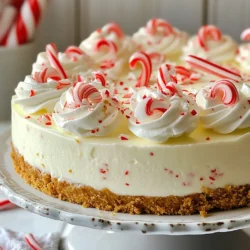 - 1 ½ cups graham cracker crumbs - ½ cup unsalted butter, melted - 2 cups cream cheese, softened to room temperature - 1 cup powdered sugar - 1 teaspoon vanilla extract - 1 teaspoon peppermint extract - 1 cup heavy whipping cream, chilled - 1 cup crushed candy canes, plus extra for garnish - Whipped cream for topping Measuring ingredients correctly is key for success. Use a dry measuring cup for the graham cracker crumbs. For the butter, melt it first, then pour it into a liquid measuring cup. Softened cream cheese should feel smooth and easy to mix. Powdered sugar needs to be leveled off for accuracy. When measuring heavy cream, ensure it is chilled for optimal whipping. Not all ingredients must be set in stone. You can use gluten-free graham crackers if needed. If you want a lighter option, use low-fat cream cheese. Instead of heavy cream, try coconut cream for a dairy-free version. For sweetness, swap powdered sugar with a sugar substitute. Peppermint extract can be replaced with almond extract for a different twist. {{ingredient_image_2}} To start, gather your ingredients. You need graham cracker crumbs and melted butter. In a medium bowl, mix 1 ½ cups of graham cracker crumbs with ½ cup of melted butter. Stir well. Make sure the crumbs are all coated. Now, take a 9-inch springform pan. Press the crumb mixture firmly into the bottom. It should be even and compact. Once done, place the pan in the refrigerator. This will help the crust set while you work on the filling. Next, we will make the cheesecake filling. In a large mixing bowl, add 2 cups of softened cream cheese. Use an electric mixer to beat it until creamy. Slowly add in 1 cup of powdered sugar. Mix until everything is well combined. Now, add 1 teaspoon of vanilla extract and 1 teaspoon of peppermint extract. Blend until you have a smooth mixture. In another bowl, whip 1 cup of chilled heavy cream. Use a mixer for about 2-3 minutes until you see stiff peaks. This makes the cheesecake light. Gently fold the whipped cream into the cream cheese mixture. Be careful not to deflate it. Finally, add in 1 cup of crushed candy canes, saving some for later. Now, it's time to put everything together! Spoon the cheesecake filling onto the chilled crust. Smooth the top with a spatula to make it nice and even. Cover the cheesecake with plastic wrap. Place it back in the refrigerator for at least 4 hours, or overnight for the best results. This allows the cheesecake to firm up. When you’re ready to serve, take it out. Top it with whipped cream and sprinkle the reserved candy canes on top. This adds a festive touch! Enjoy your no-bake peppermint cheesecake! To get the perfect texture for your no-bake peppermint cheesecake, start with softened cream cheese. This helps mix smoothly with other ingredients. Make sure your heavy cream is chilled. Whipping it cold gives it volume. When you fold the whipped cream into the cream cheese mix, be gentle. This keeps the air in, making it light and fluffy. A few common mistakes can ruin your cheesecake. First, don’t skip chilling the crust. If it isn’t cold, the filling may not set well. Also, avoid overmixing the cream cheese and sugar. This can make your cheesecake dense. Last, be careful not to add too many candy canes. They should enhance the flavor, not overpower it. Make your dessert stand out with some fun presentation tips. After chilling, remove the cheesecake from the pan carefully. Top it with a generous layer of whipped cream. Sprinkle extra crushed candy canes on top. For a festive touch, drizzle some chocolate sauce around the plate. This adds color and makes your cheesecake look even more tempting. Pro Tips Chill the Cream Cheese: Ensure your cream cheese is at room temperature before mixing. This will help achieve a smooth and creamy texture without lumps. Whip the Cream Properly: For the best results, make sure your heavy cream is well-chilled before whipping. This helps it reach stiff peaks more easily. Fold Gently: When incorporating the whipped cream into the cream cheese mixture, use a gentle folding technique to maintain the lightness of the whipped cream. Let It Set: For the best flavor and texture, refrigerate the cheesecake overnight. This allows the flavors to meld and the cheesecake to firm up perfectly. {{image_4}} You can easily mix up the flavors of this cheesecake. For a chocolate twist, add cocoa powder to the cream cheese mixture. Use about ½ cup. This will give your cheesecake a rich flavor. If you prefer a fruity touch, try adding pureed strawberries or raspberries. Blend ½ cup of fruit into the cream cheese. For a citrus zing, mix in lemon or orange zest. Just a teaspoon will do. Each variation brings a fun new taste to this no-bake treat. Toppings can change everything. Instead of crushed candy canes, you could use chopped nuts like walnuts or pecans. They add crunch and a different flavor. Fresh fruit can also be a great option. Top the cheesecake with berries or slices of kiwi for color. Drizzling chocolate sauce or caramel can add sweetness and flair. Get creative! You can even layer flavors by using a mix of toppings. If you need a gluten-free option, simply use gluten-free graham crackers or almond flour for the crust. Mix it with melted coconut oil instead of butter. For a dairy-free version, swap cream cheese for a dairy-free cream cheese alternative. Use coconut cream in place of heavy whipping cream. These swaps help keep the cheesecake creamy and delicious without dairy. Enjoy your dessert, no matter your dietary needs! To keep your no-bake peppermint cheesecake fresh, cover it with plastic wrap. Place it in the fridge. This cheesecake loves the cold. It will stay great for up to five days. If you have leftovers, be sure to wrap it well to avoid any fridge odors. You can freeze this cheesecake if you want to save some for later. First, let it chill in the fridge for a few hours. Then, remove it from the springform pan. Wrap it tightly in plastic wrap, then place it in an airtight container. It can last in the freezer for up to three months. When you’re ready to eat it, let it thaw in the fridge overnight. This cheesecake is best enjoyed fresh. If you store it properly, it can last for a while. After five days in the fridge, the texture may change. The flavors will still be tasty, but it won't be as creamy. Always check for any signs of spoilage before serving. Enjoy every bite while it’s at its best! You can tell the cheesecake is set when it feels firm to the touch. It should hold its shape without wobbling. After chilling for at least four hours, check if it’s ready. If you’re unsure, leave it in the fridge for longer. An overnight chill gives the best results, making it creamy and smooth. Yes, you can use a different crust if you want. Consider options like Oreo cookies or almond flour for a gluten-free choice. Just crush them well and mix with melted butter, like you did with the graham crackers. Press the new crust into your pan, and then add the cheesecake filling. If you want to skip candy canes, try crushed chocolate mints or peppermint bark. They add a nice touch too. You can also use mini chocolate chips for a twist. For a fruity flavor, consider crushed berries. Just ensure whatever you use fits your taste! You now have a clear guide to making a perfect cheesecake. We covered essential ingredients, with substitutions to fit your needs. You learned step-by-step instructions and useful tips for texture and presentation. We explored fun flavor variations and storage techniques. Keep these points in mind as you bake. With practice, your cheesecake can be a hit. Enjoy sharing your delicious creation!