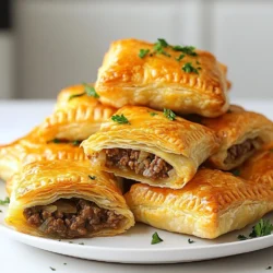 - 1 lb ground beef - 1 medium onion, finely chopped - 2 cloves garlic, minced - 1 package of pre-made puff pastry (contains 2 sheets) - 1 teaspoon dried thyme - 1 teaspoon Worcestershire sauce - 1 teaspoon soy sauce - Salt and pepper, to taste - 1 egg, beaten (for egg wash) - Fresh parsley, chopped (for garnish) Gather these ingredients before you start cooking. The ground beef serves as the heart of the filling. It offers a rich flavor and nice texture. The onion and garlic add a sweet and savory aroma, making your hand pies smell amazing as they bake. Using puff pastry makes this recipe easy and quick. It gives a flaky, buttery texture that everyone loves. For seasoning, thyme adds a herbal note, which pairs well with beef. Worcestershire and soy sauces enhance the umami taste. Don’t forget salt and pepper to balance the flavors. The egg wash gives your hand pies a lovely golden color when they bake. Lastly, parsley adds a bright pop of color and freshness when you serve your hand pies. Make sure to prepare these ingredients in advance. This will keep your cooking process smooth and fun! {{ingredient_image_2}} 1. First, preheat your oven to 400°F (200°C). This step is key to baking hand pies that are crispy and golden. 2. In a large skillet over medium heat, add 1 pound of ground beef. Cook for 5-7 minutes. Break the beef apart with a wooden spoon. Look for a nice brown color. 3. Once the beef is browned, add 1 medium onion, finely chopped, and 2 minced garlic cloves. Sauté these for 3-4 minutes. You want the onion to become translucent. 4. Now, stir in 1 teaspoon of dried thyme, 1 teaspoon of Worcestershire sauce, and 1 teaspoon of soy sauce. Add salt and pepper to taste. Mix well and let it simmer for another 2 minutes. This helps the flavors blend. Remove from heat and let it cool for a few minutes. 1. While your beef mix cools, roll out the puff pastry on a lightly floured surface. Use a 4-inch round cutter to cut circles. You should get about 10-12 circles from each sheet. 2. Place about 1 tablespoon of the beef mixture in the center of each pastry circle. 3. Carefully fold the pastry over to form a half-moon shape. Press the edges together to seal the filling inside. Use a fork to crimp the edges for a nice design and a secure seal. 1. Brush the tops of the hand pies with the beaten egg. This gives them a shiny, golden finish. 2. Place the hand pies on a baking sheet lined with parchment paper. Bake them in the preheated oven for 20-25 minutes. Look for a golden brown color. 3. After baking, remove the hand pies from the oven. Let them cool for a few minutes. For an extra touch, sprinkle chopped parsley on top before serving. To achieve a flaky texture in your hand pies, use cold puff pastry. Keeping it cold helps create layers that puff up nicely. Try to work quickly to avoid warming the dough with your hands. - Handle the pastry gently. - Roll it out on a lightly floured surface. - Avoid overworking the dough. If you let the pastry sit too long at room temperature, it may become too soft. For extra flavor, consider adding some ingredients to the beef mixture. Here are some ideas: - A dash of hot sauce can spice things up. - Add grated cheese for a rich taste. - Chopped bell peppers can add color and crunch. Serving your hand pies with a dipping sauce makes them even better. Some great options include: - Barbecue sauce for a sweet and smoky flavor. - Aoli for a creamy touch. - Ketchup for a classic pairing. These tips will help you make your Mini Beef & Onion Hand Pies even more delicious and enjoyable! Pro Tips Ensure Even Cooking: Make sure to evenly space the hand pies on the baking sheet to allow for proper air circulation, ensuring they bake uniformly. Chill the Pastry: For an extra flaky texture, chill the puff pastry in the refrigerator for about 15 minutes before rolling it out. Customize Fillings: Feel free to experiment with different fillings, such as sautéed mushrooms or cheese, to suit your taste preferences. Egg Wash Alternatives: For a vegan option, you can use a mixture of plant-based milk and maple syrup instead of the egg wash for a nice golden finish. {{image_4}} You can change the filling to suit your taste. For a vegetarian option, try using mushrooms and spinach. Cook them just like the beef. Add some cheese for creaminess and flavor. If you want to explore other meats, chicken or turkey work well too. Use the same method to cook and season them. The flavors will mix nicely with the onion and garlic. If you need a gluten-free pastry, look for brands made from almond or coconut flour. These options will taste great, but may be a bit different in texture. For low-carb variations, consider using a cheese crust. Mix cream cheese and shredded cheese to create a dough. This will keep the filling inside while cutting carbs. To keep your Mini Beef & Onion Hand Pies fresh, follow these steps: - Refrigeration: Store leftover hand pies in an airtight container. They last up to 3 days in the fridge. This way, they stay moist and tasty. - Freezing: For longer storage, freeze hand pies before baking. Wrap each one in plastic wrap, then place them in a freezer bag. They can stay frozen for up to 3 months. When you're ready to enjoy them, bake straight from the freezer. Just add a few extra minutes to the baking time. You can reheat your hand pies in a few ways: - Microwave: Place one hand pie on a microwave-safe plate. Heat for about 30 seconds to 1 minute. Check that it's warm all the way through. - Oven: Preheat the oven to 350°F (175°C). Place the hand pies on a baking sheet. Heat for about 10-15 minutes. This method keeps them crispy on the outside. You can prep these hand pies in advance. Start by making the beef filling. Cook the beef, onion, and garlic as usual. After cooking, let the mixture cool down. Then, fill your pastry circles. You can either freeze them or refrigerate them. To freeze, lay the filled pies on a tray and freeze them for about an hour. Once firm, transfer them to a freezer bag. This helps prevent sticking. When ready to bake, just follow the same baking steps. Add a few extra minutes to the bake time if starting from frozen. Yes! You can use different meats for your hand pies. Ground turkey or chicken works well, giving a lighter flavor. For a richer taste, try ground lamb or pork. Each meat brings its own twist. Beef has a strong flavor, while turkey is milder. Lamb adds a nice depth, and pork can be sweet. Adjust your seasonings based on the meat you choose. This way, you can keep your hand pies exciting! To check if your hand pies are done, look for a golden-brown color. This means the pastry is cooked through. Baking usually takes 20-25 minutes at 400°F (200°C). You can also tap the pies gently. If they sound hollow, they are likely done. Let them cool for a few minutes before serving. This helps the filling set and keeps the flavors intact. Enjoy your crispy, delicious treats! We covered how to make tasty mini beef and onion hand pies. First, we looked at key ingredients like ground beef, onions, and puff pastry. Then, I shared steps for prepping, assembling, and baking the pies. I included tips for a flaky crust and added flavor ideas. You can also explore variations for dietary needs. Storing and reheating leftovers is simple too. Enjoy making these hand pies with your favorite flavors and textures. You'll impress everyone with your cooking!