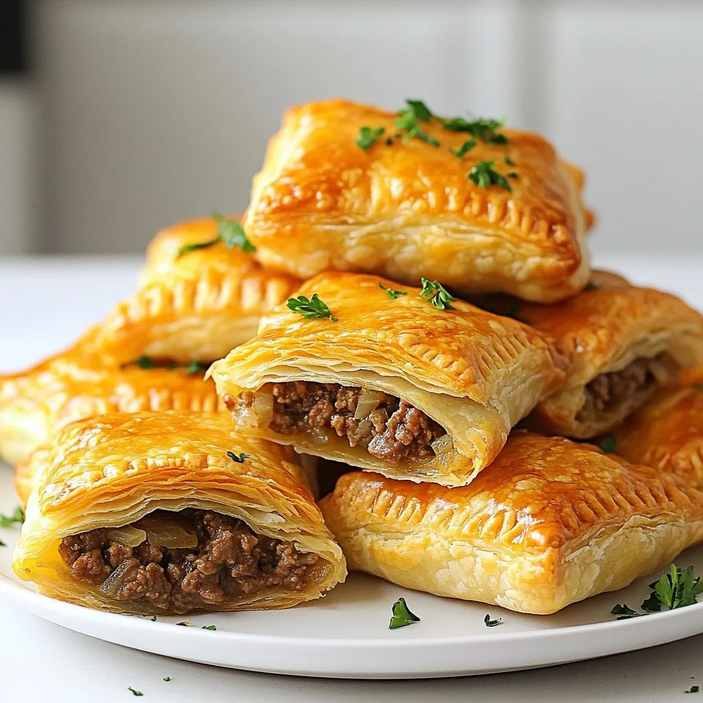 - 1 lb ground beef - 1 medium onion, finely chopped - 2 cloves garlic, minced - 1 package of pre-made puff pastry (contains 2 sheets) - 1 teaspoon dried thyme - 1 teaspoon Worcestershire sauce - 1 teaspoon soy sauce - Salt and pepper, to taste - 1 egg, beaten (for egg wash) - Fresh parsley, chopped (for garnish) Gather these ingredients before you start cooking. The ground beef serves as the heart of the filling. It offers a rich flavor and nice texture. The onion and garlic add a sweet and savory aroma, making your hand pies smell amazing as they bake. Using puff pastry makes this recipe easy and quick. It gives a flaky, buttery texture that everyone loves. For seasoning, thyme adds a herbal note, which pairs well with beef. Worcestershire and soy sauces enhance the umami taste. Don’t forget salt and pepper to balance the flavors. The egg wash gives your hand pies a lovely golden color when they bake. Lastly, parsley adds a bright pop of color and freshness when you serve your hand pies. Make sure to prepare these ingredients in advance. This will keep your cooking process smooth and fun! {{ingredient_image_2}} 1. First, preheat your oven to 400°F (200°C). This step is key to baking hand pies that are crispy and golden. 2. In a large skillet over medium heat, add 1 pound of ground beef. Cook for 5-7 minutes. Break the beef apart with a wooden spoon. Look for a nice brown color. 3. Once the beef is browned, add 1 medium onion, finely chopped, and 2 minced garlic cloves. Sauté these for 3-4 minutes. You want the onion to become translucent. 4. Now, stir in 1 teaspoon of dried thyme, 1 teaspoon of Worcestershire sauce, and 1 teaspoon of soy sauce. Add salt and pepper to taste. Mix well and let it simmer for another 2 minutes. This helps the flavors blend. Remove from heat and let it cool for a few minutes. 1. While your beef mix cools, roll out the puff pastry on a lightly floured surface. Use a 4-inch round cutter to cut circles. You should get about 10-12 circles from each sheet. 2. Place about 1 tablespoon of the beef mixture in the center of each pastry circle. 3. Carefully fold the pastry over to form a half-moon shape. Press the edges together to seal the filling inside. Use a fork to crimp the edges for a nice design and a secure seal. 1. Brush the tops of the hand pies with the beaten egg. This gives them a shiny, golden finish. 2. Place the hand pies on a baking sheet lined with parchment paper. Bake them in the preheated oven for 20-25 minutes. Look for a golden brown color. 3. After baking, remove the hand pies from the oven. Let them cool for a few minutes. For an extra touch, sprinkle chopped parsley on top before serving. To achieve a flaky texture in your hand pies, use cold puff pastry. Keeping it cold helps create layers that puff up nicely. Try to work quickly to avoid warming the dough with your hands. - Handle the pastry gently. - Roll it out on a lightly floured surface. - Avoid overworking the dough. If you let the pastry sit too long at room temperature, it may become too soft. For extra flavor, consider adding some ingredients to the beef mixture. Here are some ideas: - A dash of hot sauce can spice things up. - Add grated cheese for a rich taste. - Chopped bell peppers can add color and crunch. Serving your hand pies with a dipping sauce makes them even better. Some great options include: - Barbecue sauce for a sweet and smoky flavor. - Aoli for a creamy touch. - Ketchup for a classic pairing. These tips will help you make your Mini Beef & Onion Hand Pies even more delicious and enjoyable! Pro Tips Ensure Even Cooking: Make sure to evenly space the hand pies on the baking sheet to allow for proper air circulation, ensuring they bake uniformly. Chill the Pastry: For an extra flaky texture, chill the puff pastry in the refrigerator for about 15 minutes before rolling it out. Customize Fillings: Feel free to experiment with different fillings, such as sautéed mushrooms or cheese, to suit your taste preferences. Egg Wash Alternatives: For a vegan option, you can use a mixture of plant-based milk and maple syrup instead of the egg wash for a nice golden finish. {{image_4}} You can change the filling to suit your taste. For a vegetarian option, try using mushrooms and spinach. Cook them just like the beef. Add some cheese for creaminess and flavor. If you want to explore other meats, chicken or turkey work well too. Use the same method to cook and season them. The flavors will mix nicely with the onion and garlic. If you need a gluten-free pastry, look for brands made from almond or coconut flour. These options will taste great, but may be a bit different in texture. For low-carb variations, consider using a cheese crust. Mix cream cheese and shredded cheese to create a dough. This will keep the filling inside while cutting carbs. To keep your Mini Beef & Onion Hand Pies fresh, follow these steps: - Refrigeration: Store leftover hand pies in an airtight container. They last up to 3 days in the fridge. This way, they stay moist and tasty. - Freezing: For longer storage, freeze hand pies before baking. Wrap each one in plastic wrap, then place them in a freezer bag. They can stay frozen for up to 3 months. When you're ready to enjoy them, bake straight from the freezer. Just add a few extra minutes to the baking time. You can reheat your hand pies in a few ways: - Microwave: Place one hand pie on a microwave-safe plate. Heat for about 30 seconds to 1 minute. Check that it's warm all the way through. - Oven: Preheat the oven to 350°F (175°C). Place the hand pies on a baking sheet. Heat for about 10-15 minutes. This method keeps them crispy on the outside. You can prep these hand pies in advance. Start by making the beef filling. Cook the beef, onion, and garlic as usual. After cooking, let the mixture cool down. Then, fill your pastry circles. You can either freeze them or refrigerate them. To freeze, lay the filled pies on a tray and freeze them for about an hour. Once firm, transfer them to a freezer bag. This helps prevent sticking. When ready to bake, just follow the same baking steps. Add a few extra minutes to the bake time if starting from frozen. Yes! You can use different meats for your hand pies. Ground turkey or chicken works well, giving a lighter flavor. For a richer taste, try ground lamb or pork. Each meat brings its own twist. Beef has a strong flavor, while turkey is milder. Lamb adds a nice depth, and pork can be sweet. Adjust your seasonings based on the meat you choose. This way, you can keep your hand pies exciting! To check if your hand pies are done, look for a golden-brown color. This means the pastry is cooked through. Baking usually takes 20-25 minutes at 400°F (200°C). You can also tap the pies gently. If they sound hollow, they are likely done. Let them cool for a few minutes before serving. This helps the filling set and keeps the flavors intact. Enjoy your crispy, delicious treats! We covered how to make tasty mini beef and onion hand pies. First, we looked at key ingredients like ground beef, onions, and puff pastry. Then, I shared steps for prepping, assembling, and baking the pies. I included tips for a flaky crust and added flavor ideas. You can also explore variations for dietary needs. Storing and reheating leftovers is simple too. Enjoy making these hand pies with your favorite flavors and textures. You'll impress everyone with your cooking!