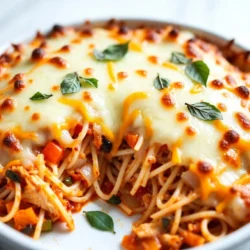 - Chicken and Spaghetti: Use 2 cups of cooked spaghetti and 2 cups of cooked chicken. The chicken can be shredded or diced. This base gives the casserole its heartiness. - Cheese Types: The dish shines with three kinds of cheese. You need 1 cup each of shredded mozzarella, shredded cheddar, and 1/2 cup of grated Parmesan. This blend makes the casserole creamy and delicious. - Vegetables and Seasonings: You will add flavor with 1/2 cup of diced bell peppers, 1/2 cup of diced onion, and 2 cloves of minced garlic. For extra taste, use 1 teaspoon of Italian seasoning, plus salt and pepper to suit your taste. These veggies and spices make the dish vibrant and tasty. Each ingredient plays a key role in making the casserole rich and filling. You can mix and match flavors based on your preference, but this combo works wonderfully. {{ingredient_image_2}} Preheating the Oven First, preheat your oven to 350&deg;F (175&deg;C). This makes sure it&rsquo;s hot enough for baking. Saut&eacute;ing the Vegetables Next, get a large skillet and add two tablespoons of olive oil. Heat it over medium heat. Once hot, toss in half a cup of diced onion and half a cup of diced bell peppers. I like to use both red and green bell peppers for color. Add two cloves of minced garlic. Stir and cook for about 5-7 minutes. The onion should turn soft and smell great. Combining Ingredients In a big mixing bowl, combine two cups of cooked spaghetti and two cups of cooked chicken, shredded or diced. Add your saut&eacute;ed veggies to the bowl. Then, pour in one cup of marinara sauce and one cup of cream of mushroom soup. Sprinkle in one teaspoon of Italian seasoning and a bit of salt and pepper. Mix everything well until the spaghetti is covered in sauce. Incorporating Cheese Now, fold in half a cup of shredded mozzarella and half a cup of shredded cheddar cheese. This will add a nice creaminess to the dish. Make sure to mix well, but save the rest of the cheese for later. Transferring to Casserole Dish Take a 9x13 inch casserole dish and grease it lightly. Pour the spaghetti and chicken mixture into the dish. Use a spatula to spread it out evenly. Topping with Cheese Sprinkle the remaining mozzarella and cheddar cheese over the top. For an extra cheesy finish, add half a cup of grated Parmesan cheese on top as well. Covering and Baking Cover the casserole dish with aluminum foil. This helps it bake evenly. Place it in the oven and bake for 25 minutes. Finishing Baking Process After 25 minutes, take off the foil. Keep baking for another 15-20 minutes. Watch it until the cheese is melted and bubbly. The top should be golden brown. Cooling Before Serving Once it&rsquo;s done, take the casserole out of the oven. Let it cool for about 5 minutes before serving. This helps the layers set and makes it easier to cut. Ensuring Perfect Cheese Melt To get that perfect cheese melt, mix half the cheese into the pasta. This helps it blend well. When you top it, add the rest of the cheese. This way, the top gets golden and bubbly. Avoiding a Dry Casserole Keep your casserole moist by using enough sauce. The cream of mushroom soup and marinara sauce add moisture. If you see it getting dry, cover it with foil while baking. This will lock in the steam. Adjusting Seasoning Levels Taste as you go! Start with a little salt and pepper. You can always add more, but you can&rsquo;t take it out. The Italian seasoning adds a nice flavor, but adjust to your taste. Presentation Tips Serve the casserole hot from the dish for a cozy feel. If you want to impress, transfer it to a nice serving platter. Ideal Accompaniments Pair your casserole with a fresh side salad. A crisp salad balances the hearty dish. Garlic bread also makes a nice side. Garnishing Ideas Add a pop of color with fresh herbs. Chopped basil or parsley looks great on top. You can also sprinkle extra cheese for a cheesy finish. Pro Tips Cook Pasta Al Dente: Make sure to cook your spaghetti until just al dente, as it will continue to cook in the oven and prevent a mushy casserole. Use Rotisserie Chicken: For a quicker preparation, consider using store-bought rotisserie chicken. It adds flavor and saves time on cooking. Add Extra Veggies: Feel free to include additional vegetables like spinach or mushrooms for added nutrition and flavor. Let it Rest: Allow the casserole to sit for a few minutes after baking. This helps it set, making it easier to cut and serve. {{image_4}} Using Different Proteins You can switch up the chicken in this dish. Try turkey or cooked shrimp. For a meaty flavor, use ground beef or sausage. Each option brings a new taste. Gluten-Free Alternatives If you need gluten-free, use rice pasta instead of regular spaghetti. This swap keeps the dish hearty while meeting dietary needs. You can also look for gluten-free marinara sauce and soup. Vegan Options To make this dish vegan, replace chicken with chickpeas or tofu. Use a plant-based cream of mushroom soup and choose vegan cheese. These swaps maintain the heartiness without animal products. Adding Spices and Herbs You can boost flavor by adding spices. Try adding smoked paprika or cayenne for heat. Fresh herbs like basil or parsley can also brighten the dish. Incorporating Different Sauces Instead of marinara, use Alfredo or pesto sauce for a different twist. Each sauce gives the casserole a unique taste and richness. Experiment to find your favorite combination. Customizing Cheese Blend Feel free to mix your cheese options. Use gouda or pepper jack for added flavor. You can even throw in cream cheese for creaminess. The cheese blend can change the whole dish. - Best Storage Practices: Always let the casserole cool down before storing. This helps keep it fresh. You can store it in the fridge for up to 3 days. Use airtight containers to prevent moisture loss. - Recommended Containers: Glass or plastic containers with tight lids work best. You can also use aluminum foil if you don&rsquo;t have containers. Just make sure to cover it well to keep it fresh. - Shelf Life Details: In the fridge, your Chicken Spaghetti Casserole will last around 3 days. If you want to keep it longer, consider freezing it. It can last up to 3 months in the freezer. - Best Methods for Reheating: The oven is the best way to reheat this casserole. Preheat your oven to 350&deg;F (175&deg;C). Place the casserole in an oven-safe dish and cover it with foil. Heat for about 20-25 minutes. - Ensuring Quality and Flavor: If you want to keep it moist, add a splash of chicken broth or water before reheating. This helps to bring back the creamy texture and flavor. If using a microwave, heat in short bursts, stirring in between to ensure even warming. Yes, you can make Chicken Spaghetti Casserole ahead of time. Prepare the casserole and cover it tightly with plastic wrap or foil. You can store it in the fridge for up to 24 hours before baking. This makes it easy for busy days. Just remember to adjust the baking time if it's cold from the fridge. You can serve many tasty sides with this casserole. A crisp side salad pairs well. Garlic bread is also a favorite. You can even try steamed vegetables for a healthy touch. If you want something warm, consider a bowl of soup. Each side adds a nice balance to the meal. Freezing is simple! Once it cools, wrap the casserole in plastic wrap and then foil. Label it with the date so you know when you made it. You can freeze it for up to three months. To reheat, thaw it in the fridge overnight and bake as usual. This way, you have a hearty meal ready anytime! You learned how to make a delicious Chicken Spaghetti Casserole with the right ingredients and steps. We covered the main ingredients, cooking tips, and even variations to try. Remember, you can change up proteins and flavors to fit your taste. Store leftovers wisely to enjoy them later. This dish is easy, tasty, and great for sharing. I hope you enjoy making it as much as I do!