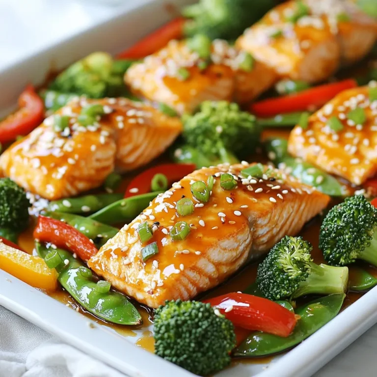 For this dish, you need simple, fresh items. Here’s what you will gather: - 4 fresh salmon fillets (6 oz each) - 1 cup broccoli florets, washed and trimmed - 1 red bell pepper, thinly sliced into strips - 1 cup snap peas, ends trimmed - 2 tablespoons sesame oil for a nutty flavor - 1/2 cup teriyaki sauce, store-bought or homemade - 2 cloves of garlic, finely minced - 1 tablespoon fresh ginger, finely grated - 1 tablespoon sesame seeds for garnish - 2 green onions, finely chopped (for a fresh garnish) - Salt and pepper to taste Fresh salmon is my top choice. It tastes better and has a firmer texture. Fresh salmon also has vibrant color and a clean smell. Look for bright skin and no fishy odor. Frozen salmon can work well, too. It’s convenient and still nutritious. Just make sure to thaw it properly before cooking. If you pick frozen, buy wild salmon if you can. It has a richer flavor. The veggies add color and crunch. Broccoli florets are great because they soak up the teriyaki sauce. Red bell peppers bring sweetness and a pop of color. Snap peas add a nice snap with each bite. You can mix and match with other vegetables if you like. Carrots or zucchini can be great options. Aim for a variety of colors and shapes. This makes the dish more exciting and healthy. {{ingredient_image_2}} Start by gathering all your ingredients. You need fresh salmon fillets, broccoli, a red bell pepper, and snap peas. The salmon should be about six ounces each. Wash and trim the broccoli florets. Slice the bell pepper into thin strips. Trim the ends of the snap peas. Next, mix the teriyaki sauce, minced garlic, and grated ginger in a small bowl. Stir until well combined. Set this sauce aside for later. It adds great flavor to the dish. Preheat your oven to 400°F (200°C) while you prepare. Take a large baking sheet and place the salmon fillets in the center. Make sure they have room around them. Arrange the broccoli, bell pepper, and snap peas around the salmon. Next, drizzle sesame oil over both the salmon and veggies. This oil brings a nice nutty flavor. Lightly season everything with salt and pepper. Then, pour the teriyaki sauce mixture evenly over the salmon and vegetables. Make sure each piece is coated well. Place the baking sheet in your hot oven. Bake for about 15 to 20 minutes. The salmon is done when it flakes easily with a fork. The veggies should be tender but still bright in color. Once cooked, carefully take out the sheet. Sprinkle sesame seeds and chopped green onions on top. This adds a fresh crunch. You can now enjoy your savory sheet pan teriyaki salmon and veggies! To cook salmon perfectly, use fresh fillets. Look for bright colors and no dark spots. Preheat your oven to 400°F. This temperature cooks the salmon evenly. Bake it for 15 to 20 minutes. Check if it flakes easily with a fork. If it does, it’s ready! Marinades bring out great flavors. For this dish, use teriyaki sauce, garlic, and ginger. Mix these in a bowl before pouring over the salmon. You can also add honey for sweetness. For added depth, sprinkle a bit of salt and pepper on the veggies. This will enhance their taste too! To save time, prep all your veggies first. Wash, trim, and slice them in advance. You can also buy pre-cut veggies if you're in a hurry. Use a large baking sheet to fit everything. This way, you can bake the salmon and veggies at once. Cleanup is also easier with just one pan! Pro Tips Fresh Ingredients Matter: Using fresh salmon and seasonal vegetables will elevate the flavor and nutrition of your dish. Always choose high-quality ingredients for the best results. Marinate for More Flavor: If you have time, marinate the salmon in the teriyaki sauce mixture for 30 minutes before baking. This will enhance the flavor profile and make the dish even more delicious. Adjust Cooking Time: Cooking times may vary based on the thickness of your salmon fillets. Keep an eye on them, and check for doneness a couple of minutes before the suggested time to avoid overcooking. Use a Variety of Vegetables: Feel free to experiment with different vegetables like asparagus, carrots, or zucchini. This will not only add color but also provide a range of flavors and textures. {{image_4}} You can mix up the veggies in your sheet pan dish. Some great options include: - Cauliflower florets - Carrots, sliced into thin rounds - Zucchini, cut into half-moons - Asparagus, trimmed and cut in half These vegetables add different flavors and textures. They also keep your meal fresh and exciting. Just remember to cut them into similar sizes for even cooking. If you like a little kick, you can spice up your teriyaki salmon. Here are two easy ways to do it: - Add red pepper flakes: Sprinkle them over the salmon and veggies before baking. Start with a small amount, then adjust to your taste. - Include sliced jalapeños: Toss them in with the other veggies. They will give your dish a nice, spicy flavor. These additions will make your meal exciting and full of flavor. If you follow a gluten-free diet, make sure your teriyaki sauce is gluten-free. You can also make your own sauce at home. Use tamari instead of soy sauce for a gluten-free option. For a low-carb version, focus on non-starchy vegetables. Use: - Spinach - Bok choy - Bell peppers These veggies are low in carbs but high in taste. They pair well with salmon and teriyaki sauce. Enjoy your healthy twist on a classic dish! To store leftovers, let the dish cool first. Then, place the salmon and veggies in an airtight container. You can keep it in the fridge for up to three days. Make sure to separate the salmon from the veggies if you want them to stay fresh longer. When reheating, keep the salmon and veggies moist. Preheat your oven to 350°F (175°C). Place the leftovers on a baking sheet. Cover them with foil to lock in moisture. Heat for about 10-15 minutes. This keeps your meal tasty without drying it out. To freeze, wrap the salmon and veggies tightly in plastic wrap. Then, place them in a freezer bag. Remove as much air as possible. You can freeze the dish for up to two months. When ready to eat, thaw it in the fridge overnight before reheating. This way, you keep the great flavors intact! Yes, you can! If you prefer a different flavor, try soy sauce or a sweet chili sauce. You can also blend honey with soy sauce for a different taste. Each sauce gives the dish a new twist and keeps it exciting. The key is to choose a sauce you love. Always balance the flavors with garlic and ginger for the best results. Fresh salmon is best for baking. Look for wild-caught salmon if you can. It has great flavor and is firm. Farmed salmon is also an option but may have a milder taste. When buying salmon, check for bright color and a fresh smell. Skin-on fillets help keep the fish moist while baking. To check if salmon is done, use a fork. Gently poke it in the thickest part. If it flakes easily, it is ready. The fish should look opaque and not shiny. The ideal internal temperature is 145°F (63°C). Use a meat thermometer for best results. For extra juiciness, let it rest a few minutes after baking before serving. This blog post covered how to make a tasty salmon dish. We explored the best ingredients, like fresh vs. frozen salmon and key veggies. You learned how to prepare, bake, and monitor your meal. I shared tips for perfect salmon, added flavors, and quick prep. We also discussed fun variations and how to store your leftovers. In short, cooking salmon can be simple and fun. Enjoy trying these tips and make this dish your own!