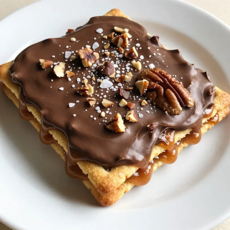 To make Christmas Crack Saltine Toffee, you need these simple items: - 40 Saltine crackers - 1 cup unsalted butter - 1 cup packed brown sugar - 2 cups semi-sweet chocolate chips - 1 cup chopped pecans or walnuts (optional) - Sea salt for a final sprinkle Each of these ingredients plays a key role in creating this sweet treat. The Saltine crackers provide a crunchy base. The unsalted butter and brown sugar create a rich toffee layer. Semi-sweet chocolate chips add a smooth, sweet finish. If you like, add nuts for extra crunch. Finally, a sprinkle of sea salt balances the sweetness. Gather these items before you start. This will make your cooking process smoother and more enjoyable. You’ll find that each ingredient blends to create a holiday favorite. {{ingredient_image_2}} Start by preheating your oven to 350°F (175°C). This step is key. A hot oven helps the toffee bubble up nicely. Next, grab a large baking sheet. Line it with parchment paper. Make sure the paper hangs over the sides. This way, you can easily lift out your treats later. In a medium saucepan, melt 1 cup of unsalted butter over medium heat. Once the butter is melted, add 1 cup of packed brown sugar. Stir the mixture until it boils gently. Let it boil without stirring for 2-3 minutes. This creates the toffee. Carefully pour the hot toffee mixture over the Saltine crackers. Use a spatula to spread it evenly. Make sure every cracker gets covered in that sweet goodness. Now, pop the baking sheet into the oven. Bake for 5-6 minutes. You want the toffee bubbly and golden. Keep an eye on it to avoid burning. Once baked, take the sheet out of the oven. Scatter 2 cups of semi-sweet chocolate chips over the hot toffee. Let them sit for a few minutes to melt. After that, use your spatula to spread the melted chocolate evenly. If you like, sprinkle some chopped nuts and a pinch of sea salt on top. Let the toffee cool at room temperature until firm. For a quicker option, place it in the fridge for about 30 minutes. Once cool, break it into pieces. Enjoy it right away or store it in an airtight container for later! To start, lay the Saltine crackers flat. Make sure they touch each other. This will help create a solid base for your toffee. Use a large baking sheet, so you have room for all 40 crackers. You want an even layer to ensure great taste and texture. When making the toffee, avoid stirring too much after it boils. Let it bubble for 2-3 minutes. This helps create a smooth and creamy texture. If you stir too often, it can become grainy. Also, pour the mixture evenly over the crackers. This helps keep the toffee intact. After baking, let the chocolate chips sit for a few minutes. This step helps them melt perfectly. Use a spatula to spread the chocolate evenly. Start from the center and move outwards. If you want more crunch, sprinkle your nuts on top before the chocolate sets. Pro Tips Use Fresh Ingredients: Ensure your butter and chocolate chips are fresh for the best flavor and texture in your toffee. Watch the Baking Time: Keep an eye on the toffee while it bakes to prevent burning; it should be bubbly and golden. Cool Completely: Allow the toffee to cool completely before breaking it into pieces; this ensures a clean break. Experiment with Toppings: Feel free to customize your Christmas Crack with different nuts or a sprinkle of sea salt for added flavor. {{image_4}} You can easily make a nut-free version of Christmas Crack. Simply leave out the chopped nuts. Your toffee will still be tasty and crunchy. Instead of nuts, you can use extra chocolate chips. This gives a rich flavor without the nuts. Want to add some fun? Try adding flavorings! A splash of vanilla extract makes the toffee richer. For a holiday twist, you can mix in peppermint extract. Just a few drops can make your treat extra special. You can switch up the chocolate too! Instead of semi-sweet chocolate chips, use milk chocolate. This will give you a creamier taste. Dark chocolate is another option for a richer flavor. Each type of chocolate brings its own charm to your Christmas Crack. Store your Christmas Crack in an airtight container. This keeps it fresh and crisp. You can use a glass jar or a plastic container. Make sure the lid is tight. If you stack the pieces, place parchment paper between layers. This prevents sticking and makes it easy to grab a piece. When stored properly, your Christmas Crack lasts about one week. It may lose some crunch after a few days. For the best taste, eat it within the first few days. If you want to keep it longer, consider freezing it. Yes, you can freeze Christmas Crack! To freeze, wrap the pieces tightly in plastic wrap. Then, place them in a freezer bag. Make sure to remove as much air as possible. This method helps keep the flavor and texture. You can freeze it for up to three months. When you are ready to eat, let it thaw at room temperature. Enjoy your sweet treat! Yes, you can use other crackers. I have tried it with buttery Ritz crackers. They add a nice taste. You can also use plain graham crackers for a sweeter touch. Yes, you can make this vegan. Use vegan butter instead of regular butter. For the chocolate, choose dairy-free chocolate chips. These swaps keep it tasty and cruelty-free. You can get creative with toppings. Try crushed candy canes for a minty flavor. You can also use toffee bits or dried fruit for added sweetness. The sky's the limit! Watch for bubbles in the toffee. It should boil gently for 2-3 minutes. When it turns golden, it’s done. This gives the perfect crunch and flavor. This blog post covered how to make delicious Christmas Crack with simple ingredients. We explored each step, starting from preheating the oven to cooling and breaking the toffee. I shared tips for perfect layers and variations to try, like nut-free options and different chocolates. Remember to store your treats well for lasting freshness. Enjoy creating this treat, and don’t be afraid to experiment with flavors. Christmas Crack is fun to make and share!