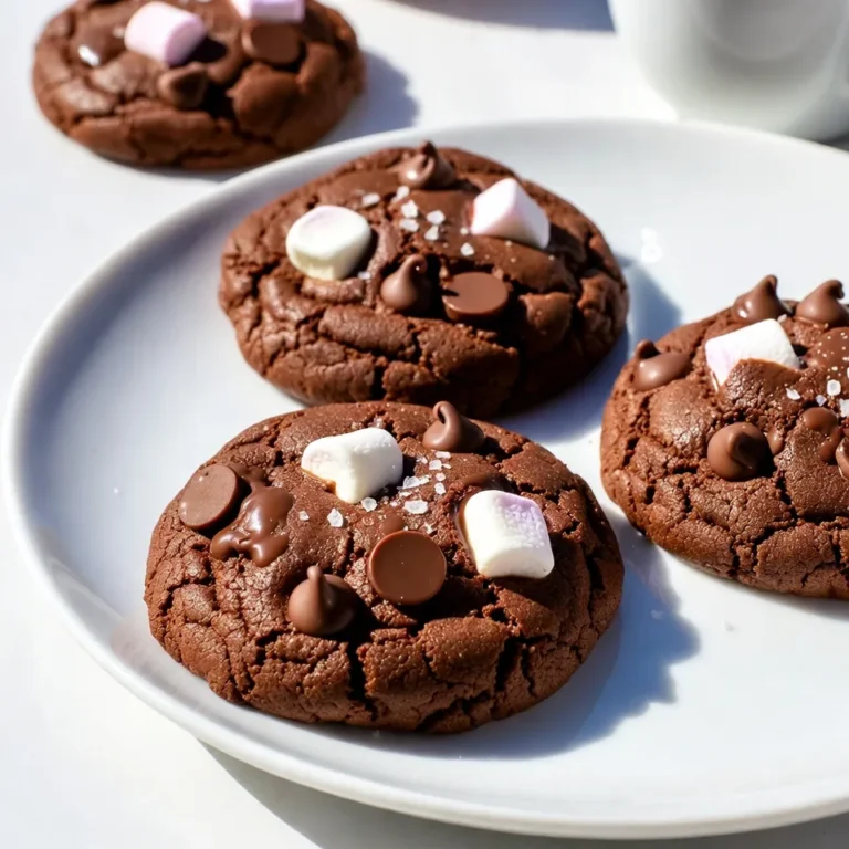 To make Soft Fudgy Hot Chocolate Cookies, here’s what you need: - 1 cup all-purpose flour - 1/2 cup unsweetened cocoa powder - 1/2 teaspoon baking soda - 1/4 teaspoon salt - 1/2 cup unsalted butter, softened - 1 cup brown sugar, packed - 1/2 cup granulated sugar - 1 large egg - 1 teaspoon pure vanilla extract - 1 cup chocolate chips - 1/2 cup mini marshmallows - Optional: Flaky sea salt for topping These simple ingredients make a rich, gooey treat. Each one plays a key role. The flour gives structure. Cocoa powder adds that deep chocolate flavor. Baking soda helps them rise, while salt enhances the sweetness. Using softened butter helps create a smooth dough. Brown sugar adds moisture and a hint of caramel. Granulated sugar adds sweetness and crunch. The egg binds everything together and adds richness. Vanilla extract gives a warm flavor. Chocolate chips and mini marshmallows bring gooey goodness to each bite. For an extra touch, flaky sea salt adds a burst of flavor that contrasts perfectly with the sweet chocolate. Gather these items before starting. You’ll be glad you did when these cookies come out warm and fudgy! {{ingredient_image_2}} - Preheat your oven to 350°F (175°C). - Line a baking sheet with parchment paper. This helps the cookies not stick. - In a medium bowl, sift together: - 1 cup all-purpose flour - 1/2 cup unsweetened cocoa powder - 1/2 teaspoon baking soda - 1/4 teaspoon salt - Set this mix aside to get an even blend. - In a large bowl, mix: - 1/2 cup unsalted butter, softened - 1 cup packed brown sugar - 1/2 cup granulated sugar - Use an electric mixer on medium speed. Beat for 3-4 minutes until it’s light and fluffy. - Add in: - 1 large egg - 1 teaspoon pure vanilla extract - Beat again until the mix is smooth and well blended. - Gradually add the dry mix to the wet mix. Stir gently until just combined. - Avoid overmixing; the dough should feel soft and sticky. - Carefully fold in: - 1 cup chocolate chips - 1/2 cup mini marshmallows - Make sure they are evenly spread throughout the dough for maximum gooeyness. - Use a cookie scoop or tablespoon to drop rounded dough onto the baking sheet. - Leave about 2 inches of space between each cookie. This allows room for spreading. - Bake the cookies for 10-12 minutes. The edges should be set, but the centers should stay soft and fudgy. - Let the cookies cool on the baking sheet for about 5 minutes before moving them to a wire rack. This helps them hold their shape. To get that soft, fudgy texture, timing is key. Bake the cookies for 10-12 minutes. The edges should be set, but the centers should look soft. They will continue to cook as they cool. Avoid overbaking. If you do, the cookies will turn dry instead of fudgy. Also, let the dough rest. This helps the flavors meld, and the cookies will taste even better. When you mix your wet and dry ingredients, do so gently. Overmixing creates tough cookies. The dough should feel soft and slightly sticky. Accurate measurements are vital for perfect cookies. Use a kitchen scale for best results. For flour, spoon it into a measuring cup and level it off with a knife. Don't scoop directly from the bag. This packs the flour and makes your cookies dense. For cocoa powder, do the same. Pack it lightly for a precise measurement. Similarly, when measuring brown sugar, pack it firmly into the cup. This ensures you use the right amount for that rich, sweet flavor. Serve these cookies warm for the best taste. Pair them with a glass of milk or a cozy cup of hot chocolate. The sweetness of the cookies contrasts perfectly with the drink. For a fun presentation, stack the cookies on a colorful plate. Drizzle some melted chocolate on top for an extra treat. If you want to impress guests, sprinkle flaky sea salt on top just before serving. It adds a delightful crunch and enhances the flavor. Pro Tips Chill the Dough: If your dough feels too soft to handle, chill it in the refrigerator for 30 minutes. This helps the cookies maintain their shape while baking. Use Fresh Ingredients: Ensure your baking powder and cocoa powder are fresh for the best taste and texture. Stale ingredients can affect the rise and flavor of your cookies. Don’t Overbake: For fudgy cookies, underbake them slightly. They will continue to firm up as they cool on the baking sheet, giving you that perfect soft center. Experiment with Mix-ins: Feel free to substitute chocolate chips with other mix-ins like chopped nuts or different flavored chips to customize your cookies to your liking. {{image_4}} You can change the flavor of these cookies to match your mood. Here are some ideas: - Add a teaspoon of instant coffee for a mocha twist. - Swap out the chocolate chips for butterscotch or peanut butter chips. - Mix in a handful of chopped nuts for a crunchy bite. - Use flavored extracts like almond or mint for a unique taste. Feel free to mix and match these flavors. Each tweak makes the cookies special and fun. If you want a lighter cookie, try these swaps: - Use whole wheat flour instead of all-purpose flour for added fiber. - Replace butter with coconut oil for a dairy-free option. - Use less sugar or try a natural sweetener like honey or maple syrup. - Substitute mini marshmallows with dried fruit for a chewy texture. These changes let you enjoy cookies without the extra guilt. Make these cookies festive for the holidays. Here are some fun ideas: - Add peppermint extract and crushed candy canes for a holiday minty flavor. - Decorate with red and green sprinkles for a festive look. - Use shaped cookie cutters to create holiday-themed cookies. - Replace marshmallows with holiday-themed chocolates for a seasonal twist. These variations will make your cookies a hit at any holiday gathering. To keep your soft fudgy hot chocolate cookies fresh, store them in an airtight container. This helps maintain their rich, moist texture. You can place a slice of bread in the container. The bread keeps the cookies soft longer. For best results, store them at room temperature. Avoid putting them in the fridge, as cold air can dry them out. You can freeze the dough or baked cookies. To freeze the dough, scoop it into balls and place them on a baking sheet. Freeze them for about 1 hour until firm. Once frozen, transfer the cookie balls to a freezer bag. Remove as much air as possible before sealing. For baked cookies, let them cool completely. Then, wrap each cookie in plastic wrap and place them in a freezer bag. They can last for up to three months in the freezer. These cookies stay fresh for about one week when stored properly at room temperature. If you freeze them, they can last up to three months and still taste amazing. Just remember to thaw them at room temperature before enjoying. This way, you keep the soft, fudgy goodness intact. Yes, you can! I often use semi-sweet or milk chocolate chips. You can also try dark chocolate for a richer taste. If you want a twist, mix in white chocolate chips. Each type of chocolate adds its own flavor. Experiment to find your favorite combo. You’ll know the cookies are done when the edges are set. The center should still look soft and fudgy. This means they will continue to bake as they cool. Aim for a baking time of 10 to 12 minutes. Keep an eye on them to avoid overbaking. Absolutely! You can prepare the dough a day ahead. Just chill it in the fridge until you’re ready to bake. This will keep your cookies fresh and tasty. You can also bake and store them. Just remember to keep them in an airtight container. To reheat cookies, use the microwave for about 10 seconds. This warms them up and keeps them soft. You can also use the oven. Preheat it to 350°F (175°C) and heat for 5 minutes. This method helps restore their fresh-baked texture. Baking cookies can be simple and fun. You learned about essential ingredients and clear steps. I shared tips for the perfect texture and fun variations. Storing cookies properly keeps them fresh longer. With these ideas, you can create tasty treats that everyone will love. Enjoy baking and sharing your new cookies, and let your creativity shine in the kitchen!