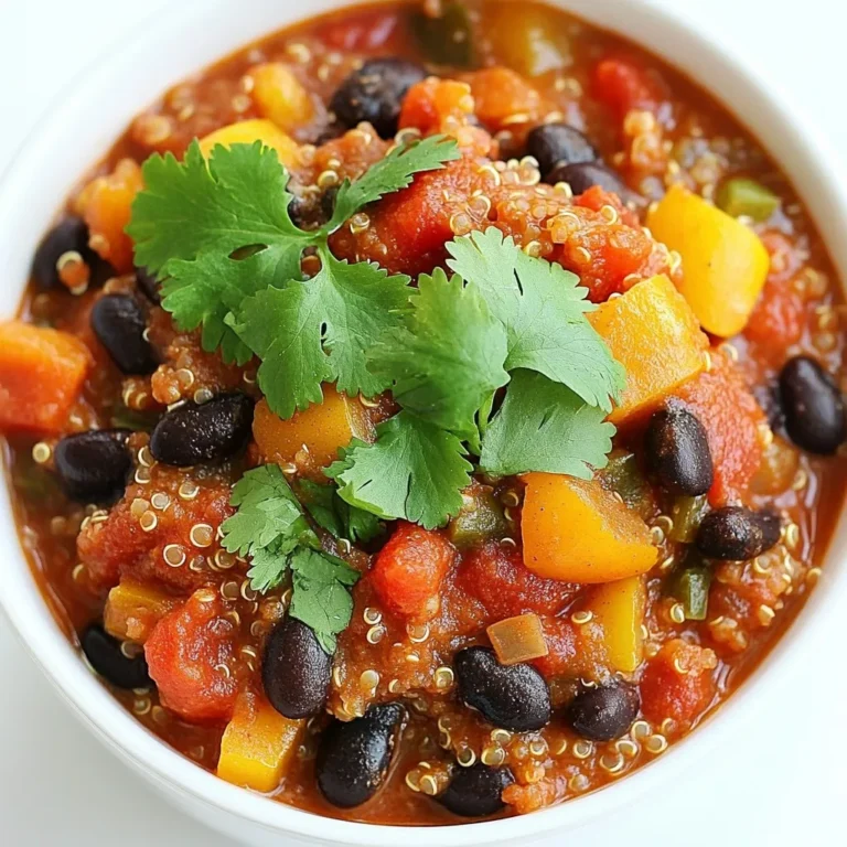 - 1 cup quinoa, thoroughly rinsed and drained - 1 can (15 oz) black beans, well-rinsed and drained - 1 can (15 oz) kidney beans, well-rinsed and drained - 1 can (14.5 oz) diced tomatoes, with their juice included - 1 medium onion, finely chopped - 2 cloves garlic, minced - 1 red bell pepper, diced into small pieces - 1 green bell pepper, diced into small pieces - 1 jalapeño pepper, minced (remove seeds for a milder flavor) Vegan chili shines with these key ingredients. Quinoa serves as a great base. It adds protein and a nice texture. Black beans and kidney beans bring heartiness. They also provide fiber and more protein. Diced tomatoes add moisture and a rich taste. Fresh vegetables like onion, garlic, and bell peppers boost flavor. The jalapeño adds a little kick. Each ingredient plays a part in making the chili thick and satisfying. - 2 tablespoons chili powder - 1 teaspoon ground cumin - 1 teaspoon smoked paprika - ½ teaspoon cayenne pepper (adjust according to your preferred heat level) - Salt and black pepper, to taste Spices are the soul of this chili. Chili powder gives it a warm, rich flavor. Ground cumin adds an earthy note. Smoked paprika brings depth with its smoky taste. Adjust the cayenne for heat. Salt and black pepper enhance all the flavors. These spices create a balance that makes each bite exciting. - Fresh cilantro - Lime juice - Avocado or hot sauce Garnishes elevate your chili experience. Fresh cilantro adds brightness and freshness. A squeeze of lime juice brings zesty notes. For creaminess, add slices of avocado. If you like it spicy, drizzle hot sauce on top. These toppings not only look great but also add layers of flavor. {{ingredient_image_2}} 1. Heat 1 tablespoon of olive oil in a large pot over medium heat. 2. Add 1 medium onion, finely chopped, and 2 cloves of minced garlic. 3. Sauté for 3-4 minutes. The onion should turn soft and clear. 4. Next, add 1 diced red bell pepper, 1 diced green bell pepper, and 1 minced jalapeño. 5. Cook for another 4-5 minutes. The peppers should soften slightly. 1. To the pot, add 1 cup of rinsed quinoa, 1 can of black beans, and 1 can of kidney beans. 2. Include 1 can of diced tomatoes, with juice, and 4 cups of vegetable broth. 3. Stir in 1 cup of corn. Mix everything well. 4. Season the chili with 2 tablespoons of chili powder, 1 teaspoon of ground cumin, and 1 teaspoon of smoked paprika. 5. Add ½ teaspoon of cayenne pepper, plus salt and black pepper to taste. 1. Raise the heat to bring the chili to a boil. 2. Once boiling, reduce the heat to low. Let it simmer uncovered for 30-35 minutes. 3. Stir occasionally. This keeps the chili from sticking to the pot. 4. The quinoa should be fluffy, and the chili should thicken up nicely. 5. After cooking, stir in 2 tablespoons of fresh lime juice. Taste and adjust the seasoning if needed. 6. Serve hot, garnished with fresh cilantro for a nice touch. To make your vegan chili even better, you can adjust spice levels and seasoning. If you like heat, add more cayenne pepper or jalapeño. For a milder chili, remove the jalapeño seeds. Taste as you go. This helps you find the right balance. You can also add extra ingredients for depth. Try adding corn for sweetness or diced carrots for a hint of crunch. A splash of soy sauce can add umami. Fresh herbs like cilantro or parsley brighten the dish. When serving chili, presentation matters. Serve it in deep bowls to keep it warm. Top with cilantro for color. You can add lime wedges for a zesty kick. A dollop of avocado or a drizzle of hot sauce makes it even better. Pair your chili with sides for a complete meal. Cornbread is a classic choice. Rice also works well. For a lighter option, serve it with a fresh salad. These sides complement the chili's rich flavors. Using a pressure cooker can save time. It cooks the chili faster while keeping flavors. If you prefer a slow cooker, let the chili cook for hours. This allows flavors to meld beautifully. Making your chili ahead of time is a great idea. It tastes even better the next day. The flavors develop as it sits. Store it in the fridge or freeze portions for later. Reheat and enjoy whenever you want! Pro Tips Rinse Your Quinoa: Always rinse quinoa thoroughly before cooking to remove its natural coating, called saponin, which can give it a bitter taste. Adjust the Spiciness: For a milder chili, remove the seeds from the jalapeño and use less cayenne pepper. You can always add more heat later! Simmer for Flavor: Letting the chili simmer longer allows the flavors to meld beautifully, so consider extending the cooking time for a richer taste. Garnish Wisely: Fresh cilantro adds brightness, but feel free to top with avocado, sour cream, or cheese for added creaminess and flavor. {{image_4}} You can switch up the beans in your chili to change the texture. Black beans and kidney beans give a nice mix. You might also try pinto beans for a creamier feel. Lentils are a great choice too. They add a unique taste and cook fast. Chickpeas work well, adding a nutty flavor. Each option brings something special to your dish. Feel free to add your favorite veggies. Carrots, zucchini, or corn can enhance your chili. You can even use sweet potatoes for a different twist. Seasonal veggies can make your chili shine. In summer, add fresh tomatoes or bell peppers. In fall, try butternut squash or kale. Get creative with what you have! You can make your chili mild or spicy, depending on your taste. For a mild chili, use less jalapeño. Remove the seeds for even less heat. If you love spice, add more cayenne pepper or try a hotter pepper like serrano. Always taste as you go. Adjust the heat to suit your palate. To store leftover chili in the fridge, let it cool first. Once cool, transfer it to an airtight container. This keeps your chili fresh for later. I like using glass containers, as they are durable and easy to clean. Make sure to seal the lid tightly to avoid any spills. For freezing chili, use freezer-safe containers or bags. Leave some space at the top, as chili expands when it freezes. When you are ready to eat, thaw the chili overnight in the fridge. You can also thaw it in the microwave for quicker results. To reheat, warm it on the stove or in the microwave until hot. Vegan chili lasts about five days in the fridge. In the freezer, it stays good for up to three months. Keep an eye out for signs of spoilage, like off smells or a change in color. If you see mold, it is best to toss it out. Yes, you can make this chili ahead of time. Preparing it in advance has many perks. First, flavors blend better when chili sits. Second, it saves time on busy days. You can store the chili in the fridge for up to five days. For longer storage, freeze it for up to three months. To reheat, just warm it on the stove. Stir it well to ensure even heating. Chili pairs well with many sides. Here are some tasty options: - Cornbread: Soft and sweet, it complements chili nicely. - Rice: A great way to soak up the chili. - Salad: A fresh green salad adds crunch. - Tortilla chips: Perfect for dipping and crunch. - Avocado: Creamy slices or guacamole add richness. These sides make the meal hearty and fun. Yes, this chili is gluten-free! It uses beans, quinoa, and fresh veggies, all safe for a gluten-free diet. Always check labels on canned goods. Some products may have hidden gluten. By using simple, whole ingredients, this chili is a safe choice for those with gluten allergies. Enjoy it worry-free! Vegan chili is a tasty and versatile dish. You learned about essential ingredients like quinoa and beans, along with spices that bring out rich flavors. Preparing the dish with fresh veggies enhances its taste. You can experiment with different beans and heat levels, making it your own. Proper storage ensures leftovers remain delicious. This chili fits many diets, so feel free to share it with friends. Enjoy your cooking adventure and savor each bite of this fulfilling meal!
