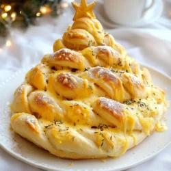 To create the perfect Cheesy Christmas Tree Bread, you will need the following ingredients: - 3 cups all-purpose flour - 1 packet (2 1/4 teaspoons) instant yeast - 1 teaspoon granulated sugar - 1 teaspoon salt - 1 cup warm water (approximately 110&deg;F/45&deg;C) - 2 tablespoons extra virgin olive oil - 1 cup shredded mozzarella cheese - 1/2 cup grated Parmesan cheese - 1 teaspoon garlic powder - 1 teaspoon dried Italian herbs (a mix of oregano and basil) - 1 egg (for egg wash) - Optional: sesame seeds or poppy seeds for garnish Using these simple ingredients, you can make a fun and tasty holiday treat. The combination of mozzarella and Parmesan provides a rich, cheesy flavor that everyone loves. The garlic powder and Italian herbs add a delightful aroma and taste to the bread. Make sure your warm water is not too hot, or it will kill the yeast. The sugar helps to activate the yeast, making your bread nice and fluffy. If you want, sprinkle sesame or poppy seeds on top before baking for a festive touch. Each ingredient plays a key role in making your Cheesy Christmas Tree Bread both festive and delicious! {{ingredient_image_2}} 1. Activating the yeast: Start by mixing warm water, sugar, and instant yeast in a bowl. Let it sit for about five minutes. You will see bubbles forming. This means the yeast is alive and ready to help your dough rise. 2. Mixing the ingredients: Add olive oil and salt to the yeast mix. Then, add two cups of flour. Stir until it is just combined. You want a lumpy mix at this stage, so don&rsquo;t worry about it being smooth yet. 3. Kneading the dough: Gradually add the last cup of flour while mixing. Once the dough forms, dust your surface with flour. Knead the dough for five to seven minutes. You want it to feel smooth and elastic. 1. Rolling and cutting the dough: After kneading, let the dough rise in a greased bowl for about one hour. Once it doubles in size, punch it down gently. Roll it out into a triangle shape on a floured surface. 2. Adding the cheese filling: Take the bottom two-thirds of the triangle. Evenly sprinkle mozzarella, Parmesan, garlic powder, and dried herbs on this part. 3. Forming the tree branches: Fold the top third of the dough down over the cheese. Seal the edges by pressing them together. Cut vertical strips from the base up, leaving an inch at the top for the trunk. Twist each strip to shape the branches. 1. Preparing the baking sheet: Line a baking sheet with parchment paper. This helps with easy cleanup and keeps your bread from sticking. 2. Egg wash technique: Beat one egg in a small bowl. Brush this egg wash over the dough to give it a nice, shiny finish. If you want, sprinkle sesame or poppy seeds on top for extra flair. 3. Baking time and temperature: Preheat your oven to 375&deg;F (190&deg;C). Bake the bread for 25 to 30 minutes. It should look golden brown and sound hollow when tapped. To get the best dough, you want it soft but not sticky. Start with warm water and let the yeast work for about five minutes. This makes the dough rise better. If you want, you can use bread flour instead of all-purpose flour. Bread flour has more protein, which helps create a chewier texture. Your Cheesy Christmas Tree Bread can look even more festive! After baking, place it on a rustic wooden board. You can sprinkle fresh herbs like rosemary or thyme around it. For a fun touch, add small holiday ornaments beside the bread. Serve it with warm marinara sauce or garlic butter for a tasty dip. If your dough does not rise, make sure your yeast is fresh. Try a warmer spot for rising. Sometimes, a cold kitchen slows down the rise time. If your bread turns out too dry, this can happen if you overbake it. Keep an eye on it in the oven. You can brush melted butter on top after baking to add moisture. Pro Tips Use Fresh Ingredients: Always use fresh herbs and high-quality cheese for the best flavor in your Cheesy Christmas Tree Bread. Let the Dough Rise Properly: Ensure your dough rises in a warm, draft-free environment to achieve the best texture and flavor. Experiment with Cheese: Feel free to mix different cheeses like cheddar or gouda for a unique twist on the traditional recipe. Serve Warm: For the best experience, serve the bread warm, and pair it with a tasty dip like marinara or garlic butter. {{image_4}} You can change up the cheeses for a new twist. Try sharp cheddar or creamy goat cheese. Both add rich flavors. You can also mix in some blue cheese for a bold taste. Adding herbs and spices can elevate your bread. Fresh rosemary or thyme works great. You can also try adding a pinch of chili flakes for a bit of heat. If you want different shapes, think outside the tree. Try making stars or wreaths. Both look festive and fun. Use cookie cutters to create these shapes easily. For decorations, sprinkle some fresh herbs on top. You can also use colorful toppings like diced peppers. They add a nice touch and flavor. Pair your bread with tasty dipping sauces. Warm marinara is a classic choice. Garlic butter is another favorite that complements the cheese well. You can also include the bread in a holiday spread. Serve it with charcuterie and cheese boards. This adds variety and makes it a showstopper at any gathering. To keep your Cheesy Christmas Tree Bread fresh, store it properly. First, let the bread cool completely. This step prevents moisture buildup. Use an airtight container for storage. Wrap the bread in plastic wrap before placing it in the container. This method helps keep it soft and tasty. You can also use a resealable plastic bag. Make sure to squeeze out any air to avoid drying. When you want to enjoy leftovers, reheating is key. Preheat your oven to 350&deg;F (175&deg;C). Place the bread on a baking sheet. Cover it loosely with aluminum foil to keep it moist. Heat for about 10-15 minutes. This method warms the bread without making it hard. You can also use a microwave. Heat it for 15-20 seconds. Check to ensure it&rsquo;s warm but not too hot. Freezing is a great option if you want to save some bread for later. Wrap the cooled bread tightly in plastic wrap. Then, place it in a freezer-safe bag. Label the bag with the date. This step helps you keep track of how long it has been frozen. To thaw the bread, take it out and let it sit at room temperature for about 2 hours. Once thawed, reheat it in the oven for the best taste. Enjoy it fresh, just like when you first made it! Cheesy Christmas Tree Bread stays fresh for about three days at room temperature. Keep it in a sealed bag or airtight container. For longer storage, refrigerate it. It can last up to a week in the fridge, but the texture may change. Yes, you can make Cheesy Christmas Tree Bread ahead of time. Prepare the dough and let it rise. After the first rise, shape the tree and place it on a baking sheet. Cover it tightly with plastic wrap and refrigerate. When ready to bake, let it sit at room temperature for about 30 minutes before baking. This bread pairs well with many dips. Here are some popular choices: - Warm marinara sauce - Savory garlic butter - Creamy ranch dressing - Spinach and artichoke dip These dips add great flavor and make your festive treat even more enjoyable! This blog post shared a fun way to make Cheesy Christmas Tree Bread. We covered ingredients, step-by-step instructions, and helpful tips. You now know how to prepare and shape the dough, bake it perfectly, and store leftovers. Remember, you can customize the recipe with different cheeses and fun shapes. Enjoy making this festive treat with your loved ones this holiday season. Happy baking!
