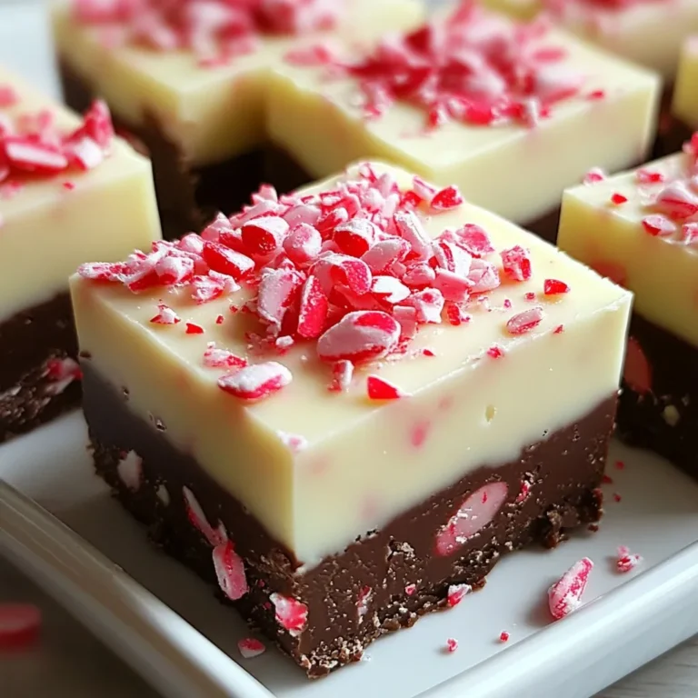 To make the best peppermint fudge, you need simple yet key ingredients. Here’s what you will need: - 2 cups semi-sweet chocolate chips - 1 cup sweetened condensed milk - 1/2 cup white chocolate chips - 1 teaspoon peppermint extract - 1/2 cup crushed peppermint candies (plus extra for topping) - 1/4 teaspoon salt - 1 tablespoon unsalted butter These ingredients combine to create a rich and creamy fudge. The semi-sweet chocolate gives it a deep flavor, while the white chocolate adds a nice contrast. Peppermint extract brings the holiday spirit into each bite. You can make your fudge even more special with some extras. Here are a few ideas: - Whole peppermint candies for garnish - A drizzle of melted chocolate on top - A sprinkle of crushed nuts for crunch - Swirls of colored candy melts for a festive look These toppings add fun textures and flavors. They also make your fudge look more festive, perfect for holiday gatherings. Using high-quality ingredients matters. When you choose good chocolate, your fudge becomes richer and creamier. Sweetened condensed milk adds the right sweetness and texture. Fresh peppermint candies give bursts of minty flavor. Always check your ingredients' freshness. This ensures that every bite of your fudge tastes amazing. Quality matters, especially during the holidays when you want to impress your guests. {{ingredient_image_2}} Start by preparing your baking dish. Use an 8x8 inch square dish. Line it with parchment paper. Leave some paper hanging over the edges. This makes it easy to lift out the fudge later. Set this dish aside while you work on the fudge. Next, grab a medium saucepan. On low heat, combine the semi-sweet chocolate chips, sweetened condensed milk, and unsalted butter. Stir this mix continuously. You want everything to melt smoothly. Make sure it does not boil. Once it melts fully, remove the saucepan from the heat. Now, add the peppermint extract and salt. Stir well to blend these flavors perfectly. Now, it’s time to add some fun! Gently fold in the crushed peppermint candies. Mix them throughout the melted chocolate. This adds delightful bursts of minty flavor. Pour half of this mixture into your lined baking dish. Use a spatula to spread it evenly. In another bowl, melt the white chocolate chips. Microwave them in 30-second bursts. Stir between each round until smooth. Carefully pour this white chocolate over the first fudge layer. Spread it out evenly. Next, add the remaining semi-sweet fudge mixture on top. Smooth it out gently with your spatula. Finally, sprinkle extra crushed peppermint candies on top. This adds a festive crunch! Now, place the dish in the fridge. Let it chill for at least two hours. This helps the fudge set perfectly. Once set, use the parchment paper to lift it out. Cut it into squares and enjoy your delicious holiday treat! To get that creamy fudge texture, keep the heat low when melting. Stir the chocolate slowly until it blends well with the sweetened condensed milk. This step is key to avoiding any graininess. Once melted, let it cool a bit before adding the peppermint extract. This helps keep the flavors bright and fresh. Remember, folding in the crushed peppermint candies gently is crucial. You want them to mix in without breaking too much. If you have fudge left over, store it in an airtight container. Use parchment paper to separate the layers. This helps keep the fudge from sticking together. You can keep it at room temperature for about a week. If you want it to last longer, refrigerate it. Just remember to let it sit at room temp for a few minutes before serving. This way, it softens up nicely. A few mistakes can ruin your fudge. One common error is overheating the chocolate. This can make it seize or burn. Always melt it slowly. Another mistake is not using enough peppermint candies. You want those bursts of flavor in every bite. Lastly, don’t skip the chilling time. Letting the fudge set properly is key to a clean cut. If you rush this step, your fudge may crumble instead of slice. Pro Tips Use High-Quality Chocolate: The quality of chocolate you use will greatly affect the taste of your fudge. Opt for premium semi-sweet and white chocolate chips for the best flavor. Crush Peppermints Efficiently: To easily crush peppermint candies, place them in a zip-top bag and use a rolling pin to break them into small pieces, ensuring they are fine enough to mix well into the fudge. Experiment with Add-ins: Feel free to customize your fudge by adding nuts, dried fruits, or different flavored extracts. Just remember to keep the total volume consistent. Store Properly: Keep your fudge in an airtight container at room temperature for up to a week or in the refrigerator for longer freshness. Just make sure to separate layers with parchment paper to prevent sticking. {{image_4}} For dark chocolate lovers, this fudge is a must-try. You can swap semi-sweet chocolate chips for dark chocolate chips. Use the same amount, about 2 cups. Dark chocolate brings a rich flavor that pairs well with the peppermint. The result is a deeper taste that feels more indulgent. If you want a fun twist, try white chocolate swirl fudge. First, make the base fudge with semi-sweet chocolate. Then, melt 1 cup of white chocolate chips. Swirl it into the top layer of fudge before it sets. This method gives a beautiful marbled look. Plus, it adds a creamy sweetness that contrasts nicely with the peppermint. For a nutty version, add 1/2 cup of chopped nuts. Pecans or walnuts work well. Mix them in right before pouring the fudge into the pan. The nuts add crunch and depth to each bite. You can also sprinkle nuts on top for extra flair. These variations allow you to get creative and personalize your fudge for the holidays! To keep your peppermint Christmas fudge fresh, store it in an airtight container. I suggest using a container with a tight seal. This helps prevent moisture from getting in and keeps the fudge soft. Place parchment paper between layers if you stack the fudge. This prevents them from sticking together. Store the fudge in a cool, dry place, away from heat and light. If you want to save some fudge for later, freezing works great. Cut the fudge into squares first. Wrap each square in plastic wrap tightly. Then, place the wrapped squares in a freezer-safe bag or container. This keeps them fresh for up to three months. When you’re ready to enjoy, thaw the fudge in the fridge overnight. You can also let it sit at room temperature for about 30 minutes before serving. When serving peppermint fudge, present it on a nice platter. A festive look adds to the holiday spirit. Add a sprinkle of powdered sugar or whole peppermint candies on top for a fun touch. This makes the fudge look extra special. Cut the fudge into smaller squares for easy sharing. Your guests will love this sweet treat, and it will look great on your holiday table! The best way to melt chocolate is using low heat. I like to use a double boiler or a microwave. If you use a microwave, melt it in short bursts. Start with 30 seconds, then stir and check. Repeat until the chocolate is smooth. Stirring helps prevent burning. Yes, you can use different chocolate chips! Feel free to swap semi-sweet chips for dark chocolate or milk chocolate. Each type gives a unique taste. White chocolate is great for layers too. Just make sure to adjust the sweetness if needed. Peppermint fudge can last for up to two weeks. Store it in an airtight container at room temperature. For longer storage, keep it in the fridge. If you freeze it, it can last up to two months. Just make sure to wrap it well to avoid freezer burn. Creating peppermint Christmas fudge involves choosing quality ingredients and following clear steps. Remember to prepare your dish well and cook the mixture just right. With tips on texture and storage, you can enjoy your fudge longer. Explore variations like dark chocolate or nutty options to suit your taste. In the end, making fudge is fun and rewarding. Get creative, and enjoy sharing your sweet treats!