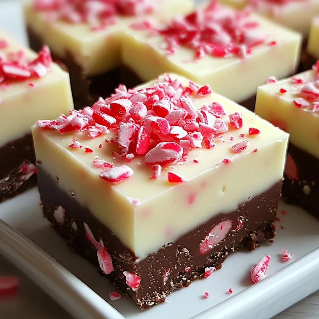 To make the best peppermint fudge, you need simple yet key ingredients. Here’s what you will need: - 2 cups semi-sweet chocolate chips - 1 cup sweetened condensed milk - 1/2 cup white chocolate chips - 1 teaspoon peppermint extract - 1/2 cup crushed peppermint candies (plus extra for topping) - 1/4 teaspoon salt - 1 tablespoon unsalted butter These ingredients combine to create a rich and creamy fudge. The semi-sweet chocolate gives it a deep flavor, while the white chocolate adds a nice contrast. Peppermint extract brings the holiday spirit into each bite. You can make your fudge even more special with some extras. Here are a few ideas: - Whole peppermint candies for garnish - A drizzle of melted chocolate on top - A sprinkle of crushed nuts for crunch - Swirls of colored candy melts for a festive look These toppings add fun textures and flavors. They also make your fudge look more festive, perfect for holiday gatherings. Using high-quality ingredients matters. When you choose good chocolate, your fudge becomes richer and creamier. Sweetened condensed milk adds the right sweetness and texture. Fresh peppermint candies give bursts of minty flavor. Always check your ingredients' freshness. This ensures that every bite of your fudge tastes amazing. Quality matters, especially during the holidays when you want to impress your guests. {{ingredient_image_2}} Start by preparing your baking dish. Use an 8x8 inch square dish. Line it with parchment paper. Leave some paper hanging over the edges. This makes it easy to lift out the fudge later. Set this dish aside while you work on the fudge. Next, grab a medium saucepan. On low heat, combine the semi-sweet chocolate chips, sweetened condensed milk, and unsalted butter. Stir this mix continuously. You want everything to melt smoothly. Make sure it does not boil. Once it melts fully, remove the saucepan from the heat. Now, add the peppermint extract and salt. Stir well to blend these flavors perfectly. Now, it’s time to add some fun! Gently fold in the crushed peppermint candies. Mix them throughout the melted chocolate. This adds delightful bursts of minty flavor. Pour half of this mixture into your lined baking dish. Use a spatula to spread it evenly. In another bowl, melt the white chocolate chips. Microwave them in 30-second bursts. Stir between each round until smooth. Carefully pour this white chocolate over the first fudge layer. Spread it out evenly. Next, add the remaining semi-sweet fudge mixture on top. Smooth it out gently with your spatula. Finally, sprinkle extra crushed peppermint candies on top. This adds a festive crunch! Now, place the dish in the fridge. Let it chill for at least two hours. This helps the fudge set perfectly. Once set, use the parchment paper to lift it out. Cut it into squares and enjoy your delicious holiday treat! To get that creamy fudge texture, keep the heat low when melting. Stir the chocolate slowly until it blends well with the sweetened condensed milk. This step is key to avoiding any graininess. Once melted, let it cool a bit before adding the peppermint extract. This helps keep the flavors bright and fresh. Remember, folding in the crushed peppermint candies gently is crucial. You want them to mix in without breaking too much. If you have fudge left over, store it in an airtight container. Use parchment paper to separate the layers. This helps keep the fudge from sticking together. You can keep it at room temperature for about a week. If you want it to last longer, refrigerate it. Just remember to let it sit at room temp for a few minutes before serving. This way, it softens up nicely. A few mistakes can ruin your fudge. One common error is overheating the chocolate. This can make it seize or burn. Always melt it slowly. Another mistake is not using enough peppermint candies. You want those bursts of flavor in every bite. Lastly, don’t skip the chilling time. Letting the fudge set properly is key to a clean cut. If you rush this step, your fudge may crumble instead of slice. Pro Tips Use High-Quality Chocolate: The quality of chocolate you use will greatly affect the taste of your fudge. Opt for premium semi-sweet and white chocolate chips for the best flavor. Crush Peppermints Efficiently: To easily crush peppermint candies, place them in a zip-top bag and use a rolling pin to break them into small pieces, ensuring they are fine enough to mix well into the fudge. Experiment with Add-ins: Feel free to customize your fudge by adding nuts, dried fruits, or different flavored extracts. Just remember to keep the total volume consistent. Store Properly: Keep your fudge in an airtight container at room temperature for up to a week or in the refrigerator for longer freshness. Just make sure to separate layers with parchment paper to prevent sticking. {{image_4}} For dark chocolate lovers, this fudge is a must-try. You can swap semi-sweet chocolate chips for dark chocolate chips. Use the same amount, about 2 cups. Dark chocolate brings a rich flavor that pairs well with the peppermint. The result is a deeper taste that feels more indulgent. If you want a fun twist, try white chocolate swirl fudge. First, make the base fudge with semi-sweet chocolate. Then, melt 1 cup of white chocolate chips. Swirl it into the top layer of fudge before it sets. This method gives a beautiful marbled look. Plus, it adds a creamy sweetness that contrasts nicely with the peppermint. For a nutty version, add 1/2 cup of chopped nuts. Pecans or walnuts work well. Mix them in right before pouring the fudge into the pan. The nuts add crunch and depth to each bite. You can also sprinkle nuts on top for extra flair. These variations allow you to get creative and personalize your fudge for the holidays! To keep your peppermint Christmas fudge fresh, store it in an airtight container. I suggest using a container with a tight seal. This helps prevent moisture from getting in and keeps the fudge soft. Place parchment paper between layers if you stack the fudge. This prevents them from sticking together. Store the fudge in a cool, dry place, away from heat and light. If you want to save some fudge for later, freezing works great. Cut the fudge into squares first. Wrap each square in plastic wrap tightly. Then, place the wrapped squares in a freezer-safe bag or container. This keeps them fresh for up to three months. When you’re ready to enjoy, thaw the fudge in the fridge overnight. You can also let it sit at room temperature for about 30 minutes before serving. When serving peppermint fudge, present it on a nice platter. A festive look adds to the holiday spirit. Add a sprinkle of powdered sugar or whole peppermint candies on top for a fun touch. This makes the fudge look extra special. Cut the fudge into smaller squares for easy sharing. Your guests will love this sweet treat, and it will look great on your holiday table! The best way to melt chocolate is using low heat. I like to use a double boiler or a microwave. If you use a microwave, melt it in short bursts. Start with 30 seconds, then stir and check. Repeat until the chocolate is smooth. Stirring helps prevent burning. Yes, you can use different chocolate chips! Feel free to swap semi-sweet chips for dark chocolate or milk chocolate. Each type gives a unique taste. White chocolate is great for layers too. Just make sure to adjust the sweetness if needed. Peppermint fudge can last for up to two weeks. Store it in an airtight container at room temperature. For longer storage, keep it in the fridge. If you freeze it, it can last up to two months. Just make sure to wrap it well to avoid freezer burn. Creating peppermint Christmas fudge involves choosing quality ingredients and following clear steps. Remember to prepare your dish well and cook the mixture just right. With tips on texture and storage, you can enjoy your fudge longer. Explore variations like dark chocolate or nutty options to suit your taste. In the end, making fudge is fun and rewarding. Get creative, and enjoy sharing your sweet treats!