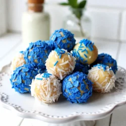 - 1 cup white chocolate chips - &frac12; cup cream cheese, softened - 1 teaspoon pure vanilla extract - &frac12; cup blue cornflakes, crushed - &frac12; cup shredded coconut - &frac14; cup blue sprinkles - A pinch of fine sea salt These ingredients create a creamy and sweet treat. The white chocolate chips give a rich base. Cream cheese adds richness and tang. Vanilla enhances the flavors, making them pop! - A dash of almond extract - Mini chocolate chips - Chopped nuts These add-ins can boost flavor and texture. Almond extract gives a nutty touch. Mini chocolate chips add a chocolatey surprise. Chopped nuts bring crunch and depth. - Extra shredded coconut - Extra blue sprinkles - Decorative platter or tray For a beautiful presentation, use more coconut and sprinkles. They make the truffles look festive. A decorative platter adds charm and draws attention. {{ingredient_image_2}} To melt the chocolate, use a microwave-safe bowl. Add the white chocolate chips. Microwave them on high for 30 seconds. After each time, stir well. Repeat this until the chocolate is smooth and melted. Be careful; if you heat it too long, it can burn. Stirring helps to spread the heat evenly. This step is key for a great texture. Next, grab a separate mixing bowl. Add the softened cream cheese and vanilla extract. You can use a hand mixer or a spatula to mix. Blend until it is smooth and creamy, with no lumps left. This mixture will add a rich flavor to your truffles. Make sure it is well combined before moving on. Once your chocolate is melted and cool, pour it into the bowl with the cream cheese mix. Stir gently until both mixtures blend into a creamy texture. This is where the magic happens! The melted chocolate gives the truffles a sweet touch, while the cream cheese adds richness. Mix well. Then, add a pinch of fine sea salt to enhance the taste. This helps balance the sweetness, making your truffles even more delicious. To get truffles that look great and taste even better, start with a chilled mixture. Once you chill the mixture for about 30 minutes, it will firm up nicely. Use a small cookie scoop for even portions. This helps each truffle be about 1 inch in size. If you prefer, you can use your hands to shape them. Just remember to work quickly so they stay firm. Adding a pinch of fine sea salt to your truffle mix makes a big difference. It balances the sweet taste of the white chocolate and cream cheese. The salt enhances the flavor, making each bite more exciting. Don&rsquo;t skip this step. It may seem small, but it really elevates the taste. After shaping your truffles, chill them for about 15-20 minutes. This helps them set up properly. If you want to store them, keep them in an airtight container in the fridge. They stay fresh and tasty this way. Plus, chilling makes them firmer and easier to handle when serving. Enjoy your delicious Blue Christmas Truffles! Pro Tips Use Quality Chocolate: Opt for high-quality white chocolate chips for a smoother melt and richer flavor in your truffles. Chill for Better Coating: Chilling the truffle mixture before shaping makes it easier to roll into balls and ensures a neater coating. Experiment with Coatings: Feel free to try different coatings like crushed nuts or colored sugar to customize the truffles for various occasions. Storage Tips: Store truffles in an airtight container in the refrigerator to maintain their freshness and prevent them from becoming too soft. {{image_4}} You can change the coatings on your Blue Christmas Truffles. Instead of blue cornflakes, try crushed pretzels or nuts. You can also use graham cracker crumbs for a different texture. If you want a flavor twist, mix in some peppermint extract or almond extract with the cream cheese. Adding these flavors brings a new spin to the classic truffle. You can make these truffles for any holiday by changing the color scheme. For Valentine's Day, use pink or red sprinkles. For Halloween, go with orange and black. Use food coloring to tint your white chocolate. This way, you can match your truffles to any theme or celebration. If you want a healthier version, swap the cream cheese for Greek yogurt. This change lowers the fat and adds protein. You can also use dark chocolate instead of white chocolate for a richer taste. Consider using unsweetened coconut or even nut butter for added flavor and nutrition. These swaps keep the fun while making your treat a bit healthier. To keep your Blue Christmas Truffles fresh, store them in an airtight container. Line the container with parchment paper to prevent sticking. Place a layer of truffles in the container, then add another layer of parchment paper before stacking more truffles. This keeps them safe and makes them easy to grab. These truffles can last up to two weeks when stored properly. You&rsquo;ll want to keep them in the fridge. The cold helps maintain their soft texture and flavor. If you notice any changes in smell or texture, it&rsquo;s best to toss them. You can freeze Blue Christmas Truffles for later. To do this, place them on a baking sheet in a single layer. Freeze them for about an hour until firm. Then, transfer them to a freezer bag or container. They can last for up to three months in the freezer. When you&rsquo;re ready to enjoy them, move them to the fridge overnight. This way, they thaw slowly and stay tasty. You can use dark or milk chocolate. However, the truffles will taste different. Dark chocolate will add a rich flavor, while milk chocolate will make them sweeter. Keep in mind, the color will change too. Blue truffles may lose their festive look. If you want to keep the blue color, stick with white chocolate. Packaging truffles as gifts is fun and easy! You can use small boxes or clear bags. Line them with festive paper. For a personal touch, add a handwritten note. You can also tie the bags with colorful ribbons. This makes the gifts look special and inviting. You can find pre-made blue Christmas truffles at local bakeries. Some specialty shops sell gourmet treats too. Online stores may offer them, especially during the holidays. Check sites that focus on homemade or artisanal sweets. Always read reviews to find the best quality! In this post, we explored how to make Blue Christmas Truffles. We covered the key ingredients and optional add-ins for extra flavor. You learned step-by-step instructions for melting chocolate and mixing it with cream cheese. I shared tips for shaping your truffles and balancing sweetness. We also looked at fun variations and storage tips to keep them fresh. In my view, these truffles are perfect for any occasion. Enjoy making and sharing them with friends and family!