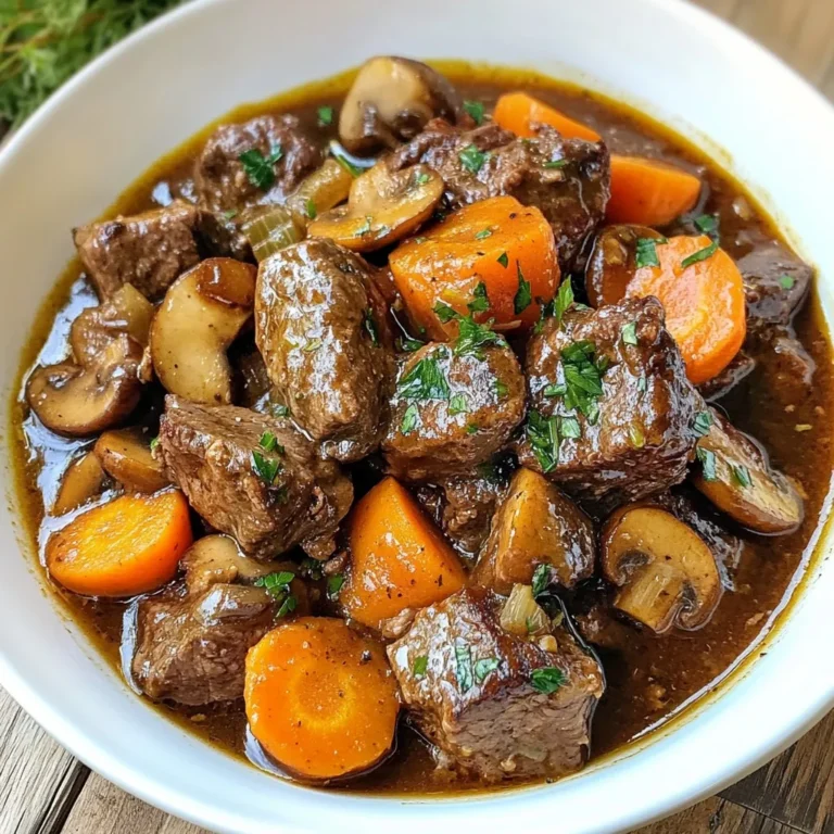 To make this dish, you need key ingredients that create rich flavors. Here is your shopping list: - 2 pounds beef chuck, cut into 2-inch cubes - 4 tablespoons olive oil, divided - 4 large carrots, sliced into thick rounds - 2 large onions, diced - 4 cloves garlic, minced - 2 cups low-sodium beef broth - 2 cups mushrooms, quartered - 2 tablespoons tomato paste - 2 teaspoons dried thyme - 2 bay leaves - 1 tablespoon Worcestershire sauce - Salt and black pepper, to taste - Fresh parsley, chopped (for garnish) This blend of ingredients makes your dish hearty and flavorful. You can add extra ingredients to enhance the taste of your Beef Bourguignon. Consider these options: - A splash of red wine for depth - Bacon or pancetta for a smoky touch - Pearl onions for sweetness - Fresh herbs like rosemary or bay leaf for aroma These ingredients can elevate your dish and make it even more special. If you’re missing something, don’t worry! Here are some simple substitutions: - Use chuck roast instead of beef chuck for a different cut. - Swap olive oil for vegetable oil if needed. - If you lack beef broth, chicken broth works in a pinch. - For a vegan version, replace beef with hearty mushrooms or lentils. These options allow you to adjust the recipe based on what you have at home. Feel free to get creative! {{ingredient_image_2}} Start by cutting 2 pounds of beef chuck into 2-inch cubes. This size helps the meat cook evenly. Next, season the beef generously with salt and black pepper. Heat 2 tablespoons of olive oil in a large skillet over medium-high heat. When the oil shimmers, add the beef cubes in batches. Sear each side until nicely browned, about 5 to 7 minutes. Once browned, move the beef to your slow cooker. This step adds deep flavor to the dish. In the same skillet, pour in the remaining 2 tablespoons of olive oil. Add 2 large diced onions and 4 thickly sliced carrots. Sauté these for about 5 minutes until the onions turn translucent. Then, stir in 4 minced garlic cloves and cook for another minute. This will fill your kitchen with a great aroma. Once done, transfer the vegetables to the slow cooker with the beef. This blend of flavors will create a rich base. Now it’s time to bring it all together! Pour in 2 cups of low-sodium beef broth into the slow cooker. Next, add 2 cups of quartered mushrooms, 2 tablespoons of tomato paste, 2 teaspoons of dried thyme, and 2 bay leaves. Also, mix in 1 tablespoon of Worcestershire sauce. Don’t forget to season with more salt and black pepper to taste. Gently stir everything to combine. Cover the slow cooker and cook on low for 7 to 8 hours, or on high for 4 to 5 hours. The beef will become fork-tender, and the flavors will meld beautifully. Before serving, remove the bay leaves for a clean finish. To make the best Beef Bourguignon, start with quality beef. I like using chuck because it’s both tender and full of flavor. Cut it into 2-inch cubes. Season the beef well with salt and black pepper before you sear it. Searing adds a nice crust and deep flavor. Don't rush this step; take your time to brown the meat in batches. Use a slow cooker for this dish. It helps the flavors blend well over time. Cooking on low for 7-8 hours works best. If you need it faster, cooking on high for 4-5 hours is still good. Just check the beef to ensure it’s tender. To get fork-tender beef, the key is patience. Sear the beef first to lock in juices. This gives you a nice base flavor. After that, let it cook slowly with the other ingredients. Keep the slow cooker covered while it cooks. This keeps the moisture in. If the beef is not tender after cooking, it may need more time. Just let it go until it reaches that melt-in-your-mouth texture. You can enhance the flavor of your Beef Bourguignon in several ways. Add quartered mushrooms for an earthy taste. Use fresh herbs if you can. Thyme adds warmth and depth. Try adding a splash of red wine for richness. It deepens the sauce and balances the flavors. You can also mix in a tablespoon of Dijon mustard for a kick. Lastly, don’t forget to garnish with fresh parsley before serving. It brightens the dish and adds a nice color. Enjoy every bite of this rich and flavorful dish! Pro Tips Quality Meat Matters: Choose a good quality beef chuck for the best flavor and tenderness. Look for marbling, which indicates a juicy cut. Sear for Depth of Flavor: Don't skip the searing step! Browning the beef creates a rich, deep flavor that enhances the overall dish. Thicken the Sauce: If you prefer a thicker sauce, mix a tablespoon of cornstarch with cold water and stir it into the slow cooker during the last 30 minutes of cooking. Rest Before Serving: Allow the Beef Bourguignon to rest for about 10 minutes before serving. This helps the flavors to meld even more and improves the texture. {{image_4}} You can use different cuts of meat for Bourguignon. Beef chuck is great, but you might try brisket or short ribs. Both cuts add rich flavors and tenderness. If you want a leaner option, look for sirloin. It cooks well and stays juicy. For a twist, you can even use pork shoulder. It soaks up the sauce nicely and gives a unique taste. You can make a delicious vegetarian version of Bourguignon too. Instead of beef, use hearty mushrooms like portobello or shiitake. They add a great umami flavor. You can also use lentils or chickpeas for protein and texture. Add root vegetables like parsnips and turnips for extra depth. Use vegetable broth instead of beef broth to keep it plant-based. This dish still gives you that warm, cozy feel. Different regions have their own takes on Bourguignon. In some parts of France, cooks add a splash of red wine for extra flavor. You can also try adding bacon or lardons for a smoky taste. Some cooks include pearl onions for sweetness. If you want a bit of spice, toss in a splash of brandy or cognac. Don't be afraid to experiment with herbs too. Fresh rosemary or sage can change the whole vibe of the dish. Each variation makes the meal special and uniquely yours. To keep your Beef Bourguignon fresh, let it cool. Once cool, place it in an airtight container. Store the container in the fridge for up to four days. If you want to enjoy it later, you can freeze it. When you are ready to eat, gently reheat the Beef Bourguignon. You can use the stove or microwave. If using the stove, warm it on low heat. Stir occasionally to prevent sticking. If using a microwave, heat in short bursts. Stir in between to heat evenly. For freezing, place the cooled dish in a freezer-safe container. It can stay frozen for up to three months. When you want to eat it, move it to the fridge to thaw overnight. After thawing, reheat it gently for the best taste. Enjoy your rich and flavorful Beef Bourguignon anytime! Beef Bourguignon dates back to the 19th century in France. It comes from the Burgundy region. This dish uses local beef and red wine. It was a way to make tough meat tender and tasty. Farmers and cooks made it with simple, fresh ingredients. Over time, it became a classic French meal. Now, many people enjoy it worldwide. You can easily make Beef Bourguignon ahead of time. Cook it fully, then let it cool. Store it in an airtight container in the fridge. It will stay fresh for up to three days. Reheat it on the stove or in the microwave. The flavors will deepen as it sits. This makes it even more delicious! Beef Bourguignon is rich and hearty. It pairs well with many side dishes. Here are some great options: - Crusty bread for dipping - Creamy mashed potatoes - Buttered egg noodles - Roasted vegetables - A fresh green salad Each of these sides complements the beef and sauce beautifully. They add balance to the meal and make it even more enjoyable. Beef Bourguignon is a rich, hearty dish you can easily make. We covered key ingredients and how to prepare them. You can add unique flavors with optional ingredients and substitutions. My tips helped you achieve the best, fork-tender beef. You also learned variations, storage tips, and answers to common questions. Now, you can impress friends and family with this dish. Remember, practice makes perfect. Enjoy your cooking journey!