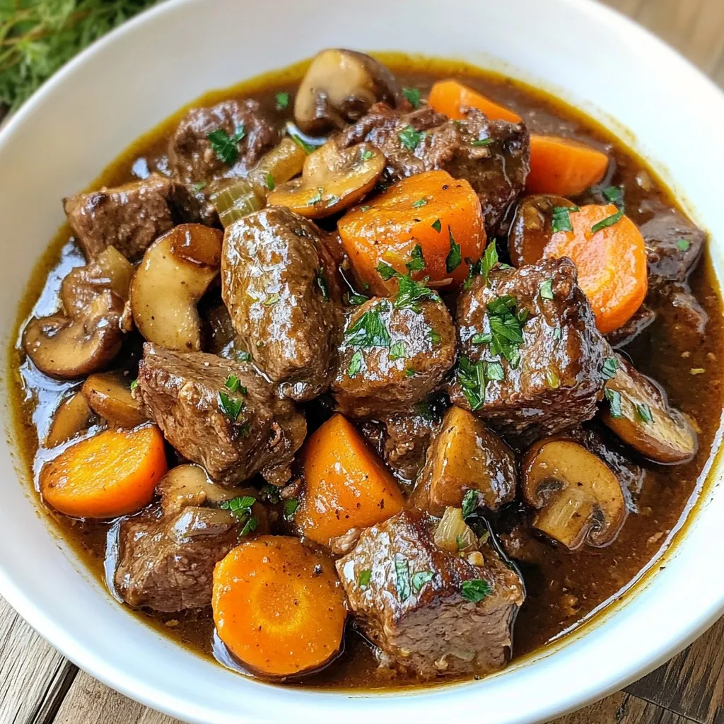 To make this dish, you need key ingredients that create rich flavors. Here is your shopping list: - 2 pounds beef chuck, cut into 2-inch cubes - 4 tablespoons olive oil, divided - 4 large carrots, sliced into thick rounds - 2 large onions, diced - 4 cloves garlic, minced - 2 cups low-sodium beef broth - 2 cups mushrooms, quartered - 2 tablespoons tomato paste - 2 teaspoons dried thyme - 2 bay leaves - 1 tablespoon Worcestershire sauce - Salt and black pepper, to taste - Fresh parsley, chopped (for garnish) This blend of ingredients makes your dish hearty and flavorful. You can add extra ingredients to enhance the taste of your Beef Bourguignon. Consider these options: - A splash of red wine for depth - Bacon or pancetta for a smoky touch - Pearl onions for sweetness - Fresh herbs like rosemary or bay leaf for aroma These ingredients can elevate your dish and make it even more special. If you’re missing something, don’t worry! Here are some simple substitutions: - Use chuck roast instead of beef chuck for a different cut. - Swap olive oil for vegetable oil if needed. - If you lack beef broth, chicken broth works in a pinch. - For a vegan version, replace beef with hearty mushrooms or lentils. These options allow you to adjust the recipe based on what you have at home. Feel free to get creative! {{ingredient_image_2}} Start by cutting 2 pounds of beef chuck into 2-inch cubes. This size helps the meat cook evenly. Next, season the beef generously with salt and black pepper. Heat 2 tablespoons of olive oil in a large skillet over medium-high heat. When the oil shimmers, add the beef cubes in batches. Sear each side until nicely browned, about 5 to 7 minutes. Once browned, move the beef to your slow cooker. This step adds deep flavor to the dish. In the same skillet, pour in the remaining 2 tablespoons of olive oil. Add 2 large diced onions and 4 thickly sliced carrots. Sauté these for about 5 minutes until the onions turn translucent. Then, stir in 4 minced garlic cloves and cook for another minute. This will fill your kitchen with a great aroma. Once done, transfer the vegetables to the slow cooker with the beef. This blend of flavors will create a rich base. Now it’s time to bring it all together! Pour in 2 cups of low-sodium beef broth into the slow cooker. Next, add 2 cups of quartered mushrooms, 2 tablespoons of tomato paste, 2 teaspoons of dried thyme, and 2 bay leaves. Also, mix in 1 tablespoon of Worcestershire sauce. Don’t forget to season with more salt and black pepper to taste. Gently stir everything to combine. Cover the slow cooker and cook on low for 7 to 8 hours, or on high for 4 to 5 hours. The beef will become fork-tender, and the flavors will meld beautifully. Before serving, remove the bay leaves for a clean finish. To make the best Beef Bourguignon, start with quality beef. I like using chuck because it’s both tender and full of flavor. Cut it into 2-inch cubes. Season the beef well with salt and black pepper before you sear it. Searing adds a nice crust and deep flavor. Don't rush this step; take your time to brown the meat in batches. Use a slow cooker for this dish. It helps the flavors blend well over time. Cooking on low for 7-8 hours works best. If you need it faster, cooking on high for 4-5 hours is still good. Just check the beef to ensure it’s tender. To get fork-tender beef, the key is patience. Sear the beef first to lock in juices. This gives you a nice base flavor. After that, let it cook slowly with the other ingredients. Keep the slow cooker covered while it cooks. This keeps the moisture in. If the beef is not tender after cooking, it may need more time. Just let it go until it reaches that melt-in-your-mouth texture. You can enhance the flavor of your Beef Bourguignon in several ways. Add quartered mushrooms for an earthy taste. Use fresh herbs if you can. Thyme adds warmth and depth. Try adding a splash of red wine for richness. It deepens the sauce and balances the flavors. You can also mix in a tablespoon of Dijon mustard for a kick. Lastly, don’t forget to garnish with fresh parsley before serving. It brightens the dish and adds a nice color. Enjoy every bite of this rich and flavorful dish! Pro Tips Quality Meat Matters: Choose a good quality beef chuck for the best flavor and tenderness. Look for marbling, which indicates a juicy cut. Sear for Depth of Flavor: Don't skip the searing step! Browning the beef creates a rich, deep flavor that enhances the overall dish. Thicken the Sauce: If you prefer a thicker sauce, mix a tablespoon of cornstarch with cold water and stir it into the slow cooker during the last 30 minutes of cooking. Rest Before Serving: Allow the Beef Bourguignon to rest for about 10 minutes before serving. This helps the flavors to meld even more and improves the texture. {{image_4}} You can use different cuts of meat for Bourguignon. Beef chuck is great, but you might try brisket or short ribs. Both cuts add rich flavors and tenderness. If you want a leaner option, look for sirloin. It cooks well and stays juicy. For a twist, you can even use pork shoulder. It soaks up the sauce nicely and gives a unique taste. You can make a delicious vegetarian version of Bourguignon too. Instead of beef, use hearty mushrooms like portobello or shiitake. They add a great umami flavor. You can also use lentils or chickpeas for protein and texture. Add root vegetables like parsnips and turnips for extra depth. Use vegetable broth instead of beef broth to keep it plant-based. This dish still gives you that warm, cozy feel. Different regions have their own takes on Bourguignon. In some parts of France, cooks add a splash of red wine for extra flavor. You can also try adding bacon or lardons for a smoky taste. Some cooks include pearl onions for sweetness. If you want a bit of spice, toss in a splash of brandy or cognac. Don't be afraid to experiment with herbs too. Fresh rosemary or sage can change the whole vibe of the dish. Each variation makes the meal special and uniquely yours. To keep your Beef Bourguignon fresh, let it cool. Once cool, place it in an airtight container. Store the container in the fridge for up to four days. If you want to enjoy it later, you can freeze it. When you are ready to eat, gently reheat the Beef Bourguignon. You can use the stove or microwave. If using the stove, warm it on low heat. Stir occasionally to prevent sticking. If using a microwave, heat in short bursts. Stir in between to heat evenly. For freezing, place the cooled dish in a freezer-safe container. It can stay frozen for up to three months. When you want to eat it, move it to the fridge to thaw overnight. After thawing, reheat it gently for the best taste. Enjoy your rich and flavorful Beef Bourguignon anytime! Beef Bourguignon dates back to the 19th century in France. It comes from the Burgundy region. This dish uses local beef and red wine. It was a way to make tough meat tender and tasty. Farmers and cooks made it with simple, fresh ingredients. Over time, it became a classic French meal. Now, many people enjoy it worldwide. You can easily make Beef Bourguignon ahead of time. Cook it fully, then let it cool. Store it in an airtight container in the fridge. It will stay fresh for up to three days. Reheat it on the stove or in the microwave. The flavors will deepen as it sits. This makes it even more delicious! Beef Bourguignon is rich and hearty. It pairs well with many side dishes. Here are some great options: - Crusty bread for dipping - Creamy mashed potatoes - Buttered egg noodles - Roasted vegetables - A fresh green salad Each of these sides complements the beef and sauce beautifully. They add balance to the meal and make it even more enjoyable. Beef Bourguignon is a rich, hearty dish you can easily make. We covered key ingredients and how to prepare them. You can add unique flavors with optional ingredients and substitutions. My tips helped you achieve the best, fork-tender beef. You also learned variations, storage tips, and answers to common questions. Now, you can impress friends and family with this dish. Remember, practice makes perfect. Enjoy your cooking journey!