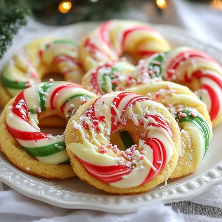 - 1 cup unsalted butter - 1 cup granulated sugar - 1 large egg - 1 teaspoon pure vanilla extract - 2 ½ cups all-purpose flour - 1 teaspoon baking powder - ½ teaspoon fine sea salt - ½ teaspoon peppermint extract - ½ cup crushed candy canes (plus extra for topping) - Red food coloring - Green food coloring When I create Candy Cane Cookies, I focus on using fresh, high-quality ingredients. The unsalted butter gives a rich base. Granulated sugar adds sweetness, while the egg binds everything together. Pure vanilla extract brings warmth and flavor to the mix. The all-purpose flour is essential for texture. Baking powder helps the cookies rise, making them soft and fluffy. Fine sea salt balances the sweetness and enhances flavors. Peppermint extract gives that classic candy cane taste. Crushed candy canes not only flavor the cookies but also add a lovely crunch. I use red and green food coloring to create that festive look. These colors mimic the iconic candy canes we all love during the holidays. - Melted white chocolate - Extra crushed candy canes For a special touch, I often drizzle melted white chocolate over my cookies. It adds creaminess and a beautiful contrast. Sprinkling extra crushed candy canes on top makes them even more festive and fun. {{ingredient_image_2}} - Preheat the oven to 350°F (175°C). - Line two baking sheets with parchment paper. - In a large bowl, cream together 1 cup of softened butter and 1 cup of sugar. Mix until light and fluffy. - Add 1 large egg and 1 teaspoon of vanilla extract. Beat until smooth. - In another bowl, mix 2 ½ cups of flour, 1 teaspoon of baking powder, and ½ teaspoon of salt. Slowly add this dry mix to the wet mix. Blend on low speed until just combined. - Divide the dough in half. - In one half, add ½ teaspoon of peppermint extract and red food coloring. Mix until colored. - In the other half, add green food coloring. Blend well. - Take 1 tablespoon of red dough and 1 tablespoon of green dough. Roll into logs about 4 inches long. Twist together to form candy cane shapes. - Place the shaped cookies on the lined sheets, leaving 2 inches between each. - Sprinkle tops with crushed candy canes for added fun. - Bake for 10-12 minutes until the edges are lightly golden. - Let cool for a few minutes on the sheets, then transfer to a wire rack to cool completely. To get the perfect dough, start with soft butter. It makes mixing easier. Mix the butter and sugar until light. This should take about 2 to 3 minutes. When you add the dry mix, do it slowly. Mix on low speed until just combined. This helps keep the cookies soft. Avoid over-mixing your dough. If you mix too much, the cookies can turn tough. Stop mixing as soon as you no longer see dry flour. This keeps the cookies light and airy. For a festive display, arrange cookies on a colorful platter. Use a mix of red and green to match the theme. Place them close but not touching, so they look full yet neat. Drizzling melted white chocolate adds a nice touch. It looks pretty and tastes great. After drizzling, sprinkle more crushed candy canes on top. This gives each cookie a festive crunch! One common mistake is overbaking the cookies. Keep an eye on them. They should be lightly golden at the edges and soft in the middle. Another mistake is not allowing the dough to cool. If you bake the dough too soon, it can spread too much. Chill it in the fridge for about 30 minutes. This helps the cookies hold their shape better. Pro Tips Chill the Dough: For easier handling and to prevent spreading, chill the cookie dough for 30 minutes before shaping. This helps the cookies maintain their shape during baking. Use Fresh Ingredients: Ensure your baking powder and extracts are fresh for the best flavor and texture in your cookies. Old ingredients can lead to flat or bland cookies. Experiment with Flavors: Feel free to substitute the peppermint extract with other flavors such as almond or vanilla for a unique twist on these festive cookies. Storage Tips: Store your cookies in an airtight container at room temperature for up to a week, or freeze them for longer storage. Just make sure to layer them with parchment paper to prevent sticking. {{image_4}} You can change the taste of your candy cane cookies by using different extracts. Instead of peppermint, try almond or vanilla. These extracts give the cookies a unique twist. Adding chocolate chips can also enhance the flavor. Use semi-sweet or dark chocolate chips for a rich taste. Mix them into the dough before you shape the cookies. If you need gluten-free cookies, swap the all-purpose flour with a gluten-free blend. Make sure the blend includes xanthan gum for the right texture. For vegan candy cane cookies, replace the egg with a flaxseed egg. To make this, mix one tablespoon of ground flaxseed with three tablespoons of water. Let it sit for a few minutes to thicken. Use vegan butter in place of regular butter. Decorating your cookies can be fun! Use colored sugar or sprinkles for extra flair. Just sprinkle them on top before baking. You can also shape your cookies into festive forms. Try making stars, trees, or even simple circles. Each shape adds a special touch to your holiday treats. To keep your candy cane cookies fresh, use a few simple steps. Store them at room temperature in an airtight container. This helps lock in moisture. You can also stack parchment paper between layers to keep them from sticking. If you have more cookies than you can eat, freeze them! Place the cookies in a freezer-safe container. Use layers of wax paper to separate them. This prevents them from sticking together. At room temperature, the cookies last about one week. They taste best fresh, but they still remain good for days. When freezing, candy cane cookies can last up to three months. To thaw, just take them out and let them sit at room temperature for about an hour. This way, they return to their soft and tasty form. Enjoy them anytime! To crush candy canes, first, unwrap them. Place them in a plastic bag. Use a rolling pin or a heavy pan to crush them into small pieces. You want them to be fine, but not dust. This method keeps things neat and prevents mess. For extra fun, you can use a food processor for quick results. Yes, you can make the dough ahead of time. After mixing, wrap it tightly in plastic wrap. Store it in the fridge for up to three days. When you’re ready to bake, just take it out and let it warm up for a few minutes. This makes it easier to shape. The cookies are done when the edges turn lightly golden. They should look set in the center but still soft. If the edges are brown, they may be overbaked. Keep an eye on them during the last few minutes in the oven. Yes, you can freeze the cookie dough. After shaping the dough into candy canes, place them on a baking sheet. Freeze them for about an hour. Then, transfer them to a freezer bag. They can last for up to three months. Bake them straight from the freezer, adding a minute or two to the baking time. Crushed candy canes are great in many recipes. Try using them to top cupcakes or frostings. They add a nice crunch and flavor to brownies. You can also mix them into ice cream for a festive treat. They make a fun addition to sweet snacks and holiday dishes. In this post, we covered how to make festive Candy Cane Cookies. We discussed key ingredients, the steps to create the dough, and tips for perfect baking. You learned about handy variations and storage tips to keep cookies fresh. Remember, taking care with the preparation makes a big difference. Enjoy the fun of baking these colorful treats. They will surely brighten any occasion!