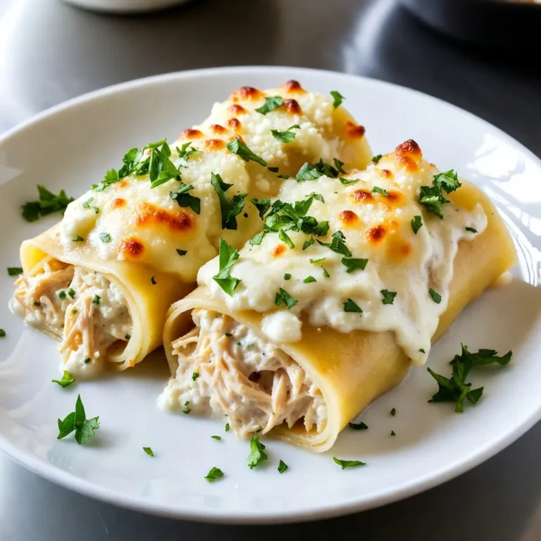 - 8-10 lasagna noodles - 2 cups cooked chicken breast, shredded - 2 cups ricotta cheese - 1 cup grated mozzarella cheese - 1 cup grated Parmesan cheese - 2 cups Alfredo sauce - 1 teaspoon garlic powder - 1 teaspoon Italian seasoning - Salt and pepper to taste - Fresh parsley, chopped These main ingredients create a rich and creamy dish. The chicken adds protein, while the cheeses give it that gooey texture we love. The Alfredo sauce ties everything together, making each bite comforting. - Spinach or kale for added nutrition - Extra herbs for flavor - Different cheese types like gouda or cheddar Adding spinach or kale boosts the health factor. Extra herbs can lift the flavors, making your roll-ups unique. Feel free to mix and match cheeses to suit your taste. - Use turkey instead of chicken for a lighter option - Swap ricotta with cottage cheese for a different texture - Replace Alfredo sauce with a homemade white sauce or pesto These substitutions keep the dish easy and tasty. Turkey is a great way to switch things up. Cottage cheese offers a good protein boost, while white sauce or pesto can change the flavor completely. Don’t hesitate to get creative! {{ingredient_image_2}} First, grab a large pot and fill it with water. Add a good amount of salt to the water. Bring this pot to a boil over high heat. Once boiling, gently add the lasagna noodles. Cook them as per the package directions until they are al dente, which means they should still be firm. After cooking, carefully drain the noodles. Lay them flat on a clean surface or a baking sheet lined with parchment paper. This helps them cool and prevents sticking. In a large mixing bowl, combine the shredded chicken and ricotta cheese. Then, add half of the grated mozzarella and half of the grated Parmesan to the bowl. Sprinkle in the garlic powder and Italian seasoning. Don’t forget to add salt and pepper to taste. Use a wooden spoon to mix everything well. Keep stirring until the filling is smooth and creamy. This filling packs in all the flavor you want in each bite. Now, it’s time to roll! Take one cooled lasagna noodle and place it on a clean surface. Spread about 2-3 tablespoons of the chicken filling across the noodle's length. Starting from one end, gently roll the noodle tightly around the filling. Make sure it stays intact as you roll. When finished, place the rolled noodle seam side down in a baking dish. Repeat this for the remaining noodles and filling until all are rolled and snug in the dish. Before you start baking, preheat your oven to 375°F (190°C). This step is vital. A hot oven helps the cheese melt and the sauce bubble perfectly. Set your timer for a few minutes while you get everything ready. Now, let’s assemble the roll-ups. Take a lasagna noodle and lay it flat on a clean surface. Spread about 2-3 tablespoons of the chicken filling along the noodle's length. Start rolling from one end, keeping it tight as you go. Place the rolled noodle seam-side down in a baking dish. Repeat this with all the noodles until you fill the dish. Once all the noodles are rolled, pour the remaining Alfredo sauce over the top. Make sure each roll-up gets a nice coating. Then, sprinkle the rest of the mozzarella and Parmesan cheese on top. This will create a delicious cheesy crust when baked. Place the baking dish in your preheated oven. Bake the roll-ups for about 25-30 minutes. Look for golden cheese and bubbling sauce as signs that they are ready. Keep an eye on them to avoid burning. After baking, let the roll-ups cool for a few minutes. This waiting time helps the flavors meld together beautifully. Pro Tips Use Fresh Ingredients: Always opt for fresh herbs and high-quality cheeses to enhance the flavor of your lasagna roll-ups. Prevent Sticking: After cooking the lasagna noodles, lay them flat and separate them with a little olive oil to prevent sticking. Customize Your Fillings: Feel free to add vegetables such as spinach, mushrooms, or bell peppers to the filling for added nutrition and flavor. Let It Rest: Allow the roll-ups to rest for a few minutes after baking to help them hold their shape when serving. {{image_4}} To keep your lasagna noodles from sticking, you need to cool them properly. After cooking, drain the noodles and lay them flat on parchment paper. This helps them cool faster and keeps them separate. If you want extra protection, add a bit of olive oil to the noodles. Just a teaspoon can help a lot! For a great cheese melt, use fresh mozzarella. This cheese melts better than pre-shredded options. Mix the mozzarella with the Parmesan in the filling and again on top. When you bake the roll-ups, keep an eye on them. You want a golden top, but you don’t want to burn it. Bake until the cheese is bubbly and slightly browned. Serve your Chicken Alfredo Lasagna Rollups on warm plates. This helps keep them hot longer. Add extra Alfredo sauce on top for more creaminess. Garnish with chopped parsley for a pop of color. Pair these roll-ups with a light salad or garlic bread for a complete meal. Your guests will love it! You can easily swap the chicken for other proteins. Ground turkey works well and stays moist. If you prefer beef, use cooked ground beef. For a lighter option, consider shrimp. Just make sure to cook shrimp until it's opaque. Each option gives a new twist to this dish. If you want a meatless meal, you can create a tasty vegetarian version. Use spinach, mushrooms, and zucchini for the filling. These veggies add flavor and nutrition. You can also add some tofu for protein. Make sure to season the filling well for a burst of taste. While the classic Alfredo sauce is rich and creamy, you can change it up. A white cheese sauce or a homemade béchamel can work nicely. For a twist, try a pesto sauce. It adds a fresh flavor that pairs well with the noodles. You can also add herbs like basil or thyme for extra depth. Yes, you can make Chicken Alfredo Lasagna Rollups ahead. After you roll them, cover the dish with foil. Store it in the fridge for up to 24 hours. When ready to bake, you can cook them straight from the fridge. Just add a few extra minutes to the baking time. This makes meal prep easy for busy days. To store leftovers, let the rollups cool first. Place them in an airtight container and keep them in the fridge. They will stay fresh for about 3-4 days. You can also freeze them for up to 2 months. Just make sure to wrap them well to avoid freezer burn. When reheating, bake until hot and bubbly. Chicken Alfredo Lasagna Rollups pair well with many side dishes. A fresh salad adds crunch and color. Garlic bread is a great choice, too, for soaking up extra sauce. You can also serve steamed veggies for a healthy touch. Each option complements the rich, creamy flavors of the rollups nicely. In this post, we covered how to make Chicken Alfredo Lasagna Roll-Ups. We explored the main ingredients, optional ingredients, and substitutions to fit your tastes. You learned step-by-step instructions for preparing noodles, making the filling, and rolling the lasagna. We also discussed baking tips, variations, and answered common questions. These roll-ups are simple to make and fun to change up. Try them yourself; they are sure to impress! Enjoy your cooking adventure!