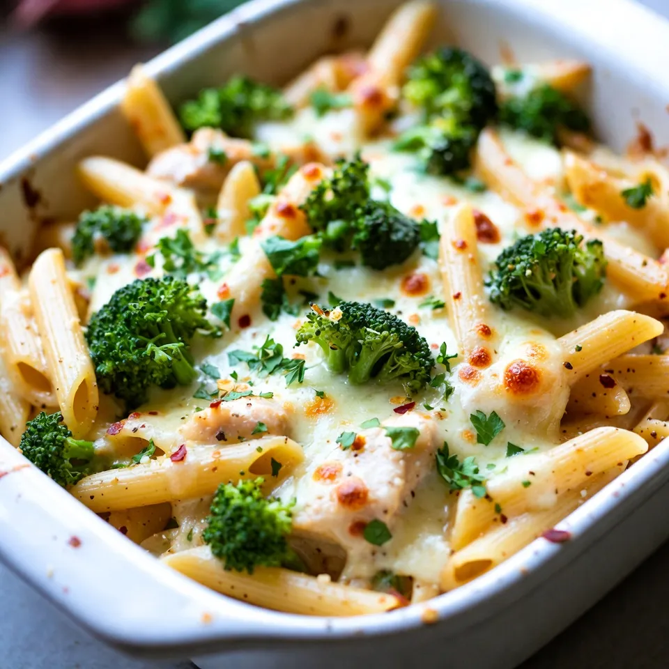 To make a tasty chicken broccoli pasta bake, gather these key ingredients: - 2 cups pasta (penne or rotini) - 2 cups cooked chicken, shredded - 2 cups broccoli florets (fresh or frozen) - 1 cup cream cheese, softened - 1 cup shredded mozzarella cheese, divided - ½ cup grated Parmesan cheese, divided - 1 cup chicken broth - 1 teaspoon garlic powder - 1 teaspoon onion powder - Salt and pepper to taste - 1 tablespoon olive oil for greasing - ½ teaspoon red pepper flakes (optional) These items create a blend of flavors. The cheese brings creaminess, while the chicken adds protein. The broccoli gives a nice crunch and color. After making the chicken broccoli pasta bake, you can store any leftovers. Keep it in an airtight container. Place it in the fridge. It will stay fresh for up to three days. You can swap some ingredients if needed. Here are a few ideas: - Use whole wheat pasta for a healthier option. - Substitute Greek yogurt for cream cheese for a lighter dish. - Try different cheeses like cheddar or gouda for unique flavors. - For a vegetarian version, replace chicken with chickpeas or tofu. These changes can help you customize the dish to your taste! {{ingredient_image_2}} - Preheat your oven to 375°F (190°C). Grease a 9x13 inch baking dish with olive oil. - Boil a large pot of salted water. Cook 2 cups of pasta until al dente, then drain. - Steam or blanch 2 cups of broccoli florets for about 3 minutes. They should be bright green and tender. Drain and set aside. - In a large bowl, mix 1 cup of softened cream cheese. Blend in 1 cup of chicken broth, 1 teaspoon garlic powder, 1 teaspoon onion powder, salt, and pepper. Use a hand mixer on low until smooth. - Gently fold in the shredded chicken, cooked pasta, and broccoli until coated with the cream cheese mixture. - Stir in half of the shredded mozzarella and half of the grated Parmesan. Mix until the cheese is evenly distributed. - Spread the mixture into your greased baking dish. Smooth the top with a spatula. - Sprinkle the remaining mozzarella and Parmesan evenly over the top. Add red pepper flakes if you want some heat. - Bake in the preheated oven for 25-30 minutes. The cheese should be bubbling and golden. - Once baked, take out the dish and let it cool for a few minutes. This helps the flavors come together. - Serve hot and gooey, straight from the dish. You can add freshly chopped parsley or basil for color. Offer extra cheese on the side for those who love it cheesy! To get the best texture, cook your pasta al dente. This means it should be firm but not hard. When you bake it, the pasta will soften more. If you overcook it, it may turn mushy. Steam or blanch the broccoli just until bright green. This keeps it crisp and fresh. Mix the ingredients gently. This way, you keep the chicken and broccoli pieces whole. Add layers of flavor to your dish. Use fresh garlic instead of garlic powder for a bolder taste. You can also try different herbs. Basil or thyme work well with chicken. For a kick, add red pepper flakes or a dash of hot sauce. You might even sprinkle some lemon zest for a bright finish. Always remember to season with salt and pepper during mixing. This helps bring all the flavors together. One common mistake is not greasing the baking dish. This can lead to sticking and a messy cleanup. Another mistake is not letting the dish cool before serving. This cooling time helps the dish hold its shape. Also, avoid using too much cream cheese. While it's delicious, too much can make it heavy. Lastly, don’t skip the cheese topping. It adds a lovely golden crust that everyone loves. Pro Tips Use Fresh Ingredients: Whenever possible, opt for fresh broccoli and cooked chicken to enhance the flavor and texture of your pasta bake. Mix Cheeses for Depth: Combining different types of cheese, like cheddar or gouda with mozzarella, can add a unique flavor profile to your dish. Customize Your Veggies: Feel free to add other vegetables, such as bell peppers or spinach, to increase the nutritional value and add color. Make Ahead: This recipe can be prepared in advance and stored in the fridge. Just bake it when you're ready to serve, adding a few extra minutes to the cooking time if it's chilled. {{image_4}} You can easily make a vegetarian version. Simply swap out the chicken for cooked lentils or chickpeas. This keeps the same protein punch without meat. You can also add more veggies. Consider bell peppers, carrots, or zucchini for color and flavor. Use the same creamy sauce to bind everything together. This way, you still enjoy a rich and satisfying meal. For a gluten-free meal, choose gluten-free pasta. Many brands offer great options that taste just as good. You can also use a gluten-free flour to thicken the sauce if needed. Ensure all your other ingredients are gluten-free too. Check labels on the cream cheese and broth. This way, everyone can enjoy the dish without worry. Feel free to mix up the cheeses! Instead of just mozzarella and Parmesan, try cheddar or gouda. Each cheese brings a unique flavor. You can also use a mix of cheeses for added depth. Don't hesitate to toss in other vegetables. Spinach, peas, or even artichoke hearts work well. This lets you play with flavors and textures, making your pasta bake special every time. To keep your Chicken Broccoli Pasta Bake fresh, store it in an airtight container. Let the dish cool completely before sealing it. If you have leftovers, they will last up to three days in the fridge. Make sure to place a piece of parchment paper between the lid and the dish to avoid moisture buildup. When you're ready to enjoy your leftovers, preheat your oven to 350°F (175°C). Place the pasta bake in an oven-safe dish. Cover it with foil to keep moisture in. Heat for about 20-25 minutes, or until it is hot all the way through. You can also reheat individual portions in the microwave for 2-3 minutes, but the oven gives a better texture. If you want to save some for later, freezing is a great option. First, let the dish cool completely. Then, cut it into portions and place them in freezer-safe containers or wraps. Label them with the date. You can freeze the pasta bake for up to three months. To reheat, thaw it overnight in the fridge, then bake it as mentioned above. Yes, you can use frozen broccoli. It saves time and is easy to use. Just add the frozen florets directly to the mix. There’s no need to thaw them first. They will cook well in the oven. This keeps the dish simple and fast. I recommend penne or rotini for this bake. Both shapes hold the sauce well. They also mix nicely with the chicken and broccoli. If you like, you can try other shapes too. Just make sure they are bite-sized. This makes serving and eating easier. To prepare this dish ahead, follow these steps. Make the pasta and mix the ingredients. Then, cover the dish tightly with foil. You can store it in the fridge for up to two days. When ready to cook, just preheat the oven. Bake as directed, adding a few extra minutes if cold. Enjoy the ease of a ready meal! In this post, we explored the key ingredients for Chicken Broccoli Pasta Bake, including storage options and substitutions. I detailed the preparation, cooking, and baking steps for a perfect dish. Tips and tricks offered insights into achieving the best texture and flavor while avoiding common mistakes. We also discussed tasty variations, storage methods, and frequently asked questions. This dish is easy to make and customize. Try your own flavors and enjoy!