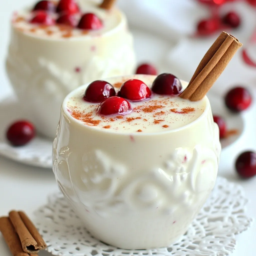 To create the perfect Cozy Cranberry Eggnog, you need simple, fresh ingredients. Here’s what you will need: - 4 cups whole milk - 1 cup heavy cream - 3/4 cup granulated sugar - 4 large eggs - 1 teaspoon pure vanilla extract - 1/2 teaspoon freshly ground nutmeg - 1 cup cranberry juice (preferably 100% juice) - Fresh cranberries and cinnamon sticks for garnish These ingredients blend to make a rich and creamy drink. The cranberry juice adds a bright flavor that makes this drink festive. When choosing cranberry juice, I recommend using a brand that is 100% juice. Look for brands that do not add extra sugars or preservatives. Some great options include Ocean Spray or Lakewood Organic. These juices have a clean taste that enhances your eggnog without overpowering it. Garnishes can elevate your drink. Here are some fun ideas for serving: - Fresh cranberries: They add a pop of color and a hint of tartness. - Cinnamon sticks: These make a lovely stirrer and bring warmth to the flavor. - A sprinkle of nutmeg: This adds a classic touch and enhances the cozy feel. Feel free to get creative with your garnishes. They not only look nice but also add extra flavor to your eggnog experience. {{ingredient_image_2}} 1. Start by whisking the eggs and sugar in a large bowl. Whisk until the mix turns pale yellow and creamy. This step adds richness to your eggnog. 2. Next, pour whole milk, heavy cream, and nutmeg into a medium saucepan. Heat it over medium heat. Stir often until it gets hot but does not boil. This helps blend the flavors. 3. Now, you need to temper the eggs. Slowly add the warm milk mix to the egg mixture while whisking constantly. This step warms the eggs without scrambling them. 4. Pour the mixture back into the saucepan. Cook over low heat, stirring gently for about 5-7 minutes. The mix should thicken and coat the back of a spoon. Avoid boiling; it can ruin the texture. 5. After thickening, remove the saucepan from heat. Stir in the vanilla extract and cranberry juice. This juice adds a tart flavor that balances the sweetness. 6. Let the eggnog cool to room temperature. Then, move it to the refrigerator. Chill for at least 2 hours to enhance the flavor. 7. Before serving, stir the chilled eggnog to remix any settled ingredients. Carefully pour it into glasses. Garnish with fresh cranberries and a cinnamon stick to add holiday cheer. Tempering the eggs is crucial in this recipe. It warms the eggs slowly, preventing them from scrambling. If you skip this step, your eggnog will have chunks of cooked egg, which is not pleasant. By gradually mixing the warm milk into the eggs, you ensure a smooth, creamy texture. This technique is key for achieving the perfect consistency in your eggnog. To get a smooth, rich eggnog, pay attention to your heat levels. Always use low heat when cooking the eggnog after combining the mixtures. Stir continually to prevent sticking or curdling. If you notice any lumps, you can strain the mixture through a fine sieve. This will help you achieve a silky finish. Lastly, remember that chilling the eggnog is essential. It allows the flavors to meld and improves the overall experience. To get the best flavor from your eggnog, use fresh ingredients. Choose high-quality whole milk and heavy cream. This will make your drink creamy and rich. Use 100% cranberry juice for a tart kick. The juice adds a bright flavor that balances the sweetness. Don’t skip the nutmeg; it adds warmth and depth. Mixing these flavors will give your eggnog a nice holiday spirit. One big mistake is boiling the mixture. If you let it boil, the eggs may scramble. This ruins the smooth texture you want. Another mistake is not whisking enough. Be sure to whisk the eggs and sugar until creamy. This step is key to achieving a rich and velvety consistency. Lastly, don’t forget to chill your eggnog. Cooling it enhances the flavors and makes it enjoyable. Serve your Cozy Cranberry Eggnog cold for the best experience. Chill it in the fridge for at least two hours. This allows the flavors to meld perfectly. If you prefer a warm drink, gently heat it on low heat. Just be careful not to boil it again. Pour it into festive mugs, and enjoy a cozy drink on a cold day! Pro Tips Temperature Matters: Always heat the milk and cream mixture until steaming, but not boiling, to properly infuse the flavors and avoid curdling the eggs. Chill Time: For the best flavor, allow the eggnog to chill for at least 2 hours, as this helps meld the flavors together beautifully. Perfect Garnish: Fresh cranberries and cinnamon sticks not only enhance the presentation but also add an extra layer of flavor to your eggnog. Nutmeg Freshness: Use freshly grated nutmeg for a more vibrant flavor, as pre-ground nutmeg can lose its potency over time. {{image_4}} You can make Cozy Cranberry Eggnog dairy-free. Use almond milk or coconut milk instead of whole milk and heavy cream. This change keeps the drink creamy and delicious. For a vegan version, replace eggs with a mix of silken tofu and a bit of turmeric for color. Add maple syrup instead of sugar for sweetness. If you want to make your eggnog more festive, add alcohol. Rum or bourbon pairs well with the flavors. Start with a cup for a mild kick. Adjust to your taste. Adding alcohol makes it a fun treat for adult gatherings. You can enhance the flavor of your eggnog with spices. Try adding a pinch of cinnamon or cardamom. These spices add warmth and depth. You can also use flavored extracts. Almond extract adds a lovely twist. Experiment with your favorite flavors to make it uniquely yours. After making your cozy cranberry eggnog, you might have some left over. To keep it fresh, pour the eggnog into a clean glass jar or container. Seal it tightly with a lid. Make sure to store it in the fridge. This will help keep it chilled and tasty for later. If you want to enjoy your eggnog warm, gently heat it. Pour the eggnog into a pot. Warm it over low heat, stirring often. Do not let it boil, as this can change its texture. If you prefer it cold, just pour it straight from the fridge into your glass. A good stir will help mix any settled bits. Cozy cranberry eggnog lasts about 3-4 days in the fridge. Always check for signs of spoilage. Look for any off smells, changes in color, or lumps. If you see any of these signs, it is best to toss it. Remember, fresh is best for taste! Yes, you can make Cozy Cranberry Eggnog ahead of time. I often prepare it the day before a gathering. This lets the flavors mix well. Just store it in the fridge in a sealed container. When you are ready, give it a good stir. Chill it for at least two hours before serving. This ensures a fresh and tasty drink for your guests. Using raw eggs can pose a risk of foodborne illness. To be safe, I recommend using pasteurized eggs. These eggs have been treated to kill bacteria. They are safe for making eggnog. If you cannot find pasteurized eggs, you can cook the eggnog mixture gently. This will ensure the eggs are safe to consume. Absolutely! You can adjust the sweetness to your taste. If you prefer a sweeter eggnog, add more sugar. You can also use maple syrup or honey as alternatives. Start with a small amount and taste as you go. This way, you can find the perfect sweetness for your Cozy Cranberry Eggnog. This article guides you through making Cozy Cranberry Eggnog. We discussed key ingredients, including the best cranberry juice and optional garnishes. The step-by-step instructions cover crucial points like tempering eggs. I shared tips to enhance flavor and avoid common mistakes. You can try fun variations, like vegan options or adding spices. Proper storage and reheating tips help your drink last longer. Embrace creativity and enjoy your holiday drink with loved ones!